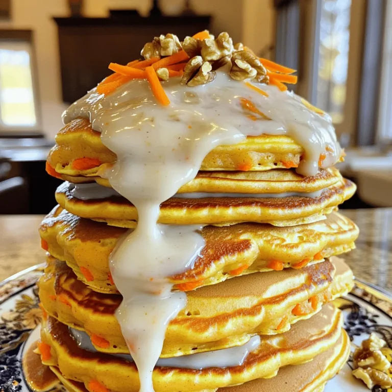 - 1 cup all-purpose flour - 1 teaspoon baking powder - 1/2 teaspoon baking soda - 1/2 teaspoon ground cinnamon - 1/4 teaspoon ground nutmeg - 1/4 teaspoon salt - 1 cup grated carrots (about 2 medium carrots) - 1/4 cup granulated sugar - 1/4 cup brown sugar, packed - 1 large egg - 1 cup buttermilk - 2 tablespoons vegetable oil - 1 teaspoon vanilla extract - 1/2 cup chopped walnuts - Ingredients for cream cheese glaze In this recipe, we use a mix of dry and wet ingredients to create our pancake batter. The dry ingredients include flour, baking powder, baking soda, and spices. These add flavor and help the pancakes rise. I love to use fresh spices like cinnamon and nutmeg. They make the pancakes smell amazing. The wet ingredients feature grated carrots, which give the pancakes their signature taste and texture. You’ll also find sugars, egg, buttermilk, and oil among them. Each one plays a vital role in making the pancakes moist and rich. Buttermilk adds a nice tang, too. If you want to add extra crunch, consider walnuts. They blend perfectly with the spices and sweetness. Remember, the cream cheese glaze is a must! It adds a creamy, delightful touch to every bite. Trust me, it complements the pancakes beautifully. Enjoy gathering these ingredients; they set the stage for a fun cooking experience! - In a large bowl, whisk together: - 1 cup all-purpose flour - 1 teaspoon baking powder - 1/2 teaspoon baking soda - 1/2 teaspoon ground cinnamon - 1/4 teaspoon ground nutmeg - 1/4 teaspoon salt This mix of dry ingredients gives the pancakes a great rise and flavor. - In another bowl, mix the wet ingredients until smooth: - 1 cup grated carrots (about 2 medium carrots) - 1/4 cup granulated sugar - 1/4 cup brown sugar, packed - 1 large egg - 1 cup buttermilk - 2 tablespoons vegetable oil - 1 teaspoon vanilla extract Combining these ingredients adds moisture and sweetness. - Pour the wet mix into the dry mix. Whisk gently until just combined. It’s okay if there are a few lumps. If you like, fold in 1/2 cup chopped walnuts for extra crunch and flavor. - Preheat a non-stick skillet over medium heat. Lightly grease it with cooking spray or a bit of oil. - Pour 1/4 cup of batter onto the skillet for each pancake. Cook for 2-3 minutes until bubbles form on the surface and edges look dry. - Carefully flip each pancake and cook for another 2-3 minutes until golden brown. Transfer them to a warm plate while you cook the rest. - In a bowl, combine the glaze ingredients: - 4 oz cream cheese, softened - 1/2 cup powdered sugar - 2 tablespoons milk - 1 teaspoon vanilla extract Mix well using a hand mixer or whisk until smooth and creamy. - If you want a thinner glaze, adjust the consistency by adding more milk as needed. Serve the warm pancakes drizzled with the cream cheese glaze for a delightful treat! To get the best texture, avoid overmixing the batter. When you mix, stop once you see a few lumps. This helps keep the pancakes fluffy. Also, use a hot non-stick skillet. Preheat it over medium heat for even cooking. A hot skillet ensures the pancakes brown nicely. If you have leftover pancakes, let them cool first. Place them in an airtight container. They will last in the fridge for about three days. To reheat, pop them in the microwave for 20-30 seconds. For the cream cheese glaze, store it in the fridge too. Keep it in a sealed container. It should last for up to a week. When ready to use, stir it to bring back the smooth texture. Garnishing your pancakes can make them more appealing. Try adding extra grated carrots on top. Chopped walnuts also add a nice crunch. Stack the pancakes high on a plate for a beautiful display. Serve them with a drizzle of maple syrup for extra sweetness. These pancakes are perfect for breakfast or brunch. Enjoy them with friends or family! {{image_2}} You can change up your carrot cake pancakes with seasonal spices. Try adding ginger for warmth or cardamom for a unique twist. You can also mix in fruits like pineapple or raisins. Pineapple gives a sweet and juicy bite, while raisins add chewy texture and extra sweetness. If you need gluten-free pancakes, use almond or coconut flour. These flours work great and keep the pancakes light. For a vegan option, replace the egg with a flaxseed meal or a ripe banana. Swap buttermilk for almond milk mixed with vinegar. This keeps the taste rich and creamy. Infuse your batter with citrus zest. A bit of orange or lemon zest brightens up the flavor. You can also add chocolate chips or coconut flakes for fun surprises in every bite. Chocolate pairs well with the sweetness of the carrots, while coconut gives a tropical feel. Carrot cake pancakes stay fresh in the fridge for about three days. Store them in an airtight container to keep them moist and tasty. For the cream cheese glaze, store it separately in the fridge. It lasts about a week. Just make sure to cover it tightly. To freeze pancakes, stack them with parchment paper between each one. Place the stack in a freezer bag or container. This keeps them from sticking together. When you want to eat them, reheat in the microwave or toaster. Heat them for about 30 seconds, or until warm. This method works well for long-term use. Do you have extra grated carrots? You can add them to salads or smoothies for a nutrient boost. They also work well in muffins or bread. If you have leftover cream cheese glaze, try it on brownies or as a dip for fruit. It adds a sweet touch to many desserts. Yes, you can make these pancakes ahead of time. To prep in advance: - Cook the pancakes and let them cool. - Stack them with parchment paper between each one. - Store them in an airtight container in the fridge for up to three days. - To reheat, place them in a toaster or microwave until warm. If you don’t have buttermilk, you can use: - Milk mixed with vinegar or lemon juice. Use 1 cup of milk and add 1 tablespoon of vinegar or lemon juice. - Yogurt, thinned with a bit of water or milk, works well too. - You can also use plant-based milk with a splash of vinegar for a dairy-free option. To check if pancakes are done, look for these signs: - Bubbles will form on the surface of the batter. - The edges of the pancakes will look slightly dry. - When flipped, they should be golden brown. These signs mean your pancakes are ready to enjoy! In this blog post, I covered how to make delicious carrot pancakes. You learned about the essential dry and wet ingredients, plus optional add-ins. I shared step-by-step cooking instructions and tips for storage. You can also explore variations and creative uses for leftovers. Now, it’s time to enjoy your pancakes! With these recipes and tips, you’ll impress everyone at breakfast or brunch. So grab those ingredients and get cooking!