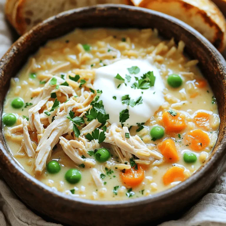 To make this delicious soup, gather these items: - 1 pound boneless, skinless chicken thighs - 1 cup uncooked brown rice - 1 medium onion, diced - 3 cloves garlic, minced - 3 carrots, diced - 2 celery stalks, diced - 4 cups chicken broth - 1 cup water - 1 teaspoon dried thyme - 1 teaspoon dried rosemary - 1 cup frozen peas - 1 cup heavy cream - Salt and pepper to taste - Fresh parsley for garnish You will need a slow cooker for this recipe. A 6-quart or larger model works best. You’ll also need measuring cups and spoons. A sharp knife helps with dicing the veggies. A cutting board is a must. Finally, have two forks ready for shredding the chicken. This soup is flexible. Here are some swaps you can try: - Chicken Thighs: Use chicken breasts if you prefer leaner meat. - Brown Rice: Quinoa or wild rice can add a unique twist. - Heavy Cream: Swap with coconut milk for a dairy-free option. - Vegetables: Add or replace veggies like peas with green beans or corn. - Chicken Broth: Use vegetable broth for a vegetarian version. These swaps help you fit the soup to your needs while keeping it tasty. Enjoy experimenting! Gather your ingredients first. You will need: - 1 pound boneless, skinless chicken thighs - 1 cup uncooked brown rice - 1 medium onion, diced - 3 cloves garlic, minced - 3 carrots, diced - 2 celery stalks, diced - 4 cups chicken broth - 1 cup water - 1 teaspoon dried thyme - 1 teaspoon dried rosemary - 1 cup frozen peas - 1 cup heavy cream - Salt and pepper to taste - Fresh parsley for garnish Start by dicing your onion, carrots, and celery. Mince the garlic. This prep makes cooking easier. You want everything ready before you begin. Place the chicken thighs at the bottom of the slow cooker. Next, layer the uncooked brown rice, diced onion, garlic, carrots, and celery on top of the chicken. Pour in the chicken broth and water. Make sure everything is covered. Sprinkle the dried thyme and rosemary over the mix. Add salt and pepper to taste. Cover the slow cooker. Cook on low for 6-8 hours or high for 3-4 hours. The chicken will become tender and juicy. Once the chicken is cooked, carefully take it out. Use two forks to shred it into bite-sized pieces. Return the shredded chicken to the pot. Now, stir in the frozen peas and heavy cream. Mix well to make everything creamy. Let the soup cook for an extra 15-20 minutes on low. This helps all the flavors blend. Taste the soup and adjust the seasoning if needed. Enjoy your soup warm. A sprinkle of fresh parsley on top adds a nice touch! To get the best creaminess in your soup, use heavy cream. Add it at the end of cooking. Let it warm through for about 15-20 minutes. This way, you keep the rich texture. If you want a lighter version, try using half-and-half. It will still be tasty and creamy. Fresh herbs can really lift your soup. I like to use parsley for garnish. It adds color and freshness. You can also add basil or thyme at the end of cooking. It gives a burst of flavor. Start with a small amount and taste as you go. One big mistake is overcooking the chicken. This can make it dry and tough. Always set your slow cooker timer. Another common mistake is not seasoning enough. Don’t be shy with salt and pepper. Taste before serving and adjust if needed. Lastly, don’t skip the cream; it makes a huge difference! {{image_2}} If you want a lighter version, consider using low-fat cream. You can swap heavy cream with half-and-half or evaporated milk. This change keeps the soup creamy but cuts down on fat. You can also add a splash of lemon juice for a bright flavor without adding calories. To make this soup vegetarian or vegan, replace the chicken with chickpeas or tofu. Use vegetable broth instead of chicken broth. For creaminess, try coconut milk or a cashew cream. These swaps keep the soup rich and satisfying while meeting dietary needs. Feel free to boost the nutrition by adding more vegetables. Spinach, kale, or bell peppers work great. Also, you can add spices like cumin or paprika for more depth. Just remember to adjust the liquid if you add a lot of veggies. This way, you keep the soup balanced and flavorful. To keep your soup fresh, let it cool down first. Place it in an airtight container. This helps prevent spills and keeps flavors intact. Store it in the fridge for up to three days. If you have a lot left, consider freezing some. Freezing is a great way to save soup for later. Use freezer-safe containers or bags. Make sure to leave some space at the top. The soup will expand when it freezes. It can last in the freezer for up to three months. When you're ready to enjoy it, just thaw it in the fridge overnight. Reheating is easy but be careful! Use a pot on low heat for best results. Stir gently while it warms up. If the soup seems thick, add a splash of chicken broth or water. This keeps it creamy and delicious. You can also microwave it, but stir every minute for even heating. Enjoy every warm bowl! Yes, you can use chicken breast. It will make the soup leaner. Chicken breast cooks faster than thighs. If you use it, check for doneness at 3 hours on high. The soup will still taste great! To make the soup dairy-free, replace heavy cream with coconut milk. You can also try almond milk or oat milk. These options will still give you a creamy texture. The soup will taste different, but still yummy! This soup pairs well with crusty bread for dipping. You can also serve it with a fresh salad. A simple green salad adds nice crunch and flavor. Rice or crackers on the side work too! This blog post covered key steps for making Slow Cooker Creamy Chicken Rice Soup. We looked at ingredients, cooking methods, and tips for a smooth texture. I shared ways to customize the dish for dietary needs, like vegetarian options. Proper storage and reheating methods help keep the soup fresh and tasty. In the end, cooking is about finding joy in the process. You can make this soup your own. Enjoy your cooking adventure!