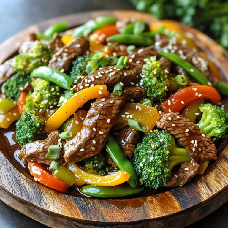 - 1 lb flank steak, thinly sliced against the grain - 2 tablespoons vegetable oil - 3 cloves garlic, minced - 1 inch ginger, grated - 1 bell pepper (red or yellow), sliced - 1 cup broccoli florets - 1 cup sugar snap peas - 1/4 cup soy sauce - 1/4 cup honey - 1 tablespoon cornstarch mixed with 2 tablespoons water (slurry) - 1 teaspoon sesame oil - Sesame seeds for garnish - Green onions, sliced for garnish The main ingredients are key to making this dish tasty. The flank steak brings a rich flavor. Garlic and ginger add warmth and depth. The veggies keep the dish bright and fresh. You can mix and match colors for a pretty plate. - Cooked rice or noodles - Extra sesame seeds - Chopped cilantro - Lime wedges Adding garnishes can make your dish pop. You can serve it over rice or noodles for a filling meal. Lime wedges give a nice zing, too. Fresh herbs like cilantro add a burst of flavor. - Large skillet or wok - Cutting board - Sharp knife - Mixing bowl - Measuring spoons - Wooden spatula Having the right tools helps you cook with ease. A large skillet or wok helps with even cooking. A sharp knife makes slicing meat and veggies quick. Use a mixing bowl to marinate the beef, making clean-up simple. To marinate the beef, start with a bowl. Add 1 lb of thinly sliced flank steak. Pour in 1/4 cup of soy sauce and 1/4 cup of honey. Add 3 cloves of minced garlic. Mix well to coat all the beef. Let it sit for at least 15 minutes. If you have more time, let it marinate for up to 30 minutes. This step makes the beef tender and flavorful. Next, heat 2 tablespoons of vegetable oil in a large skillet or wok. Use medium-high heat until the oil shimmers. Take the marinated beef out of the bowl, but keep the marinade. Add the beef to the pan and stir-fry for about 3 to 4 minutes. Cook until the beef is browned but not fully done. Remove the beef from the pan and set it aside. This helps keep the beef juicy. In the same pan, add more oil if needed. Toss in 1 inch of grated ginger first, then the sliced bell pepper, 1 cup of broccoli florets, and 1 cup of sugar snap peas. Stir-fry for 3 to 5 minutes. You want the veggies to be tender but still crisp. After that, return the beef to the pan. Pour in the reserved marinade. Cook for another 2 minutes. Add a cornstarch slurry made from 1 tablespoon of cornstarch mixed with 2 tablespoons of water. Stir well and let it thicken for a minute. Finally, drizzle 1 teaspoon of sesame oil over everything and mix. Now, your stir fry is ready to serve! To get the best stir-fry texture, cut the beef thinly. This helps it cook fast. Always slice against the grain. This makes the beef tender. Use high heat when cooking. A hot pan gives a nice sear. Do not overcrowd the pan. Cook in batches if needed. This keeps the beef juicy and prevents steaming. Marinating beef adds flavor. Combine soy sauce, honey, and garlic in a bowl. Place the sliced beef in the marinade. Let it sit for at least 15 minutes. For more flavor, you can marinate for 30 minutes. Use a resealable bag for less mess. Make sure all the beef is coated well. This helps the flavors seep in. You can change the sweetness by adding more or less honey. If you like it sweeter, add a bit more honey. For less sweetness, cut back on honey. Adjusting saltiness is easy too. Add more soy sauce for a saltier taste. If it’s too salty, add a splash of water. Taste as you go to find your perfect balance. {{image_2}} You can make this dish vegetarian by using tofu instead of beef. Tofu is a great protein source. First, press the tofu to remove excess water. Cut it into cubes and marinate it. Use the same marinade as the beef for good flavor. Stir-fry the tofu in the pan until it is golden brown. Then, add your veggies and sauce just as you would with beef. This makes for a tasty and filling meal. If you want a different protein, try chicken or shrimp. Chicken breast works well when cut into thin strips. Shrimp cooks quickly and adds a nice texture. Just adjust the cooking time. For chicken, stir-fry until fully cooked. For shrimp, cook until they turn pink. Both options will absorb the honey garlic sauce nicely. Feel free to mix and match your vegetables. You can use carrots, snap peas, or mushrooms. Each veggie adds a unique taste and crunch. Try adding zucchini or asparagus for a fresh twist. The key is to keep the colors bright and the textures varied. This makes your stir-fry more appealing and fun. Just remember to cook the veggies until they are tender but still crisp. After you enjoy your Honey Garlic Beef Stir Fry, let it cool. Next, place it in an airtight container. Store it in the fridge for up to three days. Make sure to keep it sealed to avoid any strange smells. If you want to save some for later, freezing is a great option. First, let the stir fry cool completely. Then, put it in a freezer-safe container. You can also use freezer bags. Squeeze out the air before sealing. It will keep in the freezer for up to three months. When you are ready to eat your leftovers, there are a few ways to reheat them. The best method is to use a skillet. Heat it over medium heat and add a splash of oil. Stir fry the leftovers for about 5-7 minutes until warmed through. You can also use the microwave for a quick option. Just heat it in 30-second bursts, stirring in between. Enjoy your meal! Yes, you can use other cuts of beef. Options like sirloin or ribeye work well. Just slice them thinly. This ensures quick cooking. Flank steak is great, but you can explore flavors with other cuts too. To spice up the sauce, add red pepper flakes. Start with half a teaspoon. You can also use sriracha or chili paste for heat. Add to the marinade or at the end for more kick. Adjust to your taste. Serve this dish with rice or noodles. Steamed white rice works well. You can also try brown rice for a healthier option. Adding a side salad or spring rolls makes a great meal too. Store leftovers in an airtight container. They stay fresh for 3 to 4 days in the fridge. Make sure to cool them down before sealing. Reheat in a pan or microwave when ready to eat. Yes, you can prep ingredients in advance. Marinate the beef and chop veggies the day before. Store them separately in the fridge. Then, you can cook the stir fry quickly when ready to eat. In this post, we covered making Honey Garlic Beef Stir Fry. You learned about key ingredients, cooking steps, and handy tips. We also explored variations for different diets and how to store leftovers. Remember, you can adjust flavors to suit your taste. Feel free to experiment with veggies or proteins. This dish is flexible and fun to make. Enjoy creating your own version of this tasty stir-fry!