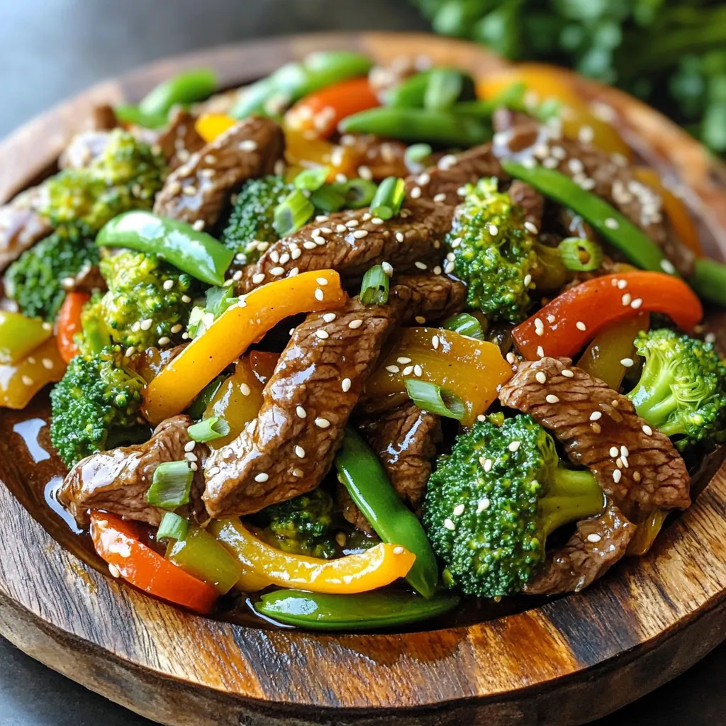 - 1 lb flank steak, thinly sliced against the grain - 2 tablespoons vegetable oil - 3 cloves garlic, minced - 1 inch ginger, grated - 1 bell pepper (red or yellow), sliced - 1 cup broccoli florets - 1 cup sugar snap peas - 1/4 cup soy sauce - 1/4 cup honey - 1 tablespoon cornstarch mixed with 2 tablespoons water (slurry) - 1 teaspoon sesame oil - Sesame seeds for garnish - Green onions, sliced for garnish The main ingredients are key to making this dish tasty. The flank steak brings a rich flavor. Garlic and ginger add warmth and depth. The veggies keep the dish bright and fresh. You can mix and match colors for a pretty plate. - Cooked rice or noodles - Extra sesame seeds - Chopped cilantro - Lime wedges Adding garnishes can make your dish pop. You can serve it over rice or noodles for a filling meal. Lime wedges give a nice zing, too. Fresh herbs like cilantro add a burst of flavor. - Large skillet or wok - Cutting board - Sharp knife - Mixing bowl - Measuring spoons - Wooden spatula Having the right tools helps you cook with ease. A large skillet or wok helps with even cooking. A sharp knife makes slicing meat and veggies quick. Use a mixing bowl to marinate the beef, making clean-up simple. To marinate the beef, start with a bowl. Add 1 lb of thinly sliced flank steak. Pour in 1/4 cup of soy sauce and 1/4 cup of honey. Add 3 cloves of minced garlic. Mix well to coat all the beef. Let it sit for at least 15 minutes. If you have more time, let it marinate for up to 30 minutes. This step makes the beef tender and flavorful. Next, heat 2 tablespoons of vegetable oil in a large skillet or wok. Use medium-high heat until the oil shimmers. Take the marinated beef out of the bowl, but keep the marinade. Add the beef to the pan and stir-fry for about 3 to 4 minutes. Cook until the beef is browned but not fully done. Remove the beef from the pan and set it aside. This helps keep the beef juicy. In the same pan, add more oil if needed. Toss in 1 inch of grated ginger first, then the sliced bell pepper, 1 cup of broccoli florets, and 1 cup of sugar snap peas. Stir-fry for 3 to 5 minutes. You want the veggies to be tender but still crisp. After that, return the beef to the pan. Pour in the reserved marinade. Cook for another 2 minutes. Add a cornstarch slurry made from 1 tablespoon of cornstarch mixed with 2 tablespoons of water. Stir well and let it thicken for a minute. Finally, drizzle 1 teaspoon of sesame oil over everything and mix. Now, your stir fry is ready to serve! To get the best stir-fry texture, cut the beef thinly. This helps it cook fast. Always slice against the grain. This makes the beef tender. Use high heat when cooking. A hot pan gives a nice sear. Do not overcrowd the pan. Cook in batches if needed. This keeps the beef juicy and prevents steaming. Marinating beef adds flavor. Combine soy sauce, honey, and garlic in a bowl. Place the sliced beef in the marinade. Let it sit for at least 15 minutes. For more flavor, you can marinate for 30 minutes. Use a resealable bag for less mess. Make sure all the beef is coated well. This helps the flavors seep in. You can change the sweetness by adding more or less honey. If you like it sweeter, add a bit more honey. For less sweetness, cut back on honey. Adjusting saltiness is easy too. Add more soy sauce for a saltier taste. If it’s too salty, add a splash of water. Taste as you go to find your perfect balance. {{image_2}} You can make this dish vegetarian by using tofu instead of beef. Tofu is a great protein source. First, press the tofu to remove excess water. Cut it into cubes and marinate it. Use the same marinade as the beef for good flavor. Stir-fry the tofu in the pan until it is golden brown. Then, add your veggies and sauce just as you would with beef. This makes for a tasty and filling meal. If you want a different protein, try chicken or shrimp. Chicken breast works well when cut into thin strips. Shrimp cooks quickly and adds a nice texture. Just adjust the cooking time. For chicken, stir-fry until fully cooked. For shrimp, cook until they turn pink. Both options will absorb the honey garlic sauce nicely. Feel free to mix and match your vegetables. You can use carrots, snap peas, or mushrooms. Each veggie adds a unique taste and crunch. Try adding zucchini or asparagus for a fresh twist. The key is to keep the colors bright and the textures varied. This makes your stir-fry more appealing and fun. Just remember to cook the veggies until they are tender but still crisp. After you enjoy your Honey Garlic Beef Stir Fry, let it cool. Next, place it in an airtight container. Store it in the fridge for up to three days. Make sure to keep it sealed to avoid any strange smells. If you want to save some for later, freezing is a great option. First, let the stir fry cool completely. Then, put it in a freezer-safe container. You can also use freezer bags. Squeeze out the air before sealing. It will keep in the freezer for up to three months. When you are ready to eat your leftovers, there are a few ways to reheat them. The best method is to use a skillet. Heat it over medium heat and add a splash of oil. Stir fry the leftovers for about 5-7 minutes until warmed through. You can also use the microwave for a quick option. Just heat it in 30-second bursts, stirring in between. Enjoy your meal! Yes, you can use other cuts of beef. Options like sirloin or ribeye work well. Just slice them thinly. This ensures quick cooking. Flank steak is great, but you can explore flavors with other cuts too. To spice up the sauce, add red pepper flakes. Start with half a teaspoon. You can also use sriracha or chili paste for heat. Add to the marinade or at the end for more kick. Adjust to your taste. Serve this dish with rice or noodles. Steamed white rice works well. You can also try brown rice for a healthier option. Adding a side salad or spring rolls makes a great meal too. Store leftovers in an airtight container. They stay fresh for 3 to 4 days in the fridge. Make sure to cool them down before sealing. Reheat in a pan or microwave when ready to eat. Yes, you can prep ingredients in advance. Marinate the beef and chop veggies the day before. Store them separately in the fridge. Then, you can cook the stir fry quickly when ready to eat. In this post, we covered making Honey Garlic Beef Stir Fry. You learned about key ingredients, cooking steps, and handy tips. We also explored variations for different diets and how to store leftovers. Remember, you can adjust flavors to suit your taste. Feel free to experiment with veggies or proteins. This dish is flexible and fun to make. Enjoy creating your own version of this tasty stir-fry!