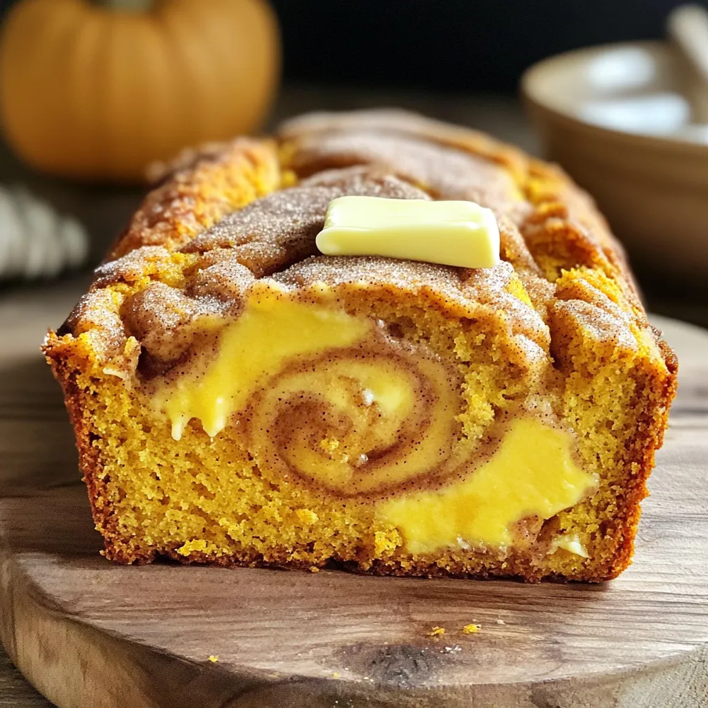 To make Pumpkin Cinnamon Swirl Bread, you will need: - 2 cups all-purpose flour - 1 cup pumpkin puree (canned or fresh) - 1/2 cup granulated sugar - 1/2 cup brown sugar, packed - 1/2 cup unsalted butter, softened - 2 large eggs - 1/2 cup whole milk - 1 teaspoon vanilla extract - 1 teaspoon baking powder - 1 teaspoon baking soda - 1 teaspoon ground cinnamon - 1/2 teaspoon ground nutmeg - 1/2 teaspoon ground ginger - 1/2 teaspoon salt - 1/4 cup granulated sugar (for cinnamon swirl) - 1 tablespoon ground cinnamon (for cinnamon swirl) Measuring ingredients correctly is key for great bread. Here’s how to measure: - Cups: Use a dry measuring cup for flour and sugar. Scoop and level off. - Teaspoons and Tablespoons: Use measuring spoons for small amounts. - Weight: If you have a kitchen scale, use it for better accuracy. Choosing the right ingredients makes a big difference. Here are some tips: - Flour: Use all-purpose flour for the best texture. Brands may vary, so try a few to find your favorite. - Pumpkin: Fresh pumpkin gives great flavor, but canned is easy and works well. - Butter: Always use unsalted butter. It controls the salt in your recipe. - Spices: Fresh spices enhance the taste. Check their dates; old spices lose flavor. - Sugars: Use packed brown sugar for richness. Granulated sugar adds sweetness. These tips help create a soft, moist loaf with a lovely swirl. Enjoy every bite of this fall treat! First, preheat your oven to 350°F (175°C). This step warms the oven for even baking. Next, take a 9x5 inch loaf pan and grease it. You can use non-stick spray or butter. This helps the bread come out easily after baking. In a large bowl, gather your dry ingredients. Combine the flour, baking powder, baking soda, cinnamon, nutmeg, ginger, and salt. Whisk them together until well mixed. This step is key for even flavor and texture. In a separate bowl, cream the softened butter with granulated and brown sugar. Use a mixer for about 2-3 minutes. The mixture should look light and fluffy. This adds air and helps the bread rise. Now it's time to add the wet ingredients. Beat in the eggs one at a time. Then, mix in the pumpkin puree, whole milk, and vanilla extract. Stir until the mixture is smooth. This will make your bread moist and flavorful. In a small bowl, mix together the 1/4 cup of granulated sugar and 1 tablespoon of ground cinnamon. Set this mixture aside. It will create that delicious, sweet swirl in the bread. Pour half of the pumpkin batter into the greased loaf pan. Sprinkle half of the cinnamon sugar mixture evenly over the batter. Next, pour the rest of the batter on top. Finally, sprinkle the remaining cinnamon sugar on the top layer. Use a knife or skewer to swirl the mixture gently. Make sure not to overmix; you want those beautiful swirls! Now, place the loaf pan in the preheated oven. Bake for 55-65 minutes. Check it by inserting a toothpick into the center. If it comes out clean, your bread is ready. After baking, take the bread out of the oven. Let it cool in the pan for about 10 minutes. Then, transfer it to a wire rack to cool completely. Once cool, slice it up. Enjoy your Pumpkin Cinnamon Swirl Bread warm or at room temperature! To get a soft bread, use room temperature butter and eggs. This helps mix better. Be careful not to overmix the batter. Mix just until you see no dry flour. Overmixing makes the bread tough. A light hand gives you that perfect, fluffy texture. If you have extra bread, let it cool completely first. Wrap it tightly in plastic wrap. This keeps it fresh and soft. You can also store it in an airtight container. It stays good at room temperature for about three days. For longer storage, freeze it. Slice it before freezing for easy snacks later. Want to change it up? Try adding chopped nuts or chocolate chips to the batter. Walnuts or pecans add nice crunch. For more spice, swap in different spices like allspice or cardamom. You can also reduce the sugar for a less sweet bread. Each change offers a new twist on this classic treat. {{image_2}} You can make this bread gluten-free. Use a gluten-free flour blend instead of all-purpose flour. Look for blends that contain xanthan gum. This will help the bread rise and hold its shape. Follow the same steps in the recipe, and you’ll enjoy a tasty gluten-free treat. Want to make your bread fun? Add nuts or chocolate chips! Chopped pecans or walnuts add crunch and flavor. You can also sprinkle in chocolate chips for a sweet twist. Mix them in when you combine the wet and dry ingredients. This adds texture and makes each slice extra special. Feel free to play with spices! Instead of just cinnamon, try adding allspice or cardamom. You can also use pumpkin pie spice for a warm flavor. Change the nutmeg or ginger amounts to match your taste. This lets you create a unique bread that suits your mood! To keep your pumpkin cinnamon swirl bread fresh, store it in an airtight container. This helps keep moisture in and prevents it from drying out. You can also wrap the loaf in plastic wrap or aluminum foil. For best results, place it in a cool, dry place. If you want it to last longer, the fridge is a good option. Just remember to let it cool completely before storing to avoid sogginess. Freezing is an excellent way to save leftover bread. To freeze, first, slice the bread. Then, wrap each slice tightly in plastic wrap. After that, place the slices in a freezer bag. Remove as much air from the bag as possible. You can freeze the bread for up to three months. When you're ready to eat, simply thaw it in the fridge overnight or at room temperature for a few hours. To enjoy that fresh-baked taste again, reheat your slices. You can use a toaster, oven, or microwave. For the toaster, just pop in a slice and toast until warm. If you use the oven, preheat it to 350°F (175°C) and heat the slices for about 10 minutes. For the microwave, heat for 15-20 seconds. Add a pat of butter for extra flavor and warmth! Yes, you can use fresh pumpkin. First, cook the pumpkin until soft. Then, mash it well. You need about one cup of puree. It adds a bright flavor. Just make sure it's smooth. To make it dairy-free, swap the butter with coconut oil or a dairy-free spread. Use almond milk or oat milk instead of whole milk. These swaps keep the bread moist and tasty. You can use flaxseed meal or chia seeds as an egg substitute. Mix one tablespoon of flaxseed or chia with three tablespoons of water. Let it sit for five minutes to thicken. This will act like one egg. The bread lasts about four to five days at room temperature. Store it in an airtight container. You can also keep it in the fridge for up to a week. Yes, you can make the bread in advance. Bake it and let it cool completely. Wrap it tightly and store it at room temperature. You can also freeze it for up to three months. Just thaw it overnight in the fridge before serving. You learned about the key ingredients and steps to make delicious pumpkin cinnamon swirl bread. With tips for texture, storage, and variations, you can enjoy this treat in many ways. Remember, you can personalize it by adding nuts or using gluten-free options. Keep these methods in mind for the best results. Now, get baking, and enjoy every slice of your tasty creation!