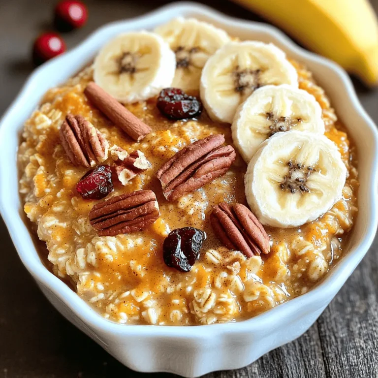 When making slow cooker pumpkin oatmeal, you need just a few key ingredients. Here’s what to gather: - 1 cup rolled oats - 1 cup canned pumpkin puree - 4 cups almond milk (or any milk of your choice) - 1/4 cup maple syrup (or honey) - 1 teaspoon vanilla extract - 1 teaspoon ground cinnamon - 1/2 teaspoon ground nutmeg - 1/4 teaspoon salt - 1/2 cup chopped pecans or walnuts (optional) - 1/2 cup dried cranberries or raisins (optional) - Fresh fruit for topping (e.g. banana slices or apple pieces) These ingredients come together to create a warm, comforting meal. The rolled oats provide a hearty base, while pumpkin puree adds creamy texture and flavor. Almond milk makes it rich and smooth, and maple syrup sweetens it just right. The spices like cinnamon and nutmeg give it that cozy fall taste. If you love crunch, add nuts or dried fruit for extra texture. Finally, fresh fruit on top brightens up each bowl. You can mix and match as you like! To start, gather your ingredients. In your slow cooker, combine: - 1 cup rolled oats - 1 cup canned pumpkin puree - 4 cups almond milk (or any milk of your choice) - 1/4 cup maple syrup (or honey) - 1 teaspoon vanilla extract - 1 teaspoon ground cinnamon - 1/2 teaspoon ground nutmeg - 1/4 teaspoon salt Stir everything well to mix. If you like, fold in 1/2 cup chopped pecans or walnuts and 1/2 cup dried cranberries or raisins. This adds great flavor and texture. After mixing, cover the slow cooker and set the cooking time. For a creamy oatmeal, choose your cooking time. Set the slow cooker on low for 6-8 hours. If you’re in a hurry, choose the high setting for 3-4 hours. Both methods yield delicious results. When your oatmeal is cooked, stir it gently. This helps create a smooth texture. If you want a thinner oatmeal, add a splash of almond milk. Serve it warm in bowls, topped with fresh fruit like banana slices or apple pieces. Drizzle more maple syrup on top if you wish. - Choosing the right oats: Use rolled oats for the best texture. Instant oats cook too quickly and turn mushy. Steel-cut oats take longer to cook and won’t give the same creamy finish. - Adjusting sweetness: Maple syrup adds a nice flavor. Start with 1/4 cup. You can add more later if you want it sweeter. Honey is a great alternative if you prefer. - Ensuring creaminess: Almond milk works well. If you want it creamier, use whole milk or a creamier plant-based milk. Stir in a bit more milk after cooking for your perfect consistency. - Topping ideas: Fresh fruit like banana slices or apple pieces adds brightness. Nuts like pecans or walnuts give a nice crunch. Dried fruit such as cranberries or raisins brings extra sweetness. - Variations for added flavor: Try adding a pinch of ginger or cloves for spice. You can also mix in a scoop of nut butter for a rich flavor boost. Another idea is to stir in dark chocolate chips for a sweet surprise! {{image_2}} You can easily make slow cooker pumpkin oatmeal fit your diet. For a vegan option, simply use almond milk and maple syrup. Both are plant-based and tasty. You can replace honey with more maple syrup. This keeps the oatmeal sweet and delicious. If you need gluten-free oatmeal, choose certified gluten-free rolled oats. Many brands offer them. This way, you enjoy the same creamy texture without worry. Always check labels to ensure no gluten sneaks in. Spices can change the game for your oatmeal. Cinnamon is great, but you can add more! Try ginger, cloves, or cardamom to spice things up. Just a pinch can add warmth and depth. Mix and match to find your favorite blend. You can also explore other mix-ins. Consider adding shredded coconut for a tropical twist. Chopped apples or pears give a fresh crunch. For extra sweetness, toss in chocolate chips or butterscotch chips. The options are endless! To store your slow cooker pumpkin oatmeal, let it cool first. Then, place it in an airtight container. It keeps well in the fridge for up to five days. When you are ready to eat, scoop out what you need. To reheat, use the microwave or heat it on the stove. Add a splash of almond milk to make it creamy again. Heat until warm, stirring often. You can freeze leftover oatmeal for later use. First, cool it completely. Then, divide it into portions and place it in freezer-safe bags or containers. Remove as much air as you can. This helps prevent freezer burn. It can last up to three months in the freezer. To thaw, move the container to the fridge overnight. For quicker thawing, you can use the microwave. Heat it in short bursts, stirring in between. Once thawed, reheat as you would for refrigerated oatmeal. Enjoy your cozy meal even when it’s cold outside! Can I make this oatmeal vegan? Yes, you can make this oatmeal vegan. Just use maple syrup as the sweetener. Almond milk works great, too. How can I adjust the recipe for larger servings? You can easily double the recipe. Just use 2 cups of oats and 8 cups of milk. Keep other ingredients in proportion. What would be a good substitute for almond milk? You may use any milk you like. Oat milk, soy milk, or coconut milk all work well. How long can I store leftovers? Store leftovers in the fridge for up to 5 days. Keep it in a sealed container to maintain freshness. Can I add protein powder to this recipe? Yes, you can add protein powder. Mix it in with the oats and other ingredients for a boost. What are some other toppings I could try? Try fresh fruits like bananas or apples. Nuts, seeds, or a dollop of yogurt also add great texture and flavor. You can make delicious slow cooker pumpkin oatmeal with simple ingredients. We covered the right oats, perfect spices, and cooking times. You learned how to adjust sweetness and serve with tasty toppings. Now you have the tools to create a warm and healthy meal. Enjoy exploring different mix-ins and flavors. Experimenting will make each bowl special. This oatmeal is not only easy to make but also fun to customize. Dive in and start cooking!