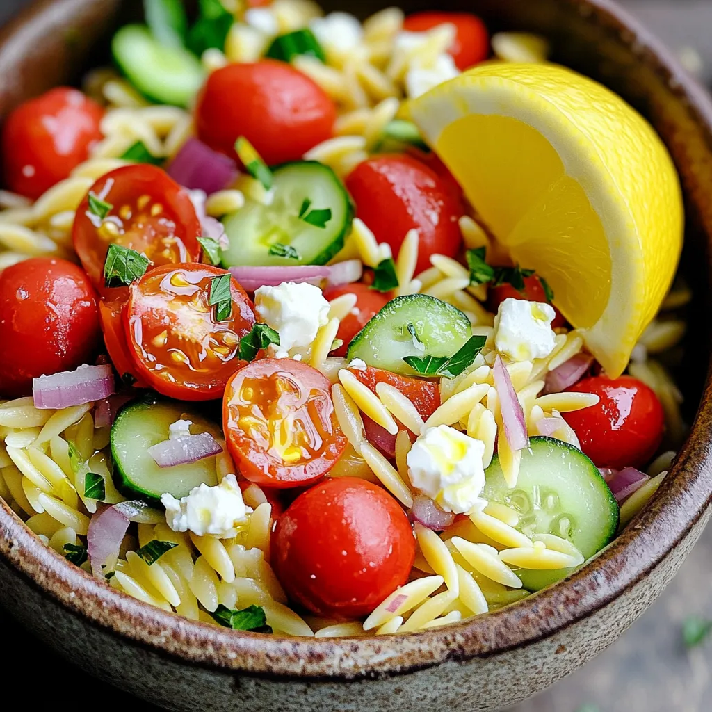 To make this tasty Greek Orzo Pasta Salad, you will need: - 1 cup orzo pasta - 2 cups vegetable broth - 1 cup cherry tomatoes, halved - 1 cucumber, diced - 1/2 red onion, finely chopped - 1/2 cup Kalamata olives, pitted and sliced - 1/2 cup feta cheese, crumbled - 1/4 cup fresh parsley, chopped - 3 tablespoons extra virgin olive oil - 2 tablespoons lemon juice - 1 teaspoon dried oregano - Salt and pepper to taste Fresh ingredients make this salad shine. They add bright colors and bold flavors. The cherry tomatoes should be ripe and juicy. A crisp cucumber enhances the crunch. Fresh parsley gives a nice herbal note. High-quality feta cheese adds creaminess. Using these fresh items makes the salad more inviting and tasty. If you have dietary needs, you can make swaps. For a gluten-free version, try quinoa or rice instead of orzo. If you need a vegan option, skip the feta and use avocado for creaminess. You can also use olives of your choice. For low-sodium diets, use low-sodium vegetable broth. These changes keep the salad delicious and enjoyable for everyone. To cook the orzo, start by boiling vegetable broth in a pot over medium heat. This broth gives the orzo a great taste. When the broth boils, add 1 cup of orzo pasta. Stir it gently to keep it from sticking. Cook the orzo for 8-10 minutes. You want it al dente, meaning it should still have a little bite. After cooking, drain the orzo in a colander. Rinse it under cold water. This stops the cooking and cools it down quickly. Set the cooled orzo aside for later. Next, let’s prepare the veggies and feta. In a large mixing bowl, combine the halved cherry tomatoes, diced cucumber, finely chopped red onion, and sliced Kalamata olives. These fresh veggies add crunch and flavor. Now, crumble the feta cheese over the top. Feta adds creaminess to the salad. Mix these ingredients gently. You want them combined but not crushed. Now, it’s time to make the dressing. In a small bowl, whisk together 3 tablespoons of extra virgin olive oil and 2 tablespoons of lemon juice. This combo gives the salad a bright taste. Add 1 teaspoon of dried oregano, salt, and pepper. Whisk until well mixed. Pour the dressing over the veggie mixture. Then, add the cooled orzo. Gently toss everything together. You want the dressing to coat all the ingredients well. Finally, top with chopped fresh parsley. Give it one last gentle toss before chilling the salad in the refrigerator for at least 30 minutes. This helps all the flavors blend beautifully. To make your orzo perfect, cook it al dente. This keeps the pasta firm. Bring your vegetable broth to a boil first. Stir the orzo in gently and cook for 8-10 minutes. After cooking, drain the orzo and rinse it with cold water. This halts the cooking and keeps it from getting mushy. Want to boost flavor? Use fresh herbs like basil or dill. You can swap Kalamata olives for green olives if you prefer. For a tangy twist, add a splash more lemon juice. If you don’t like feta, try goat cheese or even a vegan cheese. Each change can create a new taste. Serve your salad in a large bowl or in mason jars. This makes it look cute and fun. Top with extra parsley for a bright touch. Add lemon wedges on the side for a splash of color. A colorful presentation makes the salad more appetizing and appealing. {{image_2}} You can make Greek orzo pasta salad even more exciting with fun add-ins. Artichokes add a nice tang. They give a great texture that contrasts with the soft orzo. Sun-dried tomatoes bring a sweet and chewy burst of flavor. Try adding roasted red peppers for a smoky touch. You can even toss in some capers for that salty pop. These flavors all mix well with the classic ingredients. If you want your salad to fill you up, add some protein. Grilled chicken is a great choice. It is juicy and adds a nice grill flavor. Chickpeas are a wonderful plant-based option. They make the salad hearty and bring extra fiber. You can also use shrimp for a seafood twist. Just make sure to cook it well and add it warm to the salad. Each of these proteins enhances the dish while keeping it fresh. While the olive oil and lemon dressing is tasty, don’t be afraid to mix it up. Try a balsamic vinaigrette for a sweeter option. It pairs well with the salty feta and olives. A yogurt-based dressing can also work, adding creaminess and tang. For a spicy kick, add some chili flakes to the dressing. You can even use tahini for a nutty flavor. Experiment with these different dressings to find your favorite! To store your Greek Orzo Pasta Salad, place it in an airtight container. Make sure the lid seals tightly to keep the salad fresh. You can keep it in the fridge for up to three days. This way, you can enjoy those tasty flavors again! Freezing is not the best option for this salad. The texture of the orzo and veggies can change when frozen. If you must freeze it, only freeze the orzo by itself. Store it in a freezer-safe bag. When ready to eat, thaw it and mix with fresh veggies and dressing. You can serve the salad cold right from the fridge. It tastes great that way! If you prefer it warm, heat the orzo gently on the stove. Add a splash of olive oil to keep it moist. Mix in fresh veggies and dressing just before serving. Enjoy your delicious Greek Orzo Pasta Salad! Yes, you can make this salad ahead of time. In fact, it tastes better after chilling. The flavors mix well when it sits. I suggest making it a few hours before serving. Just cover it and place it in the fridge. This salad can stay fresh for up to three days. If you cannot find orzo, you can use other small pasta shapes. Some good options are ditalini, fregola, or even couscous. Quinoa can also work if you want a gluten-free option. These alternatives will give you a similar texture and taste. Traditional orzo pasta is not gluten-free. If you want a gluten-free version, choose gluten-free orzo or another gluten-free pasta. You can also use grains like quinoa or brown rice. Ensure all other ingredients are gluten-free as well. In this article, we explored how to make Greek Orzo Pasta Salad. We discussed key ingredients, stressing the need for fresh ones. I shared steps for cooking orzo and making a tasty dressing. You learned tips for texture, flavor, and presentation. We also looked at variations and storage advice. You can easily customize this dish for your taste. Enjoy making it with fresh ingredients, and share it with friends for a delightful meal.