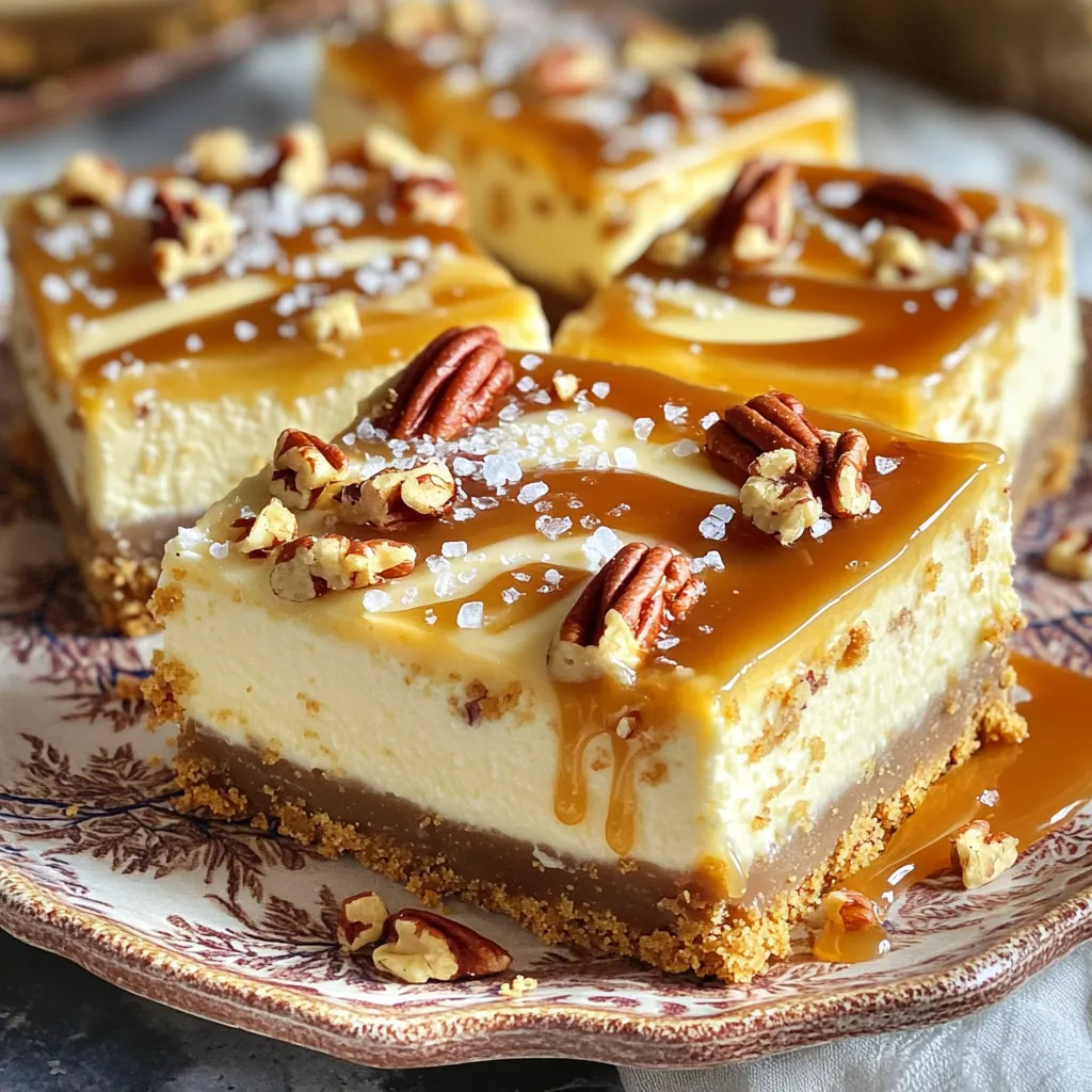 - 1 ½ cups graham cracker crumbs - ½ cup unsalted butter, melted - 1 tablespoon sugar - 2 (8 oz) packages cream cheese, softened - 1 cup granulated sugar - 2 large eggs - 1 teaspoon vanilla extract - 1 cup pecans, chopped - 1 cup caramel sauce (store-bought or homemade) - Sea salt for garnish When you gather your ingredients, choose high-quality items for the best flavor. Use full-fat cream cheese for a rich and creamy filling. It creates a smooth texture and rich taste. For the caramel sauce, you can use store-bought or make your own. Homemade caramel can add a special touch. Make sure your pecans are fresh and chopped evenly. This helps with both taste and texture. You can also toast them lightly for extra flavor. The graham cracker crumbs should be fine to create a sturdy crust. This balance of ingredients makes your dessert truly irresistible. To start, preheat your oven to 350°F (175°C). Line an 8x8 inch baking dish with parchment paper. Leave some overhang for easy removal later. In a medium bowl, mix 1 ½ cups of graham cracker crumbs, ½ cup of melted unsalted butter, and 1 tablespoon of sugar. Stir until the mixture is crumbly and well combined. Press this mixture into the bottom of the dish evenly. Bake it for 10 minutes. After baking, let the crust cool slightly. This step is key, as it helps the cheesecake stay firm. In a large mixing bowl, take 2 packages of softened cream cheese and blend them with 1 cup of granulated sugar. Use an electric mixer to beat this until it is smooth and creamy. Next, add 2 large eggs, mixing on low speed after each one. Finally, stir in 1 teaspoon of vanilla extract. To add some crunch, fold in 1 cup of chopped pecans gently. Pour this creamy mixture over the cooled crust and spread it out evenly. Now comes the fun part! Drizzle 1 cup of caramel sauce over the top of the cheesecake layer. Use a toothpick or knife to swirl it into the cream cheese mixture. This creates a beautiful marbled effect. Bake your creation for 30-35 minutes. You will know it’s done when the edges are set and the center has a slight jiggle. Once baked, remove it from the oven and let it cool to room temperature. Refrigerate it for at least 4 hours or, better yet, overnight. This will enhance the texture. When ready, lift the bars out using the parchment paper, cut them into squares, and enjoy! To make the best caramel pecan cheesecake bars, avoid some common mistakes: - Overmixing the cream cheese: This can make the bars too airy. Mix until just smooth. - Underbaking: Keep an eye on the time. The edges should be set but the center should jiggle slightly. - Not cooling properly: Let the bars cool to room temperature before chilling. This helps firm them up. For cooling and slicing, follow these best practices: - Chill for four hours or overnight: This makes for better texture and easier cutting. - Use a sharp knife: Dip it in hot water and wipe it clean between cuts. This gives you neat slices. For a great presentation, serve the bars on a decorative platter. You can: - Drizzle extra caramel sauce on top or on the side for dipping. - Garnish with chopped pecans and a sprinkle of sea salt for added flair. When it comes to pairing options, consider these: - Coffee: A cup of rich coffee brings out the flavors in the cheesecake. - Other desserts: Ice cream or whipped cream can add a nice touch. These tips will help you create delightful bars that impress every guest. {{image_2}} You can easily adapt this recipe to fit your needs. If you need a gluten-free option, swap the graham cracker crumbs for a gluten-free brand. This will still give you that nice crust without the gluten. For nut allergies, you can use crushed cookies instead of pecans. Almonds or walnuts work well too. You can even leave out the nuts if you prefer a smooth texture. Want to change the flavor? You can! Add melted chocolate to the cream cheese mix for a chocolate cheesecake. Swirl in some pumpkin puree for a seasonal twist in fall. You can also mix in spices like cinnamon or nutmeg to give it a warm flavor. To keep it festive, try adding crushed peppermint candies during the holidays. Experimenting with these variations can lead to a new favorite dessert. The possibilities are endless! To keep your caramel pecan cheesecake bars fresh, store them in the fridge. Use an airtight container for best results. This will prevent them from drying out or absorbing odors from other foods. If you want to freeze them, wrap each bar in plastic wrap, then place them in a freezer bag. - Shelf Life: - In the fridge, they last up to five days. - In the freezer, they can stay fresh for up to three months. When you want to enjoy leftovers, take them out of the fridge. Let them sit at room temperature for a few minutes. If you prefer them warm, use the oven. Set it to 300°F (150°C) and heat for about 10-15 minutes. - To maintain texture, avoid the microwave. It can make the bars too soft. - Serve with a drizzle of caramel sauce for extra yum! To cut cheesecake bars neatly, start with a sharp knife. Dip the knife in hot water to warm it. Wipe it dry after each cut. This keeps the edges clean and smooth. You can also use a ruler to mark even sections before cutting. It helps you get straight lines. For small pieces, use a smaller knife or a bench scraper. Yes, you can make these bars in advance. Prepare the bars up to the baking step. After baking, let them cool completely. Then, wrap them tightly with plastic wrap. Store them in the fridge for up to three days. You can also freeze them for up to three months. Just remember to thaw them in the fridge before serving. You can tell the cheesecake is done when the edges are set. The center should have a slight jiggle. It will firm up as it cools. If you see cracks on the surface, it may be overbaked. To check, gently shake the pan. If the filling wobbles slightly, it is ready to take out. In this post, we covered how to make delicious cheesecake bars. We looked at the key ingredients, step-by-step instructions, and tips for perfecting your bars. I shared options for variations and storage tips, ensuring your bars stay fresh. As you make these cheesecake bars, remember that practice makes perfect. Enjoy experimenting with flavors and sharing them with friends. Making cheesecake bars can be fun and rewarding. So gather your ingredients and get baking!