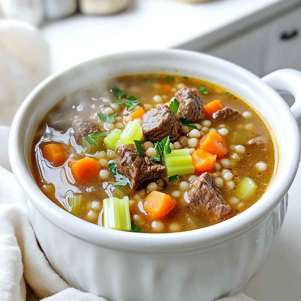 - 1 lb beef stew meat, cut into 1-inch cubes - 1 cup pearl barley, rinsed - 4 cups beef broth - 2 carrots, diced - 2 celery stalks, diced - 1 large onion, chopped - 3 cloves garlic, minced - 1 cup diced potatoes (any variety) - 1 cup canned diced tomatoes, drained - 2 teaspoons dried thyme - 1 teaspoon dried rosemary - 1 bay leaf - Salt and pepper to taste - 2 tablespoons olive oil - Fresh parsley for garnish (optional) This soup has simple, hearty ingredients. The beef stew meat gives it a rich flavor. Pearl barley adds a chewy texture that fills you up. Fresh veggies like carrots, celery, and potatoes bring color and nutrition. They make each bite satisfying and tasty. The garlic adds a kick, while thyme and rosemary bring warmth. The bay leaf gives a gentle aroma. Beef broth is essential. It ties all the flavors together, making the soup hearty and comforting. Lastly, don’t forget the salt and pepper. They help balance the flavors. If you want, add fresh parsley on top for a pop of color. Each ingredient plays a vital role in creating a delicious bowl of rustic beef and barley soup. Start by browning the beef stew meat. Heat two tablespoons of olive oil in a skillet over medium heat. Add the meat cubes and cook them for about 5-7 minutes. Turn them until they are brown on all sides. This step is crucial for flavor. Browning adds depth and richness to the soup. It also helps seal in the juices, making the beef tender and tasty. Next, it's time to combine the ingredients in your slow cooker. Begin by adding the browned beef. Then, toss in 1 cup of pearl barley, 4 cups of beef broth, and the diced vegetables: 2 carrots, 2 celery stalks, 1 large onion, and 1 cup of diced potatoes. Don't forget the 1 cup of drained canned tomatoes. Now, add the dried herbs: 2 teaspoons of thyme, 1 teaspoon of rosemary, and 1 bay leaf. Season with salt and pepper to taste. Mix well to ensure even distribution of spices and herbs. This step makes sure each bite is full of flavor. Cover your slow cooker and set it to cook. You can choose low heat or high heat. If you go for low heat, let it cook for about 8 hours. For high heat, 4 hours will do. The beef should be tender, and the barley should be cooked through. After cooking, remember to remove the bay leaf. Check the seasoning and adjust as needed. If the soup is too thick, add a bit more beef broth or water. Enjoy your hearty soup! To make your soup taste great, start by browning the beef stew meat. - Heat 2 tablespoons of olive oil in a skillet over medium heat. - Add the beef cubes and cook them until they are brown on all sides. This step takes about 5-7 minutes. Browning the meat adds deep flavor to your soup. Next, enhance your soup with herbs and spices. - Use 2 teaspoons of dried thyme and 1 teaspoon of dried rosemary. - You can also add a bay leaf for extra flavor. These herbs bring out the best in your ingredients. They make each spoonful special. To get the right thickness in your soup, check its texture while cooking. - If your soup is too thick, simply add more beef broth or water. - Stir well to mix it in. This way, you can adjust the soup to your liking. Make sure to taste your soup before serving. - If it needs more flavor, add salt and pepper as needed. This small step can make a big difference. When serving your soup, think about what goes well with it. - Crusty bread or a fresh salad makes a great side. - They balance the hearty flavors of the soup. For garnishing, fresh parsley adds a nice touch. - Just chop it finely and sprinkle it on top before serving. This makes your dish look appealing and bright. {{image_2}} You can easily change the meat in this soup. Try using chicken or turkey for a lighter dish. If you want a vegetarian option, use mushrooms or lentils. Both add a hearty touch. You can also swap barley with other grains. Quinoa or farro works well. They bring unique flavors and textures to the soup. Want some heat? Add red pepper flakes or a dash of hot sauce. These spices boost the flavor without overpowering it. Changing the broth can also make a big difference. Use vegetable broth for a lighter taste. A rich red wine broth adds depth and warmth to each spoonful. Adjust your ingredients based on what's fresh. In spring, add peas or asparagus for a bright twist. In fall, use squash or sweet potatoes to bring sweetness to the dish. Don’t forget about herbs. Fresh herbs, like basil or dill, can brighten the soup. They add a burst of flavor that complements the meat and grains. To store your soup, let it cool first. Then, pour it into a container. A glass or plastic airtight container works best. Make sure it is sealed tight to keep air out. If you want to freeze it, use freezer-safe bags or containers. This keeps your soup fresh for longer. When you're ready to eat, you can reheat the soup on the stove or microwave. For the stove, pour the soup into a pot over medium heat. Stir it often until it is hot. In the microwave, use a microwave-safe bowl. Heat in short bursts, stirring in between. This helps keep the flavor and texture nice. In the fridge, your soup will last about 3 to 4 days. If you freeze it, it can last up to 3 months. Just remember that the longer it sits, the more the flavor may change. Enjoy it fresh for the best taste! Yes, you can make this soup ahead of time. It's easy to prepare and store. Here are some best practices for meal prep: - Cook the soup: Follow the recipe as usual. Allow it to cool before storing. - Store in the fridge: Place the soup in an airtight container. It can stay fresh for about 3-4 days. - Reheat before serving: Warm the soup on the stove or in the microwave. Stir well to ensure even heat. Absolutely! Freezing is a great option. Here are safe freezing tips: - Use freezer-safe containers: Choose airtight containers or freezer bags. This prevents freezer burn. - Leave space for expansion: Fill containers to the top, but leave a little space. This allows the soup to expand when frozen. - Label and date: Write the date on the container. This helps you keep track of how long it’s been frozen. You have many options for side dishes. Here are some recommendations: - Crusty bread: A warm, crusty loaf pairs well. It’s perfect for dipping into the soup. - Green salad: A fresh salad adds a nice crunch. Use a light vinaigrette for balance. - Cheese platter: A selection of cheeses can enhance the meal. Consider sharp cheddar or creamy brie. Complementary flavors and textures also matter. Try: - Fresh herbs: Chopped parsley or thyme can brighten the dish. - Pickled vegetables: They add a tangy kick that contrasts nicely with the soup's richness. You’ve learned how to make a tasty beef and barley soup. Start with fresh ingredients like beef stew meat, vegetables, and herbs. Browning the beef adds rich flavor. Cooking in a slow cooker lets the flavors blend perfectly. Don’t forget tips for adjusting thickness and enhancing flavor. You can even change ingredients for a new twist. Proper storage keeps your soup fresh. Always feel free to ask questions or share your experiences. Enjoy making this comforting dish!