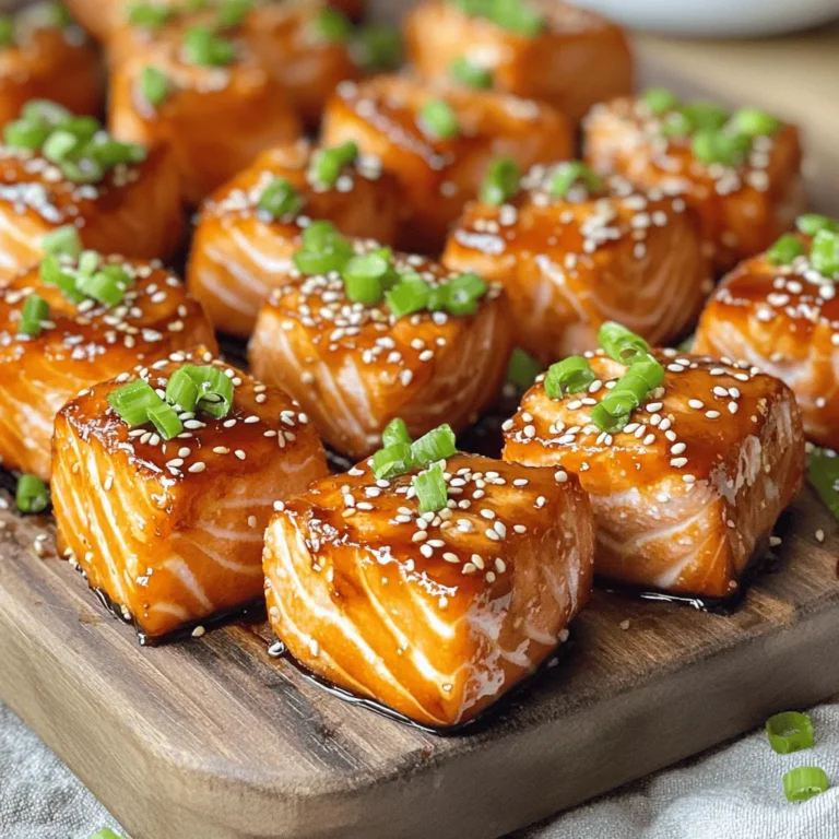 To make the savory air fryer teriyaki salmon bites, gather these simple ingredients: - 1 lb salmon fillet, skinless, cut into bite-sized cubes - 1/4 cup soy sauce (or tamari for gluten-free) - 2 tablespoons honey or maple syrup - 1 tablespoon rice vinegar - 1 tablespoon sesame oil - 2 cloves garlic, minced - 1 teaspoon fresh ginger, grated - Sesame seeds, for garnish - Chopped green onions, for garnish These ingredients work together to create a tasty marinade. The soy sauce adds saltiness. Honey or maple syrup gives a sweet touch. Rice vinegar adds tang, while sesame oil brings in rich flavor. Garlic and ginger enhance the dish with their bold aromas. Make sure to use fresh salmon for the best taste. The garnishes of sesame seeds and green onions add a nice crunch and fresh flavor. You can find everything you need at your local store or farmer's market. Enjoy the process of gathering these wholesome ingredients! - Mixing Ingredients In a medium bowl, whisk together the soy sauce, honey, rice vinegar, sesame oil, minced garlic, and grated ginger. This mix creates a tasty marinade. - Importance of Marinating Time After mixing, add the salmon cubes. Toss them gently to coat. Let them sit for at least 15-30 minutes. This helps the salmon soak up all the great flavors. - Preheating the Air Fryer Start by preheating your air fryer to 400°F (200°C). This takes about 5 minutes. A hot fryer cooks the salmon evenly and gives it a nice crisp. - Arranging Salmon in the Basket Lightly grease the air fryer basket with cooking spray. Place the marinated salmon cubes in a single layer. They should not overlap. This ensures they cook well. - Cooking Time and Temperature Air fry the salmon bites for 8-10 minutes. Shake the basket halfway through cooking. This helps them cook evenly. The salmon should look crispy and cooked through. - How to Garnish Once cooked, take the salmon bites out and let them rest for a minute. Garnish with sesame seeds and chopped green onions for added flavor and crunch. - Ideal Pairings These teriyaki salmon bites pair well with rice, quinoa, or a fresh salad. You can also serve them with steamed veggies for a colorful plate. Timing and Temperature Cook your salmon bites at 400°F (200°C). This high heat helps the salmon get crispy. Air fry for 8 to 10 minutes. Check them halfway through to shake the basket. This step ensures even cooking. How to Check for Doneness Salmon is done when it flakes easily with a fork. It should also be opaque. If you have a meat thermometer, aim for an internal temperature of 145°F (63°C). Additional Spices or Marinades While the teriyaki marinade is tasty, you can add more flavor. Try adding red pepper flakes for heat or lime juice for a zesty twist. Fresh herbs like cilantro can also brighten the dish. Tips for Meal Prep Make your salmon bites ahead of time. Marinate the salmon in the morning and air fry it for dinner. You can also cook a big batch and store them in the fridge. They are great for quick lunches or snacks. Gluten-Free Options Use tamari instead of soy sauce. This swap makes the dish safe for those who need gluten-free meals. Always check the label on your ingredients to be sure. Substitutes for Common Ingredients If you don’t have sesame oil, try olive oil. It will change the flavor but still taste good. Maple syrup can replace honey if you want a vegan option. {{image_2}} To switch things up, you can add different flavors. Here are some great ideas: - Adding Citrus: Try adding fresh lemon or lime juice to the marinade. This adds a bright, tangy taste. The citrus cuts through the richness of the salmon. Just a tablespoon will do! - Spicy Teriyaki: If you like heat, add red pepper flakes or sriracha to the marinade. This gives your salmon a spicy kick. Adjust the amount based on your taste preference. - Herb-Infused Variations: Add fresh herbs like cilantro or basil to the marinade for a fresh twist. These herbs can make your salmon taste vibrant and aromatic. Just a sprinkle will enhance the dish. You can serve these salmon bites in different ways: - Salad Toppings: Place the salmon bites on a bed of greens. Add some crunchy veggies like cucumbers and carrots. Drizzle with extra teriyaki sauce for a tasty salad. - Bowl Meals: Create a rice bowl with the salmon bites. Add cooked rice, steamed broccoli, and a drizzle of teriyaki sauce. This makes a filling meal that is easy to prepare. Not a fan of salmon? Here are some alternatives: - Chicken Alternatives: You can easily swap salmon for chicken. Use boneless, skinless chicken thighs or breasts. Cut them into bite-sized pieces and follow the same marinade and cooking steps. - Tofu Options: For a plant-based choice, try firm tofu. Press it to remove excess moisture, then cut it into cubes. Marinate and cook it just like the salmon for a tasty vegan option. To store leftovers, let the salmon bites cool first. Place them in an airtight container. You can keep them in the fridge for up to 3 days. Make sure to seal the container well to keep the flavors fresh. For the best freezing results, place the cooled salmon bites in a freezer-safe bag. Remove as much air as possible before sealing. These bites can last up to 2 months in the freezer. When you're ready to enjoy them again, thaw the salmon in the fridge overnight. This slow method keeps the texture nice. You can also use the microwave on a low setting if you need them quickly. To reheat, I suggest using the air fryer again. Preheat it to 350°F (175°C). Place the salmon bites in the basket for about 5 minutes. This method keeps them crispy and tasty. You can also use a regular oven if you prefer. Just heat them at 350°F (175°C) for about 10 minutes. Yes, you can use frozen salmon. Just make sure to thaw it first. Thaw the salmon in the fridge overnight or use the defrost setting on your microwave. Once thawed, cut it into bite-sized pieces and follow the recipe as usual. Using fresh salmon is great, but frozen works well too! Teriyaki salmon bites pair well with many sides. You can serve them with: - Steamed rice - Quinoa - Stir-fried vegetables - A fresh salad - Noodles These options complement the savory flavors of the salmon. Leftover teriyaki salmon lasts about 3-4 days in the fridge. Store it in an airtight container to keep it fresh. When you're ready to eat, simply reheat it in the microwave or air fryer. Yes, this recipe is great for meal prep! You can make a big batch and store it in individual containers. It keeps well and tastes great even after reheating. Just make sure to let it cool before sealing the container. Absolutely! You can adjust the marinade easily. For a gluten-free version, use tamari instead of soy sauce. If you're vegan, swap honey for maple syrup. Feel free to add or remove spices to suit your taste and dietary needs. In this article, I covered how to make delicious teriyaki salmon bites. We discussed the ingredients needed, like salmon and key sauces. I shared step-by-step directions for marinating and air frying the salmon. You learned tips for perfect cooking and flavor enhancement. I also explored variations and ways to store leftovers. These bites are versatile, tasty, and easy to prepare. Try them for a quick meal or snack! Your taste buds will thank you for it.