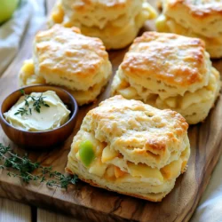 - 2 cups all-purpose flour - 1 tablespoon baking powder - 1 teaspoon baking soda - 1 teaspoon salt - ½ cup unsalted butter, chilled and cubed - 1 cup sharp cheddar cheese, shredded - 1 cup finely diced apples (such as Granny Smith) - ¼ cup honey - ¾ cup buttermilk - 1 tablespoon fresh thyme leaves - Alternative cheeses: You can use mozzarella or Gruyère for a milder taste. - Sweetener options: Maple syrup or agave can replace honey if you prefer. - Gluten-free flour options: Use a gluten-free blend to make these biscuits gluten-free. - Choosing the right apple: Granny Smith apples work best for a nice tart flavor. Other firm apples can work too, but avoid soft varieties. - The role of buttermilk in baking: Buttermilk adds moisture and tang, helping the biscuits rise and stay tender. - Fresh vs. dried thyme: Fresh thyme has a brighter taste, while dried thyme can be more concentrated. Use half the amount of dried if substituting. 1. Preheat your oven to 425°F (220°C). Line a baking sheet with parchment paper. This will help the biscuits not stick. 2. In a large bowl, mix the dry ingredients. Whisk together 2 cups of flour, 1 tablespoon of baking powder, 1 teaspoon of baking soda, and 1 teaspoon of salt until they are well combined. 3. Add the butter to the flour mix. Cut ½ cup of chilled, cubed butter into the dry mixture. Use your fingers or a pastry cutter to blend until it looks like coarse crumbs. 1. Knead the dough lightly. Turn the dough onto a floured surface. Pat it down into a rectangle about ¾ inch thick. 2. Create layers by folding. Fold the dough over itself a couple of times. This helps make the biscuits flaky. 3. Cut your biscuits. You can use a biscuit cutter for rounds or a knife for squares. Keep them about 2 inches apart on the baking sheet. 1. Bake the biscuits. Place the baking sheet in the oven and bake for 15-18 minutes. They should be golden brown on top when done. 2. Check for doneness. Look for a nice golden color. You can also tap the top; it should sound hollow. Now you're ready to enjoy these delicious Apple Cheddar Biscuits with Thyme Butter! To get the best dough, you want it to feel just right. Aim for a slightly sticky texture that holds together well. If it’s too dry, add a little more buttermilk. If it feels too wet, sprinkle in some extra flour. For flakiness, cold butter is key. Make sure your butter stays chilled until you mix it in. When you blend it into the flour, leave small chunks. This gives your biscuits those lovely layers. These biscuits shine when served warm with thyme butter. Slather it on right after they come out of the oven. You can also serve them with soups or salads. They pair well with a creamy tomato soup or a fresh green salad. For a fun twist, think about adding a sprinkle of cheese on top before baking. It adds a nice crust and extra flavor. If your biscuits turn out dense, check your measurements. Too much flour can weigh them down. Try using a kitchen scale for accuracy. For dry biscuits, ensure you use enough buttermilk. If they are still dry, consider adding a bit more honey for moisture. If your biscuits stick to the baking sheet, make sure to use parchment paper. It helps prevent sticking and makes cleanup easier. Should you notice burning, check your oven temperature. An oven thermometer can help ensure it’s accurate. Adjust the temperature down slightly if needed. {{image_2}} You can make Apple Cheddar Biscuits even better. Adding herbs or spices boosts flavor. Try rosemary or sage for a fresh twist. You can also mix in nuts or cranberries. Walnuts add crunch, while cranberries give a sweet-tart taste. Want to make these biscuits vegan? Use plant-based butter and almond milk instead of buttermilk. For a low-sugar option, swap honey for a sugar substitute. This keeps the flavor while reducing sugar. Choosing the right cheddar is key. Mild cheddar gives a softer taste, while sharp cheddar adds a strong flavor. You can even use flavored cheeses. Pepper jack or smoked cheddar brings new tastes to the dish. Experiment to find your favorite! To keep your leftover biscuits fresh, store them in an airtight container. This helps prevent them from drying out. If you have a lot, you can wrap them in plastic wrap before placing them in the container. I recommend using a glass or plastic container with a tight seal. If you want to enjoy these biscuits later, freezing is a great option. First, let the biscuits cool completely. Then, place them in a single layer on a baking sheet. Freeze them for about an hour until solid. After that, move them to a freezer bag or container. When you’re ready to eat, reheat them in the oven. Bake at 350°F (175°C) for about 10-15 minutes. This helps them regain their fluffy texture. At room temperature, these biscuits can last for about 2-3 days. Keep them in a cool, dry place. Watch for signs of spoilage, such as a hard texture, mold, or an off smell. If you notice any of these, it’s best to throw them away. Enjoy your delicious apple cheddar biscuits while they’re fresh! To add more flavor, you can mix in fresh herbs. Try rosemary or sage for a twist. You can also add spices like black pepper or paprika. A pinch of garlic powder brings depth too. Experiment with different types of cheese, like pepper jack or gouda. You can even add nuts or dried fruits for extra texture and taste. Yes, you can make these biscuits ahead of time. Prepare the dough and shape the biscuits. Then, wrap them in plastic wrap and chill in the fridge. This keeps them fresh until you are ready to bake. You can also freeze the shaped biscuits. Just thaw them in the fridge before baking. This works well for busy mornings or gatherings. To reheat leftover biscuits, preheat your oven to 350°F. Wrap the biscuits in foil to keep them moist. Heat in the oven for about 10-15 minutes. You can also microwave them for about 20 seconds. For best results, avoid overheating, as this can dry them out. Enjoy them warm with thyme butter for a tasty treat! These biscuits are easy to make and full of flavor. We covered key ingredients, substitutions, and tips for perfecting your bake. You learned how to prepare, shape, and store these treats. Now, you can customize them and troubleshoot common problems. With practice, you can impress your family and friends. Enjoy these biscuits with soup, salad, or just on their own. Happy baking, and don’t forget to share your results!