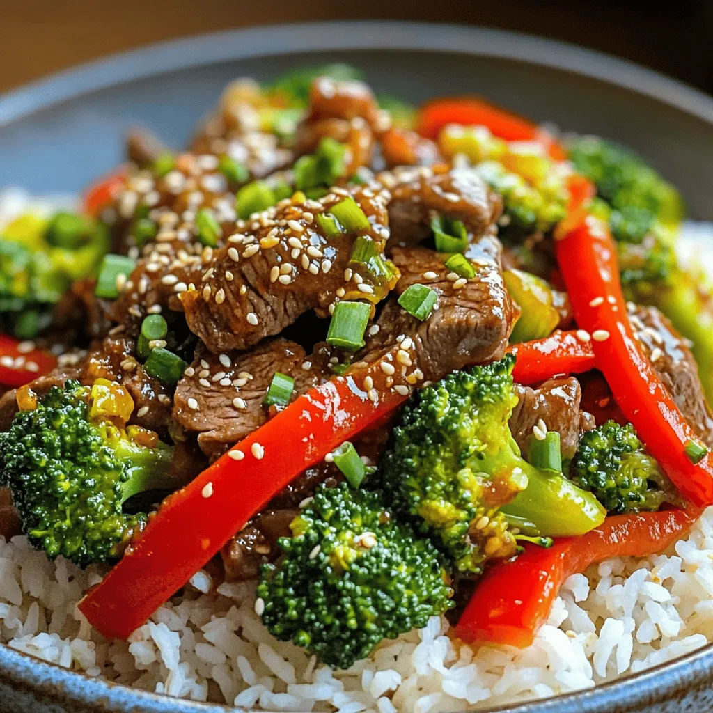 - 1 pound beef sirloin - 3 tablespoons soy sauce - 2 tablespoons oyster sauce - 4 cloves garlic, minced - 1 tablespoon fresh ginger, grated - 1 red bell pepper, sliced - 1 cup broccoli florets - 1 carrot, thinly sliced - 2 green onions, chopped The star of this dish is beef sirloin. It is tender and cooks quickly. Soy sauce and oyster sauce add depth and umami. Garlic and ginger give a fragrant kick. Fresh veggies like bell pepper, broccoli, and carrots make it colorful and healthy. - 1 tablespoon chili paste (adjust for spice level) - Sesame seeds for garnish Chili paste can heat things up, so use it based on your taste. If you like a bit of crunch, sprinkle sesame seeds on top. This adds texture and a nutty flavor. - 2 tablespoons vegetable oil - 1 tablespoon cornstarch Vegetable oil is great for high heat cooking. It helps the beef get nice and brown. Cornstarch is key for a silky sauce. It helps thicken the stir fry and keeps the beef juicy. Gather these ingredients to create a quick, flavorful meal that warms the heart and pleases the palate. To start, we need to marinate the beef to get great flavor. - In a bowl, combine: - 1 pound thinly sliced beef sirloin - 3 tablespoons soy sauce - 2 tablespoons oyster sauce - 1 tablespoon cornstarch - A pinch of black pepper - Mix everything well. Let it sit for about 15 minutes. This helps the beef soak up the flavors. When the beef is ready, it's time to cook it. - Heat 1 tablespoon of vegetable oil in a large skillet or wok on high heat. - Add the marinated beef. Stir-fry for about 3 to 4 minutes. You want it brown and cooked through. - Once browned, remove the beef from the skillet and set it aside. Now, let’s cook the veggies. This is where the color and crunch come in. - In the same skillet, add the remaining tablespoon of vegetable oil. - Quickly add: - 4 cloves minced garlic - 1 tablespoon grated fresh ginger - Stir for about 30 seconds until fragrant. - Then, add: - 1 sliced red bell pepper - 1 cup broccoli florets - 1 thinly sliced carrot - Stir-fry these for 3 to 5 minutes. We want them tender but still crisp. Now, we bring it all together. - Return the beef to the skillet with the veggies. - Add 1 tablespoon of chili paste, adjusting for spice as you like. - Toss everything to coat well and cook for another 2 to 3 minutes. - Taste and adjust seasoning with salt, pepper, or more chili paste if needed. - Finally, stir in chopped green onions. - Serve it up and sprinkle with sesame seeds for a nice touch. - Adjusting spice levels: Start with one tablespoon of chili paste. You can add more if you like it hotter. Taste as you go to find your perfect heat. - Balancing flavors with sauces: Use equal parts soy sauce and oyster sauce. This mix gives a rich, savory taste. If it's too salty, add a splash of water. - Best practices for stir-frying: Use high heat for quick cooking. This keeps the beef juicy and the veggies crisp. Stir constantly for even cooking. - Equipment recommendations: A large skillet or wok works best. A non-stick surface helps prevent sticking. Use a wooden spoon or spatula to toss the ingredients. - Pairing with rice or noodles: Serve the stir fry over steamed jasmine rice. Alternatively, try it with noodles for a different twist. - Presentation ideas: Garnish with chopped green onions and sesame seeds. This adds color and crunch. Use a wide, shallow dish to showcase the vibrant dish. {{image_2}} You can swap beef for chicken or tofu. Both options work well and taste great. - Chicken: Use boneless, skinless chicken breasts, sliced thin. Cook for about 5 minutes. Make sure it reaches a safe temperature of 165°F. - Tofu: Use firm or extra-firm tofu for the best texture. Press it to remove excess water and then cube it. Cook until golden brown, about 5-7 minutes. You can change the veggies based on the season or what you have. Here are some tasty swaps: - Zucchini: Slice it thin and add it for a fresh taste. - Snow Peas: Add these for a sweet crunch. - Mushrooms: They add a nice umami flavor. Mix and match your veggies to find your favorite flavor combos. Feel free to change up the sauces to suit your taste. Try these ideas: - Teriyaki Sauce: For a sweeter twist, swap some soy sauce for teriyaki. - Hoison Sauce: This adds a rich, sweet flavor. - Spice Level: Increase or decrease chili paste based on how spicy you want it. You can also add sriracha or hot sauce for more heat. Experimenting with these variations keeps your meals exciting and tailored to your taste! To store leftover stir-fry, let it cool first. Place it in an airtight container. This keeps the flavors fresh and the beef tender. Store the stir-fry in the fridge for up to three days. Use clear containers to see your food easily. The best way to reheat stir-fry is on the stove. Heat a non-stick skillet over medium heat. Add a splash of water or broth to keep it moist. Stir gently until heated through. Avoid the microwave, as it can make the beef tough. Always check the temperature to ensure it's hot. Yes, you can freeze Spicy Garlic Beef Stir Fry. Use a freezer-safe container or bag. Label it with the date to keep track of freshness. For best quality, eat within three months. To thaw, place it in the fridge overnight. Reheat on the stove as mentioned above. Yes, you can use other cuts for stir-frying. Here are some great options: - Flank steak: It is tender and flavorful. - Ribeye: This cut has good marbling for juiciness. - Sirloin: A lean cut that works well in this dish. - Chuck: This cut is affordable and has good flavor. Using these cuts will change the texture and taste, but they all work well. To make this dish low-carb, swap some ingredients. Here are some ideas: - Use zucchini noodles instead of rice. - Replace carrots with bell peppers or mushrooms. - Skip the cornstarch or use almond flour as a thickener. These changes will keep the flavors while cutting carbs. Soy sauce comes in different types, each with a unique taste: - Light soy sauce: It adds saltiness and enhances flavors. - Dark soy sauce: It gives a richer color and sweetness. - Tamari: This is gluten-free and has a strong flavor. For this recipe, light soy sauce works best for balance. If you prefer a deeper taste, mix in a little dark soy sauce. This blog covered all you need to know about Spicy Garlic Beef Stir Fry. You learned about the key ingredients, cooking steps, and helpful tips for great taste. I shared options to switch proteins or veggies and details on storage. Remember, cooking should be fun and creative. Use these ideas to make this dish your own. Happy cooking!