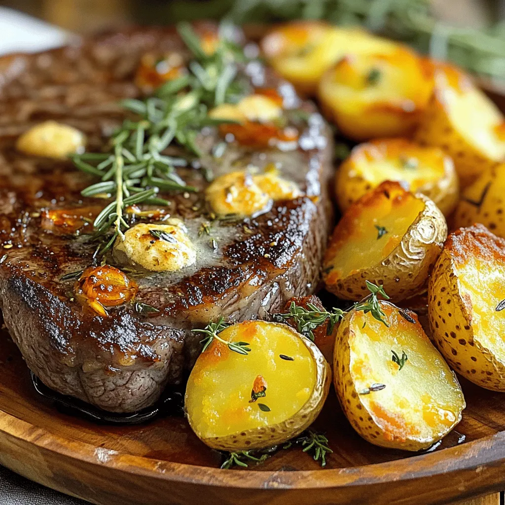 To create this delicious meal, you will need the following ingredients: - 2 ribeye steaks (about 1 inch thick) - 4 medium Yukon Gold potatoes, diced - 4 tablespoons unsalted butter - 4 cloves garlic, minced - 1 teaspoon fresh rosemary, chopped - 1 teaspoon fresh thyme, chopped - 1 teaspoon paprika - Salt and pepper to taste - 2 tablespoons olive oil Each ingredient plays a key role in making this dish special. The ribeye steaks offer rich flavor, while Yukon Gold potatoes provide a creamy texture. Unsalted butter adds richness, and minced garlic gives warmth. Fresh herbs like rosemary and thyme enhance the taste, while paprika adds a gentle spice. Finally, salt and pepper are essential for balancing flavors. Gather these items before you start cooking to ensure a smooth process. Enjoy the experience of creating this delightful dinner! To start, boil the potatoes. In a large pot, fill it with salted water and bring it to a boil. Once boiling, add the diced Yukon Gold potatoes. Cook them for 10 to 12 minutes. You want them tender but not mushy. After boiling, drain the potatoes and let them cool for a few minutes. While the potatoes cook, it's time to season your steaks. Take the ribeye steaks and sprinkle salt, pepper, and paprika on both sides. Use your hands to rub the spices in well. This ensures the seasoning spreads evenly, enhancing the steak's flavor. Next, let’s crisp the potatoes. Heat 2 tablespoons of olive oil in a large cast-iron skillet over medium-high heat. After the oil is hot, add in the boiled potatoes. Fry them for about 5 to 7 minutes. You want them to turn golden and crispy. Stir occasionally and add more salt and pepper for extra taste. Once ready, remove the potatoes and set them aside. Now, cook the steaks. Lower the heat to medium in the same skillet. Add 2 tablespoons of butter, then the minced garlic, rosemary, and thyme. Let these cook until fragrant. Place the seasoned steaks in the skillet. Cook each side for about 4 to 5 minutes for a medium-rare finish. You can adjust the time based on your taste. Don’t forget to baste the steaks with the garlic butter as they cook. This adds rich flavor and keeps the meat juicy. After cooking, take the steaks out of the skillet and let them rest for 5 minutes. Resting is key; it helps the meat stay tender. While the steak rests, return the crispy potatoes to the skillet. This reheats them and allows them to soak up the garlic butter flavor. When ready to serve, slice the rested steak against the grain. Arrange it nicely on a plate next to the crispy potatoes. Drizzle any leftover garlic butter from the skillet over both for extra flavor. If you like, garnish with fresh herbs and a sprinkle of paprika for a beautiful touch. Enjoy your delightful dinner! To achieve the perfect medium-rare steak, follow these steps: - Use a meat thermometer: Aim for 130°F (54°C). - Cook on medium heat: This gives a nice crust on the outside. - Baste often: Use the garlic butter to add flavor and keep it moist. Letting the steak rest is key. It allows the juices to settle, making each bite juicy. Rest for about 5 minutes after cooking. This simple step makes a big difference. To boost flavor, try these herbs and spices: - Thyme: Adds a fresh, earthy taste. - Rosemary: Gives a piney aroma. - Paprika: Adds a smoky kick. You can also add sauces or toppings for more depth. A drizzle of balsamic glaze or a sprinkle of blue cheese can elevate your dish. Feel free to experiment and find what you love! {{image_2}} You can cook garlic butter steak and potatoes in different ways. Grilling is an option. Grilling gives steaks a smoky flavor. It also adds nice grill marks. To grill, heat your grill to medium-high. Cook the steaks for about 4-5 minutes on each side. Keep a close eye to avoid overcooking. If you want to use the oven, you can bake the potatoes. Start by preheating your oven to 425°F (220°C). Toss the diced Yukon Gold potatoes with olive oil, salt, and pepper. Spread them on a baking sheet and bake for about 25-30 minutes. Flip them halfway through for even cooking. You can easily make this dish gluten-free. Just ensure all your ingredients are gluten-free. Most seasonings and oils are fine. If you want a low-carb meal, use cauliflower instead of potatoes. Simply steam or roast cauliflower florets until tender and enjoy the same great flavors. If you don’t have ribeye steaks, you can use other cuts. Sirloin or flank steak works well too. These cuts may cook faster, so watch them closely. For potatoes, you can try red potatoes or even sweet potatoes. Each type brings its own unique taste and texture to the dish. To keep leftover steak and potatoes fresh, follow these steps: - Cool them down: Let the steak and potatoes cool to room temperature. - Use airtight containers: Place them in separate airtight containers. This helps keep the flavors intact. - Refrigerate promptly: Store the containers in the fridge within two hours. They will last for 3 to 4 days. - Avoid stacking: Do not stack the steak on top of the potatoes. This keeps them from getting soggy. Reheating your meal can be easy if you follow these tips: - Use the oven: Preheat your oven to 350°F (175°C). Place the steak and potatoes on a baking sheet. Heat for about 15-20 minutes until warm. - Skillet method: Heat a skillet over medium heat. Add a bit of butter and place the steak and potatoes in the pan. Cook for about 5-7 minutes, turning them halfway. - Avoid microwaving: Microwaving can make steak tough. If you must, use low power and short intervals. This helps keep it tender. Using these techniques will ensure your delicious garlic butter steak and crispy potatoes taste great when you enjoy them again! To know when your steak is done, use a meat thermometer. Insert it into the thickest part of the steak. For medium-rare, aim for 130°F. For medium, look for 140°F. For well-done, check for 160°F. Always remember that the steak keeps cooking after you take it off the heat. So, pull it slightly before it hits the target temperature. Yes, you can prep this meal in advance. You can boil the potatoes earlier. After boiling, cool them and store them in the fridge. You can also season the steaks ahead of time. Just cover them and keep them in the fridge until you're ready to cook. This will save you time and add flavor. Some great side dishes include: - A simple green salad with vinaigrette - Steamed broccoli or green beans - Garlic bread or dinner rolls - Roasted vegetables like carrots or Brussels sprouts These sides add color and balance to your meal, making it feel complete. This guide covered everything you need for cooking ribeye steak and potatoes. You learned about essential ingredients, step-by-step instructions, and useful tips. Cooking steak can be fun, and I hope my tips help you enjoy this meal. Remember to let your steak rest for the best flavor. Try different herbs or cooking methods to make it your own. With practice, you’ll create delicious meals every time. Happy cooking!