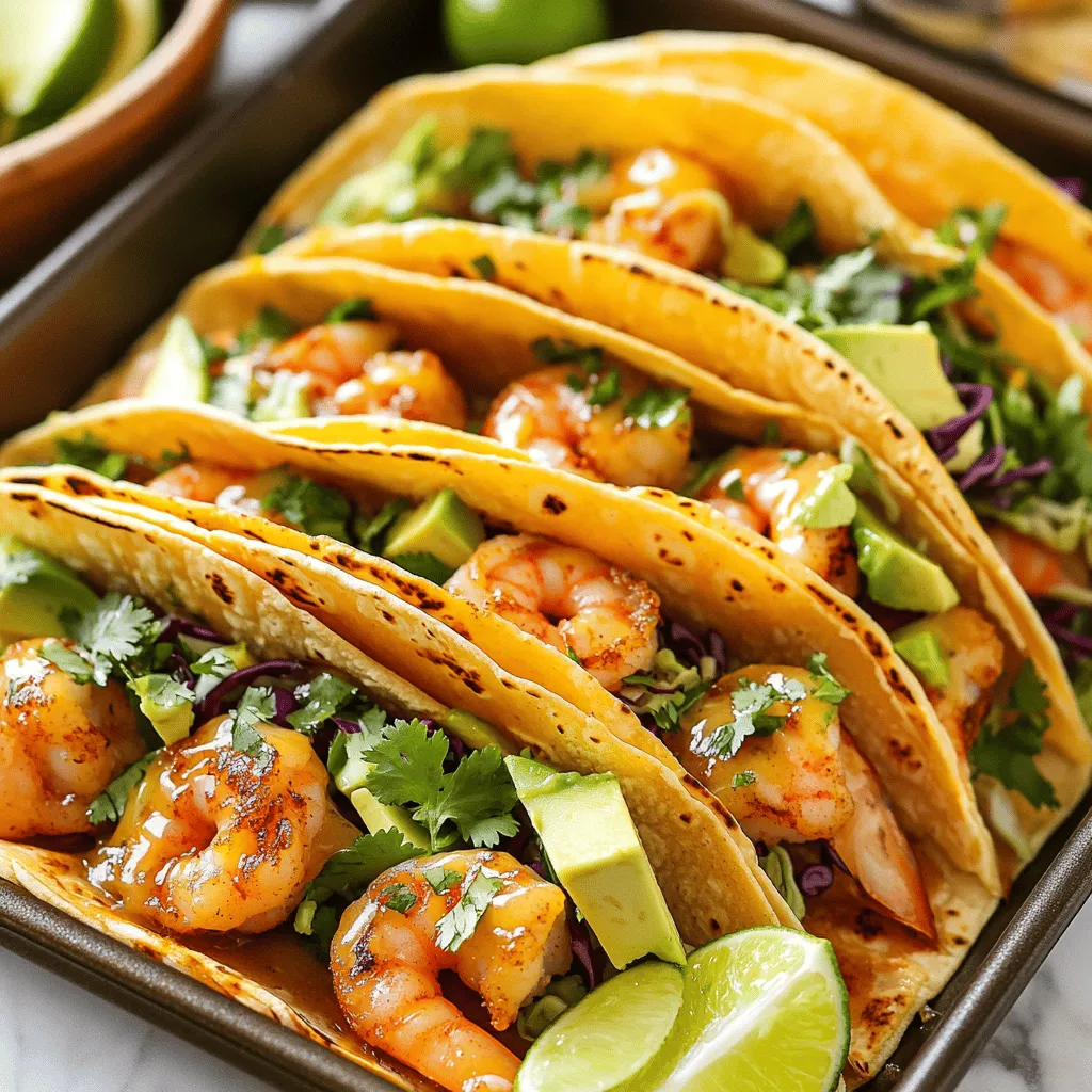 - 1 pound large shrimp, peeled and deveined - 4 tablespoons unsalted butter, melted - 4 cloves garlic, minced - 1 teaspoon smoked paprika - 1 teaspoon chili powder - 1/2 teaspoon cumin - Salt and pepper to taste - 8 small corn tortillas - 1 cup shredded green cabbage - 1 avocado, sliced - 1/4 cup fresh cilantro, chopped - 1 lime, cut into wedges The main ingredients focus on large shrimp, which are juicy and tender. The butter gives a rich taste, while garlic adds a nice kick. To spice things up, I use smoked paprika and chili powder. They bring warmth and depth to the dish. Cumin adds an earthy note, while salt and pepper enhance the flavors. For the tacos, I choose soft corn tortillas. They hold the shrimp well and add a lovely texture. Shredded cabbage gives a nice crunch and freshness. Avocado slices add creaminess, while cilantro brings a burst of flavor. Lime wedges are perfect for squeezing over the tacos, adding brightness. With these ingredients, you create a delicious and colorful meal. Each bite is full of flavor and freshness. - Preheat oven to 400°F (200°C). - Line a baking sheet with parchment paper. First, we need a hot oven. Preheating helps the shrimp cook evenly. The parchment paper makes cleanup easy. - Combine melted butter, minced garlic, and spices. - Stir to create a smooth mixture. Next, in a bowl, mix the melted butter and minced garlic. Add the spices: smoked paprika, chili powder, and cumin. Don't forget salt and pepper! Stir until it is smooth, like a sauce. - Toss shrimp in the garlic butter mixture. - Spread shrimp evenly on the baking sheet and bake for 8-10 minutes. Take the shrimp and toss them in the garlic butter mix. Make sure they are well coated. Place the shrimp in a single layer on the baking sheet. Bake for 8-10 minutes until they turn pink and opaque. - Warm corn tortillas in a dry skillet. - Cook for about 30 seconds on each side. While the shrimp bake, warm the corn tortillas. Place them in a dry skillet over medium heat. Cook each side for about 30 seconds. They should be soft and flexible. - Remove shrimp from oven and cool slightly. - Assemble tacos with shrimp, cabbage, avocado, cilantro, and lime juice. After the shrimp cool a bit, start making the tacos. Place a few shrimp in each tortilla. Top with shredded cabbage, avocado slices, and fresh cilantro. Finish with a squeeze of lime juice for extra flavor. Enjoy your tasty creation! To get the best shrimp, look for a pink and opaque color. This means they are cooked just right. If shrimp turn rubbery, they are overcooked. Keep an eye on them and pull them out of the oven right when they look perfect. Fresh lime juice adds a bright zest to your tacos. Just squeeze some on top before serving. It brings out the other flavors. For a nice look, garnish with more cilantro and lime wedges. This makes your dish pop and look fresh! Timing is key in the kitchen. You can save time by multi-tasking. While the shrimp are baking, prep your toppings. Warm the tortillas in a skillet at the same time. This way, everything is ready to go when the shrimp are done. Enjoy your cooking! {{image_2}} You can switch shrimp for chicken or tofu. Both options taste great. If you use chicken, cut it into small pieces. For tofu, press it to remove extra moisture. Adjust the cooking time based on what you choose. Chicken needs about 15-20 minutes, while tofu cooks in 10-12 minutes. Keep an eye on it to ensure everything is cooked well. Adding fresh herbs can boost the taste. Try parsley or dill for a bright touch. You can also change the spices. Add cayenne for heat or cumin for depth. Hot sauces are another way to spice things up. Mix and match until you find your favorite flavor! Corn tortillas are great, but you can try others too. Flour tortillas give a soft bite. For a low-carb choice, use lettuce wraps. They are fresh and crunchy. If you want more in each bite, use larger tortillas. They hold more fillings and make for heartier tacos. To keep your shrimp fresh, cool them down first. Place them in an airtight container. You can store them in the fridge for up to 2 days. This way, you can enjoy your tacos again! When you're ready to eat, reheat the shrimp. You can do this in a skillet or microwave until they are warm. Remember to warm the tortillas fresh before serving. This makes them soft and tasty again! If you want to save shrimp for later, freeze them before cooking. They can stay fresh for up to 2 months in the freezer. Just remember to thaw them in the refrigerator before you use them. This keeps them safe and ready for your next taco night! To add heat, mix cayenne pepper or hot sauce into the garlic butter. You can start with a small amount and taste. This way, you can find the right spice level for you. Yes, you can use frozen shrimp. Just make sure to thaw them before you start. Thawing lets the shrimp cook evenly. You can thaw them overnight in the fridge or quickly in cold water. If you can't find corn tortillas, don't worry! You can use flour tortillas, lettuce wraps, or even taco shells. Each option gives your tacos a different feel and taste. These tacos are best eaten fresh. However, you can store them in the fridge for 1-2 days. Keep the shrimp and toppings separate to maintain freshness. Absolutely! You can mix the garlic butter ahead of time. Store it in the fridge for up to a week. This saves time when you are ready to make your tacos. This blog post covered a simple and tasty shrimp taco recipe. It explained ingredients, step-by-step cooking, storage tips, and tasty variations. You can easily adjust flavors or use different proteins. Remember to check your shrimp for doneness and have fun with toppings! Try these tacos for a satisfying meal. You’ll enjoy great flavors with very little time in the kitchen. The best part is you can make them your own!