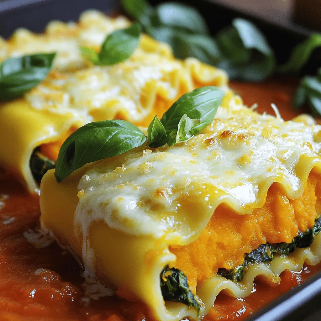 - Lasagna noodles - Butternut squash - Fresh spinach - Ricotta cheese - Mozzarella cheese - Parmesan cheese These main ingredients are the stars of your butternut squash and spinach lasagna rolls. You need lasagna noodles to hold everything together. Use fresh butternut squash for a sweet and nutty flavor. Spinach adds a nice touch of color and nutrition. Ricotta cheese gives a creamy texture, while mozzarella and Parmesan add that melty goodness we love. - Garlic powder - Italian seasoning - Olive oil - Salt and pepper Seasonings make your dish pop. Garlic powder brings a warm taste. Italian seasoning adds herbs that make it feel like home. Olive oil helps cook the squash and adds richness. Don’t forget salt and pepper for balance. - Recommended brands - Homemade vs store-bought Marinara sauce is key. You can use store-bought brands like Rao's or Classico. These brands offer great flavor and save time. If you prefer, making homemade marinara gives you control over taste. Use fresh tomatoes, garlic, and herbs for a bold sauce. To start, cook your lasagna noodles until they are al dente. This means they should still have a little bite to them. Follow the package instructions for timing. After cooking, drain the noodles and lay them flat on a clean kitchen towel. This helps them cool and prevents sticking. Next, we roast the butternut squash. Preheat your oven to 375°F (190°C). Toss the diced squash with olive oil, garlic powder, salt, and pepper. Spread the squash out on a baking sheet. Roast for about 20 minutes. You want the squash to be tender but not mushy. Let it cool slightly before using it. For the filling, mash the roasted butternut squash in a bowl. Mix in the chopped spinach, ricotta cheese, half the mozzarella cheese, and Parmesan cheese. Add the Italian seasoning and more salt and pepper if needed. Stir until everything is well combined. This mix should be creamy with a nice balance of flavors. Now it’s time to assemble the rolls. Start by spreading a thin layer of marinara sauce at the bottom of a 9x13 inch baking dish. Take a lasagna noodle and place a generous amount of the filling at one end. Carefully roll it up, keeping the filling inside. Place the roll seam-side down in the dish. Repeat this for all the noodles. Once all the rolls are in the dish, pour the remaining marinara sauce over the top. Sprinkle the rest of the mozzarella cheese on top. Cover the dish with aluminum foil and bake for 25 minutes. After that, remove the foil and bake for another 15 minutes. You want the cheese to be bubbly and golden. To enhance the flavor of your filling, taste as you mix. If you want more flavor, add more garlic powder or Italian seasoning. For cheese, you can swap ricotta with cottage cheese for a lighter option. You could also use feta cheese for a tangy twist. To avoid a soggy bottom, layer the marinara sauce wisely. Spread a thin layer on the bottom of your baking dish. This keeps moisture from soaking into the noodles. Let the rolls cool slightly before serving. This helps them hold their shape. Garnishing makes a dish pop. Fresh basil or parsley adds color and freshness. You can also sprinkle some extra Parmesan on top for added flavor. For side dishes, a simple green salad pairs well. Garlic bread also complements the lasagna rolls nicely. {{image_2}} You can change the filling to suit your taste. Try using different veggies like zucchini, mushrooms, or bell peppers. For a protein boost, add cooked chicken or sausage. These swaps add new flavors and textures to your dish. For a gluten-free option, use gluten-free lasagna noodles. These noodles work well and keep the dish tasty. If you want to make this recipe vegan, swap ricotta and mozzarella with cashew cheese or tofu. Use nutritional yeast for a cheesy flavor. While marinara sauce works great, you can also try cream sauces or pesto. A white sauce adds a rich and creamy touch. Pesto brings a fresh, herby flavor that pairs well with the squash. Don’t be afraid to mix sauces for a unique taste! To keep your butternut squash and spinach lasagna rolls fresh, store leftovers in the fridge. Use an airtight container to prevent drying out. They can stay good in the fridge for about 3 to 5 days. If you want to save them for longer, freezing is a great option. Wrap each roll in plastic wrap and place them in a freezer-safe bag. They can last up to 2 months in the freezer. When you are ready to eat your leftovers, reheating them right is key. For best results, use the oven. Preheat it to 350°F (175°C), then place the rolls in a baking dish. Cover them with foil to keep the moisture in. Heat for about 20 minutes or until warm. If you want a crispy top, remove the foil for the last 5 minutes. You can also use the microwave, but this may make the rolls soggy. Cooked lasagna rolls can stay fresh in the fridge for 3 to 5 days. Uncooked rolls are best used within 1 to 2 days if stored in the fridge. If you freeze uncooked rolls, they will last up to 2 months. Just remember to bake them straight from the freezer; they may need a bit more time in the oven. Yes, you can prepare these lasagna rolls ahead of time. Just follow all the steps up to baking. Then, cover the dish with foil and store it in the fridge for up to 24 hours. When you're ready to cook, bake it straight from the fridge. You may need to add a few extra minutes to the cooking time. If you don't have ricotta cheese, try using cottage cheese. You can also blend silken tofu for a dairy-free option. Cream cheese works well too, but it may make the filling richer. Each option brings a different taste and texture to the dish. The butternut squash is done when it feels soft and tender. It should easily mash with a fork. Usually, this takes about 20 minutes at 375°F (190°C). Keep an eye on it to avoid overcooking, as it can become too mushy. Yes, you can use gluten-free lasagna noodles if needed. Zucchini slices or eggplant can also work as a fun, low-carb option. Just remember to adjust the cooking times for any noodles you choose. To make this dish gluten-free, use gluten-free lasagna noodles. Make sure to check the labels on your marinara sauce and cheeses to ensure they are gluten-free as well. These small swaps keep the flavor while meeting dietary needs. You now have a clear path for making delicious lasagna rolls. We covered the key ingredients, including butternut squash and various cheeses, to ensure rich flavor. I shared steps for prep, cooking, and assembling. You also learned ways to customize your dish with swaps and tips to store and reheat leftovers. With these insights, you can create a meal that is simple, tasty, and fun. Embrace your creativity and enjoy your cooking journey!