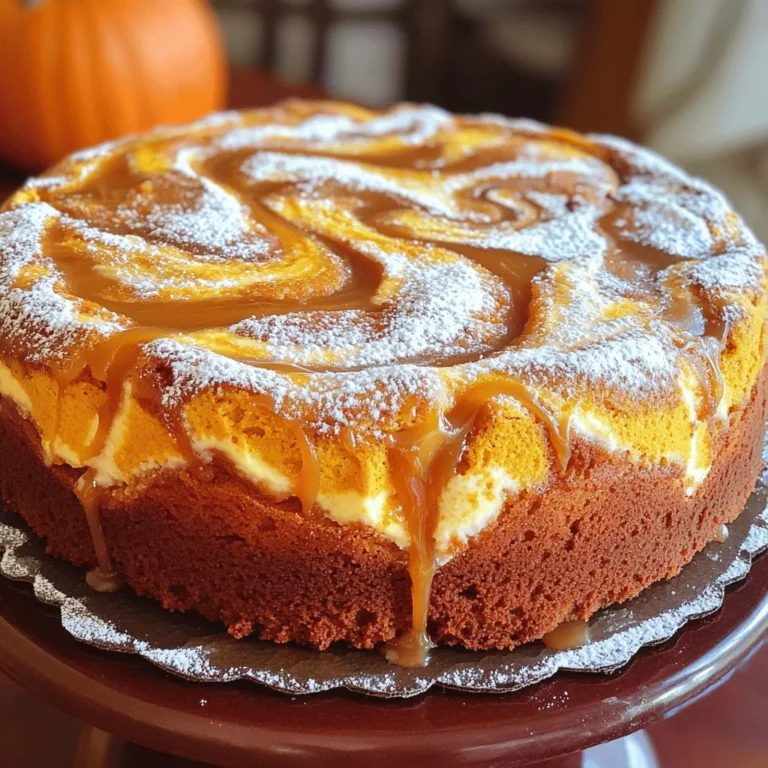 - 2 cups all-purpose flour - 1 teaspoon baking powder - 1 teaspoon baking soda - 1 teaspoon pumpkin spice - ½ teaspoon salt - ¾ cup granulated sugar - ½ cup brown sugar, packed - ½ cup unsalted butter, softened - 2 large eggs - 1 cup canned pumpkin puree - 1 teaspoon vanilla extract - 8 oz cream cheese, softened - ¼ cup granulated sugar - 1 egg - 1 teaspoon vanilla extract To make this Pumpkin Cream Cheese Coffee Cake, you need simple ingredients. The dry ingredients form the base of the cake. Flour, baking powder, and baking soda help the cake rise. Pumpkin spice gives it that warm, cozy flavor you crave in fall. Salt enhances all these flavors. Next, we prepare the wet ingredients. The mix of granulated sugar and brown sugar adds sweetness and moisture. The butter makes the cake rich and soft. Eggs provide structure and help it rise. Canned pumpkin puree is key; it adds flavor and keeps the cake tender. Vanilla extract brightens the taste. The cream cheese swirl is the star. Cream cheese brings a tangy flavor that pairs well with pumpkin. Sugar sweetens it, and the egg helps set it as it bakes. Finally, more vanilla extract ties it all together. Gather these ingredients, and you're ready to create a delightful treat. This cake is perfect for sharing or enjoying with your morning coffee. It’s a sweet way to celebrate the flavors of fall! - Preheat your oven to 350°F (175°C). - Grease a 9x13 inch baking pan or line it with parchment paper. - In a medium bowl, whisk together: - 2 cups all-purpose flour - 1 teaspoon baking powder - 1 teaspoon baking soda - 1 teaspoon pumpkin spice - ½ teaspoon salt - In a large bowl, beat together: - ½ cup unsalted butter, softened - ¾ cup granulated sugar - ½ cup brown sugar, packed - Mix until fluffy, about 3-5 minutes. - Add 2 large eggs one at a time. Mix well after each. - Gradually add 1 cup canned pumpkin puree and 1 teaspoon vanilla extract. Mix until smooth. - Slowly add the dry mixture to the wet mix. - Mix until just combined. Do not overmix. - In a separate bowl, prepare the cream cheese swirl by beating: - 8 oz cream cheese, softened - ¼ cup granulated sugar - 1 egg - 1 teaspoon vanilla extract - Beat until smooth and creamy. - Pour half of the pumpkin batter into the prepared pan. - Spread it evenly. - Drop spoonfuls of the cream cheese mixture over the pumpkin batter. - Use a knife to gently swirl the cream cheese into the batter. - Pour the remaining pumpkin batter on top. Swirl again lightly to create a marbled effect. - Bake in the preheated oven for about 30-35 minutes. - A toothpick inserted into the center should come out clean. - Allow the cake to cool in the pan for about 10-15 minutes. - Slice and serve warm. Enjoy! - Always use room temperature ingredients. This helps the batter mix well. - Avoid overmixing your batter. This keeps your cake light and fluffy. - Dust the top with powdered sugar for a nice look. - Drizzle with caramel sauce to add extra sweetness. - Use a high-quality electric mixer. It makes mixing easy and quick. - Line your pan with parchment paper. This helps the cake come out easily. {{image_2}} You can make this cake healthier with a few simple swaps. - Substitute with whole wheat flour: This option adds fiber and nutrients. Use the same amount as all-purpose flour. - Use a sugar substitute: Try a natural sweetener like stevia or monk fruit. These can cut calories while keeping the taste sweet. Want to add some fun to your cake? These tweaks can make it even better. - Add chocolate chips or nuts: Fold in ½ cup of chocolate chips for a sweet burst. If you like crunch, add chopped walnuts or pecans. - Experiment with different spices: Try adding cinnamon or nutmeg for a warm flavor twist. A pinch of ginger can also brighten the taste. You can easily make this cake vegan with some swaps. - Substitute eggs with flaxseed meal: Mix 1 tablespoon of flaxseed meal with 3 tablespoons of water. Let it sit for 5 minutes to thicken. This will replace one egg. - Use plant-based cream cheese: Many brands offer great vegan cream cheese options. This keeps the swirl creamy and delicious. These variations let you customize the Pumpkin Cream Cheese Coffee Cake. Enjoy it your way! To keep your coffee cake fresh, store it in an airtight container. Place it at room temperature. It will stay tasty for about 3 days. This method helps maintain its moist texture. If you want to save some for later, you can freeze it. Wrap the coffee cake tightly in plastic wrap. Then, put it in a freezer-safe bag. It can last up to 3 months in the freezer. When you're ready to enjoy it, simply thaw it before serving. Let it sit at room temperature for a few hours or overnight in the fridge. Reheating is easy and quick. Just take a slice and pop it in the microwave. Heat it for about 20-30 seconds. This will warm it up nicely. I recommend serving it warm for the best taste. Enjoy it with a cup of coffee for a perfect treat! Pumpkin Cream Cheese Coffee Cake can last for about three days at room temperature. Store it in an airtight container to keep it fresh. If you want it to last longer, you can refrigerate it. In the fridge, it can stay good for up to a week. Yes, you can freeze this cake! Wrap it tightly in plastic wrap or foil. Place it in a freezer-safe bag or container. It can last for up to three months in the freezer. When you are ready to enjoy it, let it thaw in the fridge overnight. If you don’t have pumpkin spice, you can make your own mix. Combine cinnamon, nutmeg, and ginger in equal parts. You can also use just cinnamon for a simpler flavor. This will still give your cake a nice warm taste. To keep the cream cheese from sinking, make sure it is thick. Use a spoon to drop it on top of the batter. Also, try to swirl it gently without mixing it too much. This way, it will stay near the top while baking. Absolutely! You can prepare the batter and cream cheese mix a day before. Just cover them well and store them in the fridge. When you are ready, just assemble and bake your cake. This will save you time on the day you want to serve it. This Pumpkin Cream Cheese Coffee Cake combines rich flavor with easy steps. You mix dry and wet ingredients, then swirl in cream cheese. Follow the tips for the best texture and serving options. Remember, this cake is great for sharing or freezing. Enjoy it warm, or try some fun variations. Whether you make it healthy or choose different flavors, this cake will please everyone. Baking can be fun, and with this recipe, you'll impress your friends and family. Happy baking!