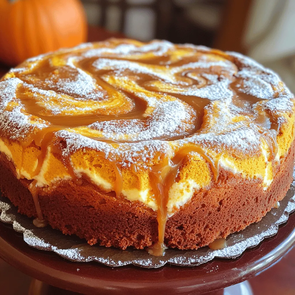 - 2 cups all-purpose flour - 1 teaspoon baking powder - 1 teaspoon baking soda - 1 teaspoon pumpkin spice - ½ teaspoon salt - ¾ cup granulated sugar - ½ cup brown sugar, packed - ½ cup unsalted butter, softened - 2 large eggs - 1 cup canned pumpkin puree - 1 teaspoon vanilla extract - 8 oz cream cheese, softened - ¼ cup granulated sugar - 1 egg - 1 teaspoon vanilla extract To make this Pumpkin Cream Cheese Coffee Cake, you need simple ingredients. The dry ingredients form the base of the cake. Flour, baking powder, and baking soda help the cake rise. Pumpkin spice gives it that warm, cozy flavor you crave in fall. Salt enhances all these flavors. Next, we prepare the wet ingredients. The mix of granulated sugar and brown sugar adds sweetness and moisture. The butter makes the cake rich and soft. Eggs provide structure and help it rise. Canned pumpkin puree is key; it adds flavor and keeps the cake tender. Vanilla extract brightens the taste. The cream cheese swirl is the star. Cream cheese brings a tangy flavor that pairs well with pumpkin. Sugar sweetens it, and the egg helps set it as it bakes. Finally, more vanilla extract ties it all together. Gather these ingredients, and you're ready to create a delightful treat. This cake is perfect for sharing or enjoying with your morning coffee. It’s a sweet way to celebrate the flavors of fall! - Preheat your oven to 350°F (175°C). - Grease a 9x13 inch baking pan or line it with parchment paper. - In a medium bowl, whisk together: - 2 cups all-purpose flour - 1 teaspoon baking powder - 1 teaspoon baking soda - 1 teaspoon pumpkin spice - ½ teaspoon salt - In a large bowl, beat together: - ½ cup unsalted butter, softened - ¾ cup granulated sugar - ½ cup brown sugar, packed - Mix until fluffy, about 3-5 minutes. - Add 2 large eggs one at a time. Mix well after each. - Gradually add 1 cup canned pumpkin puree and 1 teaspoon vanilla extract. Mix until smooth. - Slowly add the dry mixture to the wet mix. - Mix until just combined. Do not overmix. - In a separate bowl, prepare the cream cheese swirl by beating: - 8 oz cream cheese, softened - ¼ cup granulated sugar - 1 egg - 1 teaspoon vanilla extract - Beat until smooth and creamy. - Pour half of the pumpkin batter into the prepared pan. - Spread it evenly. - Drop spoonfuls of the cream cheese mixture over the pumpkin batter. - Use a knife to gently swirl the cream cheese into the batter. - Pour the remaining pumpkin batter on top. Swirl again lightly to create a marbled effect. - Bake in the preheated oven for about 30-35 minutes. - A toothpick inserted into the center should come out clean. - Allow the cake to cool in the pan for about 10-15 minutes. - Slice and serve warm. Enjoy! - Always use room temperature ingredients. This helps the batter mix well. - Avoid overmixing your batter. This keeps your cake light and fluffy. - Dust the top with powdered sugar for a nice look. - Drizzle with caramel sauce to add extra sweetness. - Use a high-quality electric mixer. It makes mixing easy and quick. - Line your pan with parchment paper. This helps the cake come out easily. {{image_2}} You can make this cake healthier with a few simple swaps. - Substitute with whole wheat flour: This option adds fiber and nutrients. Use the same amount as all-purpose flour. - Use a sugar substitute: Try a natural sweetener like stevia or monk fruit. These can cut calories while keeping the taste sweet. Want to add some fun to your cake? These tweaks can make it even better. - Add chocolate chips or nuts: Fold in ½ cup of chocolate chips for a sweet burst. If you like crunch, add chopped walnuts or pecans. - Experiment with different spices: Try adding cinnamon or nutmeg for a warm flavor twist. A pinch of ginger can also brighten the taste. You can easily make this cake vegan with some swaps. - Substitute eggs with flaxseed meal: Mix 1 tablespoon of flaxseed meal with 3 tablespoons of water. Let it sit for 5 minutes to thicken. This will replace one egg. - Use plant-based cream cheese: Many brands offer great vegan cream cheese options. This keeps the swirl creamy and delicious. These variations let you customize the Pumpkin Cream Cheese Coffee Cake. Enjoy it your way! To keep your coffee cake fresh, store it in an airtight container. Place it at room temperature. It will stay tasty for about 3 days. This method helps maintain its moist texture. If you want to save some for later, you can freeze it. Wrap the coffee cake tightly in plastic wrap. Then, put it in a freezer-safe bag. It can last up to 3 months in the freezer. When you're ready to enjoy it, simply thaw it before serving. Let it sit at room temperature for a few hours or overnight in the fridge. Reheating is easy and quick. Just take a slice and pop it in the microwave. Heat it for about 20-30 seconds. This will warm it up nicely. I recommend serving it warm for the best taste. Enjoy it with a cup of coffee for a perfect treat! Pumpkin Cream Cheese Coffee Cake can last for about three days at room temperature. Store it in an airtight container to keep it fresh. If you want it to last longer, you can refrigerate it. In the fridge, it can stay good for up to a week. Yes, you can freeze this cake! Wrap it tightly in plastic wrap or foil. Place it in a freezer-safe bag or container. It can last for up to three months in the freezer. When you are ready to enjoy it, let it thaw in the fridge overnight. If you don’t have pumpkin spice, you can make your own mix. Combine cinnamon, nutmeg, and ginger in equal parts. You can also use just cinnamon for a simpler flavor. This will still give your cake a nice warm taste. To keep the cream cheese from sinking, make sure it is thick. Use a spoon to drop it on top of the batter. Also, try to swirl it gently without mixing it too much. This way, it will stay near the top while baking. Absolutely! You can prepare the batter and cream cheese mix a day before. Just cover them well and store them in the fridge. When you are ready, just assemble and bake your cake. This will save you time on the day you want to serve it. This Pumpkin Cream Cheese Coffee Cake combines rich flavor with easy steps. You mix dry and wet ingredients, then swirl in cream cheese. Follow the tips for the best texture and serving options. Remember, this cake is great for sharing or freezing. Enjoy it warm, or try some fun variations. Whether you make it healthy or choose different flavors, this cake will please everyone. Baking can be fun, and with this recipe, you'll impress your friends and family. Happy baking!