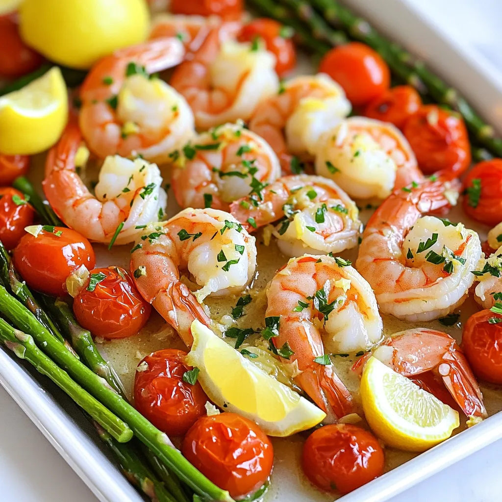 To make this easy shrimp scampi, gather these main ingredients: - 1 lb large shrimp, peeled and deveined - 4 tablespoons unsalted butter, melted - 4 cloves garlic, minced - Juice of 2 lemons - Zest of 1 lemon - 1 teaspoon red pepper flakes - Salt and pepper to taste - 1 cup cherry tomatoes, halved - 8 oz asparagus, trimmed and cut into 2-inch pieces - 1/2 cup fresh parsley, chopped - Lemon wedges for serving These ingredients work together to create a bright and tasty dish. Feel free to add some optional ingredients to enhance the taste: - White wine (about 1/4 cup) for depth - Parmesan cheese for a cheesy touch - Fresh basil or thyme for added freshness These extras can elevate your meal and make it special. You can swap some ingredients if needed: - Use olive oil instead of butter for a lighter dish. - Replace shrimp with chicken or tofu for different protein. - Cherry tomatoes can be swapped for bell peppers or zucchini. These substitutions allow you to adjust the recipe to your liking while keeping the flavors balanced. 1. Preheat the Oven: Set your oven to 400°F (200°C). This step is key for cooking. 2. Mix the Butter and Garlic: In a large bowl, add melted butter and minced garlic. 3. Add Lemon Juice and Zest: Squeeze in the juice of two lemons. Then add the zest of one lemon. 4. Season the Mixture: Sprinkle in red pepper flakes, salt, and pepper. Whisk until it blends well. 5. Prepare the Shrimp: Add the shrimp to this bowl. Toss them until each shrimp gets coated. 1. Arrange on the Sheet Pan: Line a large baking sheet with parchment paper. Spread the shrimp in a single layer. 2. Add Vegetables: Halve the cherry tomatoes and trim the asparagus. Place them around the shrimp. 3. Pour Remaining Marinade: Drizzle any leftover marinade over the shrimp and veggies. 4. Roast in the Oven: Place the sheet in the oven. Roast for 10-12 minutes. Look for pink shrimp and tender asparagus. 5. Garnish: Take the sheet out of the oven and sprinkle chopped parsley over the dish. Toss if needed. Serve this dish hot. Include lemon wedges on the side for extra flavor. I love pairing it with crusty bread or a fresh salad. This makes a great meal for family or friends. Enjoy the bright, fresh tastes! To cook shrimp just right, focus on timing. Shrimp cook fast, usually in about 10-12 minutes. Look for the shrimp to turn pink and opaque. Overcooking makes shrimp tough. If you see curl, it’s ready. You need a few basic tools for this dish. A large mixing bowl helps combine the marinade. A whisk makes mixing quick and easy. Use a sheet pan lined with parchment paper for easy cleanup. A good oven mitt protects your hands when removing the hot pan. One big mistake is not thawing shrimp properly. Always thaw shrimp in the fridge, not on the counter. Another mistake is crowding the pan. Spread shrimp and veggies in a single layer. This helps them cook evenly. Lastly, don’t skip the parsley. It adds fresh flavor and a bright look. {{image_2}} You can switch shrimp for other proteins. Try chicken breast for a hearty meal. Cut it into small pieces to cook evenly. Fish like salmon or cod also works great. Just adjust the cooking time. Fish cooks faster than shrimp. Turkey can also be a lean choice. Use ground turkey for a unique twist. Want a plant-based version? Use firm tofu or tempeh. Cut them into cubes and marinate in the sauce. You can also use mushrooms for a meaty texture. Portobello mushrooms are a great choice. Add extra veggies like zucchini or bell peppers for color and taste. You can change up the flavors easily. Try fresh basil or dill for a fresh twist. Oregano or thyme adds depth to the dish. If you like heat, add more red pepper flakes. A sprinkle of smoked paprika gives a warm, smoky flavor. Don’t forget to taste as you go! Adjust the seasonings to suit your palate. To store leftovers, let the dish cool to room temperature. Place the shrimp, veggies, and sauce in an airtight container. This helps keep the flavors fresh. Store it in the fridge for up to three days. If you want to keep it longer, consider freezing. When you are ready to eat, reheat gently. You can use the microwave or a skillet. If using the microwave, heat in short bursts. Stir in between to ensure even warming. In a skillet, add a little olive oil. Heat on low until warm. Be careful not to overcook the shrimp. If you want to freeze the shrimp scampi, place it in a freezer-safe container. It can last up to three months in the freezer. To thaw, move it to the fridge a day before you plan to eat. Then reheat as mentioned above. Avoid freezing shrimp that are still in their shells for better texture. Yes, you can use frozen shrimp. Just make sure to thaw them first. Place the shrimp in a bowl of cold water for about 15-20 minutes. This will help them thaw quickly. After thawing, pat them dry with a paper towel. This step helps the shrimp absorb the tasty lemon-garlic mix better. Using frozen shrimp can save you time and still give great flavor. To prevent overcooking, watch the shrimp closely while baking. Cook them for about 10-12 minutes. They are done when they turn pink and opaque. Another tip is to remove them from the oven as soon as they look ready. If you let them sit too long, they can get rubbery. You can also cook the asparagus separately if you want to control the cooking time better. You can serve shrimp scampi with many sides. Here are some great options: - Pasta: A light pasta, like angel hair, works well. - Rice: Fluffy white or brown rice will soak up the sauce. - Bread: Crusty bread is perfect for dipping in leftover sauce. - Salad: A fresh green salad adds a nice contrast. These sides will complement the bright flavors of the shrimp scampi and make your meal even better. Shrimp scampi is a delicious dish that anyone can make. We covered key ingredients, cooking steps, and tips for perfect shrimp. Remember to avoid common mistakes for the best results. You can also try fun variations like vegetarian options or different proteins. Store leftovers carefully to enjoy this meal later. With practice, you'll create a shrimp scampi that impresses everyone. Enjoy cooking and experimenting with this classic dish! Your kitchen will be full of flavor and joy.