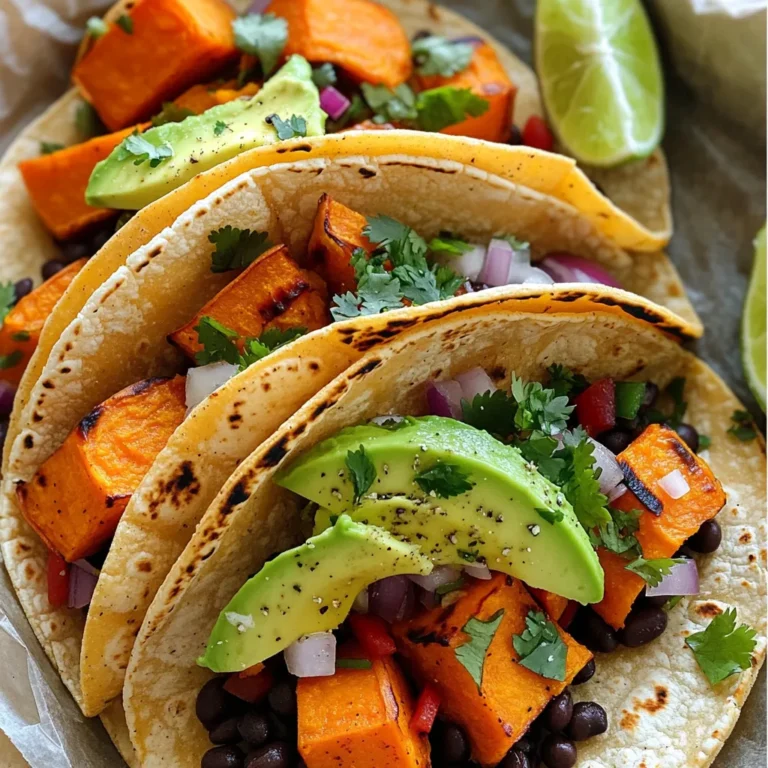 - 2 medium sweet potatoes, peeled and diced - 1 can (15 oz) black beans, rinsed and drained - 1 red bell pepper, diced - 1 small red onion, chopped - 2 tablespoons olive oil - 1 teaspoon cumin - 1 teaspoon chili powder - Salt and pepper to taste - 8 corn tortillas - 1 avocado, sliced - Fresh cilantro, for garnish - Lime wedges, for serving Sweet potatoes are the star here. Their sweetness makes the dish pop. I use two medium sweet potatoes. Dicing them into small cubes helps them roast well. Black beans add protein and creaminess. One can of black beans is enough. The bell pepper adds crunch and color. A red bell pepper works great, but you can use any type. For a bit of flavor, I add a small red onion. It gives a nice bite to the tacos. Next, we have olive oil. This helps to roast the sweet potatoes and veggies. I use two tablespoons. Then come the spices. Cumin and chili powder bring warmth and depth. I recommend one teaspoon of each. Salt and pepper add balance. Adjust to your taste. Now, let’s talk about the tortillas. Eight corn tortillas are perfect for serving. They are soft and flavorful. For toppings, I love adding sliced avocado. It adds creaminess and freshness. Fresh cilantro gives a bright finish. Finally, lime wedges add a zesty kick. Squeeze them on top for extra flavor. This list of ingredients makes sweet potato black bean tacos a true delight! First, preheat your oven to 425°F (220°C). This helps the sweet potatoes cook well. Next, grab a large sheet pan. Spread the diced sweet potatoes, red bell pepper, and chopped onion evenly on the pan. Make sure they have space to cook. Drizzle 2 tablespoons of olive oil over the veggies. Then, sprinkle 1 teaspoon each of cumin and chili powder, along with salt and pepper to taste. Toss everything together. This makes sure all veggies get coated in the spices. Roast them in the oven for 20 to 25 minutes. Stir them halfway through to cook evenly. Look for the sweet potatoes to be tender and slightly caramelized. After roasting, take the pan out of the oven. Stir in the rinsed black beans and mix well. Return the pan to the oven for an additional 5 minutes. This warms the beans through. While the filling cools slightly, warm the corn tortillas in a skillet over medium heat. Heat each side for about 30 seconds. Now, to build your taco, place a generous spoonful of the sweet potato and black bean mix onto each tortilla. Top them with sliced avocado and fresh cilantro. Serve with lime wedges on the side for extra flavor. Using fresh spices makes a big difference. They add a rich taste to your dish. I recommend buying whole spices and grinding them at home. It brings out their full flavor. To ensure even roasting of vegetables, cut them into similar sizes. This way, they cook at the same pace. Toss them halfway through cooking. This helps them brown evenly for great texture. For avocados, I love using Hass avocados. They are creamy and flavorful. Slice them just before serving to keep them fresh. You can also mash them for an extra twist. For extra flavor and beautiful presentation, consider adding some diced tomatoes, radishes, or jalapeños. They add color and crunch. A dollop of sour cream or yogurt can also balance the heat. Prepping ingredients in advance saves time. You can chop the sweet potatoes and bell pepper a day before. Store them in the fridge until you are ready to cook. If you have leftover taco mixture, use it in other meals. It works well in salads or as a filling for burritos. You can even top it with cheese and bake it for a quick casserole. {{image_2}} You can change the beans and veggies easily. Try pinto or kidney beans instead of black beans. For veggies, use zucchini or corn. They add nice flavors too. If you want gluten-free options, corn tortillas are perfect. If you prefer dairy-free, skip cheese or sour cream. Instead, go for extra avocado or lime juice. Boost the taste by adding spices or sauces. Consider smoked paprika for a deeper flavor. You could also add a dash of hot sauce for extra heat. If you love spicy food, try adding jalapeños or cayenne pepper. Mixing in fresh herbs like oregano or thyme will also change the taste. Each herb will give your tacos a unique feel. Tacos can be served in many ways. You can make a taco bowl with rice and beans at the base. Top it with the sweet potato mix and avocado. You can also turn this recipe into nachos. Just spread tortilla chips on a plate, add the taco mixture, and sprinkle cheese on top. Bake until the cheese melts. Another fun option is to make burritos. Use larger tortillas, fill them with the mixture, then roll them up. Enjoy them with your favorite salsa! To keep your sweet potato black bean taco filling fresh, store it in an airtight container. Let it cool down before sealing. This helps keep moisture inside. Place it in the fridge, where it will last for about three to four days. For keeping tortillas fresh, wrap them in a clean kitchen towel. You can also place them in a sealed bag to prevent drying out. To reheat the taco filling, use a skillet over medium heat. Stir it often for even warmth. If you prefer the oven, place the filling in a baking dish. Heat it at 350°F (175°C) for about 10 minutes. For tortillas, heat them in a skillet for about 30 seconds on each side. This helps keep them soft and tasty. You can freeze the taco filling for later use. Let it cool completely, then transfer it to a freezer-safe container. It will stay good for up to three months. For tortillas, stack them with parchment paper in between. Wrap the stack in foil and place it in a freezer bag. To thaw, move the filling to the fridge overnight. Reheat it as mentioned earlier. For tortillas, warm them in a skillet or microwave. Enjoy your tacos again! You can store sweet potato black bean tacos for up to three days. Keep the filling in an airtight container. This helps to keep the flavors fresh. The tortillas can dry out, so store them separately. When ready to eat, reheat the filling and warm the tortillas. Yes, you can prep these tacos ahead of time. Make the filling a day before and store it in the fridge. Just warm it up before serving. You can also chop the veggies in advance. This saves time on busy days. Just keep them covered until you’re ready to cook. Yes, these tacos can fit a gluten-free diet. Use corn tortillas as your base. They are naturally gluten-free. Always check labels for any hidden gluten in other ingredients. If you need more protein, feel free to add extra beans. You can also swap sweet potatoes for another veggie you enjoy. This blog post covered how to make delicious sweet potato black bean tacos. We explored key ingredients and simple steps for preparation. I shared tips for flavor and meal prep, along with variations and storage advice. These tacos fit various diets and can be made ahead. Incorporating nutritious ingredients and flexible options makes this recipe a great choice. Enjoy these tasty tacos any time, knowing they are easy to prepare and full of flavor.
