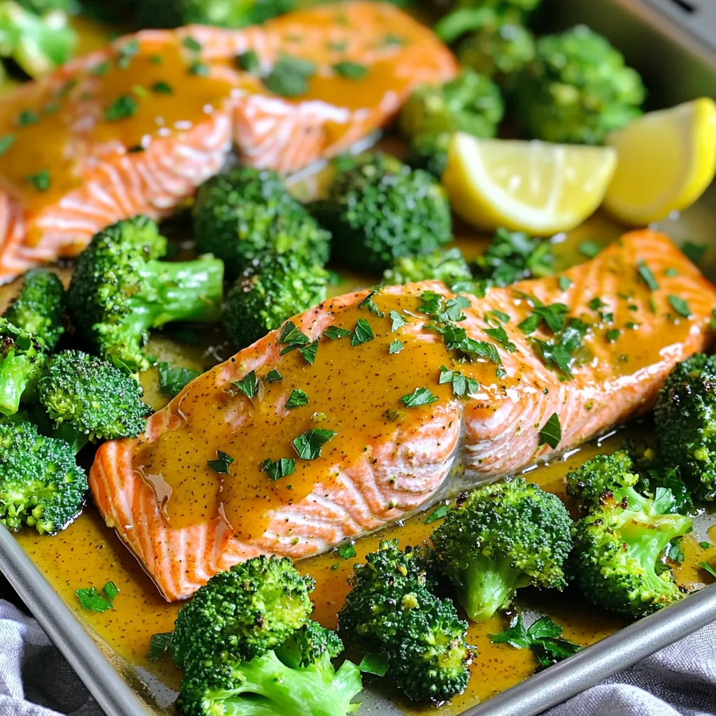 - 4 salmon fillets - 2 cups broccoli florets - 1/4 cup Dijon mustard - 1/4 cup honey - 2 tablespoons olive oil - 2 teaspoons garlic powder - 1 teaspoon smoked paprika - Salt and pepper to taste - Fresh parsley, chopped (for garnish) If you need to convert measurements, here are some tips: - 1/4 cup is equal to 4 tablespoons. - 2 cups equals 16 fluid ounces. - 1 teaspoon is about 5 milliliters. Using fresh ingredients makes a big difference in flavor. Fresh salmon has a rich taste and tender texture. Broccoli should be bright green and firm for the best crunch. Fresh Dijon mustard adds a tangy kick, while honey gives a sweet balance. Quality olive oil enhances the overall dish. When you use fresh ingredients, you boost taste and nutrition. You want your meal to shine, and fresh items help you achieve that. So always choose the best when you cook! Start by preheating your oven to 400°F (200°C). This step is key. A hot oven cooks the salmon and broccoli evenly. While you're at it, line a large sheet pan with parchment paper. This makes cleanup a breeze. In a small bowl, mix together the Dijon mustard and honey. Add olive oil, garlic powder, smoked paprika, salt, and pepper. Whisk it all together until smooth. This sauce adds a tasty kick to your salmon and broccoli. Place the salmon fillets in the center of your sheet pan. Brush half of the honey mustard sauce over the salmon fillets. Next, arrange the broccoli florets around the salmon. Drizzle the rest of the sauce over the broccoli. Season the broccoli with more salt and pepper, then toss gently. Slide the sheet pan into your preheated oven. Bake for about 15 to 20 minutes. The salmon should flake easily with a fork. The internal temperature should reach 145°F (63°C). The broccoli should be tender and have slight browning. After baking, take the sheet pan out of the oven. Let it rest for a couple of minutes. This helps the juices settle. Check that the salmon is fully cooked. If it’s flaky, you’re good to go! Garnish with chopped fresh parsley before serving. Enjoy your meal! To get the best salmon, start with fresh fillets. Look for bright color and no fishy smell. Make sure you let the salmon sit out for about 15 minutes before cooking. This helps it cook evenly. Brush the honey mustard sauce on each fillet. It adds flavor and moisture. Cook your salmon until it reaches an internal temperature of 145°F. It should flake easily when done. Seasoning is key to making your dish sing. Use salt and pepper to taste. These simple spices boost the salmon's natural flavor. The garlic powder and smoked paprika add depth. They give a warm and savory taste. Don’t be shy with the honey mustard sauce; it brings sweetness and tang. Feel free to experiment with other herbs, like thyme or dill, for added aroma. Baking time can vary based on your oven and the thickness of the salmon. Generally, bake for 15-20 minutes. Check for doneness around the 15-minute mark. If your salmon is thick, it may need a bit longer. Broccoli should be tender and slightly browned. If it's not done after 20 minutes, give it a few extra minutes. Always watch closely to avoid overcooking. {{image_2}} You can easily add more veggies to this dish. Try using carrots, bell peppers, or asparagus. Chop them into similar sizes as the broccoli. This way, they cook evenly. Toss them around the salmon and drizzle with sauce. The honey mustard flavor pairs well with many vegetables. Experimenting adds fun and color to your meal. While honey mustard is a star, you can switch it up. Try teriyaki sauce or a lemon-garlic mix. For a spicy kick, add sriracha or chili paste to the honey mustard. Each sauce brings a new taste and vibe. You can even create a yogurt sauce for a creamy twist. This simple change can make the dish feel fresh and exciting. Salmon is fantastic, but it's not the only option. You can use trout or cod for a change. Both types of fish cook well and take on flavors nicely. Just make sure they are fresh and farmed sustainably. Adjust cooking times if needed. Thinner fish may cook faster, while thicker ones might need more time. Enjoy experimenting with different fish to find your favorite! You can keep leftovers in an airtight container. Place them in the fridge for up to three days. Make sure to store the salmon and broccoli together for best flavor. It’s best to eat them fresh, but they can still taste good when stored. To reheat, use the oven for the best results. Preheat your oven to 350°F (175°C). Place the salmon and broccoli on a baking sheet. Heat for about 10 minutes or until warm. You can also use a microwave if you need a quick option. Just heat in short bursts, checking often. If you want to freeze your dish, do it right away. Wrap the salmon and broccoli tightly in foil or use freezer-safe containers. It can last up to three months in the freezer. When you’re ready to eat, thaw it in the fridge overnight before reheating. Yes, you can use frozen salmon. Just make sure to thaw it first. Place the salmon in the fridge overnight to thaw. If you're short on time, you can also run it under cold water for about an hour. Once thawed, follow the same steps in the recipe. This method works well for keeping the salmon moist. Honey mustard salmon pairs well with many sides. I suggest serving it with: - Rice - Quinoa - Mashed potatoes - A fresh salad - Roasted sweet potatoes These options add balance to your meal. They also soak up the tasty honey mustard sauce! To check if salmon is cooked, look for a few signs: - The meat should be opaque. - It should easily flake with a fork. - The internal temperature should reach 145°F (63°C). A meat thermometer is great for accuracy. If you don’t have one, use a fork to test the flakiness. Yes, you can prepare this meal in advance. You can mix the honey mustard sauce and coat the salmon and broccoli. Store everything in the fridge for up to 24 hours. When ready to cook, just preheat the oven and bake as directed. This saves time and makes meal prep easy! We covered key ingredients and how to prepare honey mustard salmon with broccoli. Fresh ingredients boost flavor, while careful baking ensures perfect doneness. Remember tips for seasoning and timing; they elevate the dish. You can try fun variations with different veggies or sauces. Don’t forget about storage options for leftovers. With these steps and insights, you can make this meal your own. Enjoy experimenting and cooking delicious salmon!