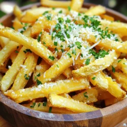 - 2 large russet potatoes - 4 tablespoons unsalted butter, melted - 4 cloves garlic, minced - 1/2 teaspoon dried oregano - 1/2 teaspoon smoked paprika - Salt and black pepper, to taste - 1/2 cup freshly grated Parmesan cheese - Fresh parsley, chopped (for garnish) Gathering good ingredients is key to great fries. I love using russet potatoes. They are perfect for fries because they are starchy and turn crispy. You want to choose large ones for enough fries to share. Next, you need unsalted butter. It adds a rich flavor that pairs well with garlic. Speaking of garlic, you’ll need four cloves. Fresh garlic gives the best taste in this recipe. Adding dried oregano and smoked paprika brings extra flavor to the mix. Don't forget salt and black pepper; they boost the taste of everything. Finally, freshly grated Parmesan cheese is a must-have. It melts perfectly on hot fries. Chopped fresh parsley adds a nice touch and bright color. Having fresh herbs makes the dish look even better. Make sure you have all these ingredients ready before you start cooking! Start by washing your russet potatoes. Use cold water to scrub them well. Once clean, cut the potatoes into sticks about 1/4 inch thick. This size helps them cook evenly. After cutting, soak the potato sticks in a bowl of water for at least 30 minutes. Soaking removes extra starch. This step is key for crispy fries. After soaking, drain them and pat them dry with a clean towel. In a small bowl, mix 4 tablespoons of melted unsalted butter with 4 minced cloves of garlic. Add 1/2 teaspoon of dried oregano and 1/2 teaspoon of smoked paprika. Season with salt and black pepper to taste. Stir this mixture until it combines well. The aroma will be inviting! First, preheat your air fryer to 400°F (200°C) for about 5 minutes. This step ensures even cooking. Once preheated, place the coated fries in a single layer in the air fryer basket. If your air fryer is small, cook in batches. Air fry the fries for 15-20 minutes. Shake the basket halfway through to promote even cooking. The fries should turn golden and crispy. When they are done, sprinkle 1/2 cup of freshly grated Parmesan cheese over the fries right away. The heat will help the cheese melt slightly. Remove the fries from the air fryer and garnish with chopped parsley before serving. Enjoy your delicious garlic butter Parmesan fries! To make the best fries, start with soaking the potatoes. Place the cut fries in a bowl of water for at least 30 minutes. This step helps remove excess starch. Less starch means crispier fries. After soaking, it is crucial to dry the potatoes well. Use a clean towel to pat them dry. Moisture can make the fries soggy in the air fryer. To boost the flavor, think about adding spices. Consider garlic powder, onion powder, or cayenne pepper for some heat. These spices can make your fries even tastier. If you want to switch things up, try alternatives to Parmesan cheese. Nutritional yeast gives a cheesy flavor without dairy. Crumbled feta or cheddar can also work great. Get creative and find what you love! {{image_2}} You can play with different potatoes to mix things up. Sweet potatoes are a great choice. They add a tasty, sweet flavor. Simply follow the same steps as with russet potatoes. Other types of potatoes, like Yukon Gold or red potatoes, also work well. Each type gives a unique taste and texture. For a twist, try adding different herbs. You can use fresh rosemary or thyme. These herbs pair well with garlic. If you want more garlic flavor, add a bit more minced garlic to the mix. After cooking, sprinkle on some spicy toppings like chili flakes or fresh herbs. These will kick up the flavor even more. Enjoy being creative with your fries! To keep your garlic butter parmesan fries fresh, follow these steps: - Place leftover fries in an airtight container. - Store them in the fridge for up to three days. - Make sure they cool down before sealing the container to prevent steam. For reheating, you want to keep that crispy texture. Here’s how: - Preheat your air fryer to 350°F (175°C). - Place the fries in a single layer in the basket. - Heat for about 5-7 minutes. - Shake the basket halfway through to ensure even heating. If you want to save some fries for later, freezing is a great option. Here’s a simple guide: - Allow the fries to cool completely. - Spread them out on a baking sheet in a single layer. - Freeze for about 1-2 hours until solid. - Transfer them to a freezer-safe bag or container. When you’re ready to cook from frozen: - Preheat your air fryer to 400°F (200°C). - No need to thaw; just cook frozen fries for 20-25 minutes. - Shake the basket halfway through for crispiness. Yes, you can use frozen fries. Frozen fries save time and work well in the air fryer. Just adjust the cooking time. Cook them for about 10-15 minutes at 400°F (200°C). Shake the basket halfway through to get even crispiness. Garlic butter fries taste great with many dipping sauces. Here are some choices: - Garlic aioli - Ketchup - Ranch dressing - Spicy mayo - Barbecue sauce Try out different sauces and find your favorite! To make vegan garlic butter fries, replace the butter with vegan butter or olive oil. Use nutritional yeast instead of Parmesan cheese for a cheesy flavor. Follow the same steps in the recipe. Enjoy a tasty vegan treat! We explored how to make crispy garlic butter Parmesan fries using simple steps. You learned about the key ingredients, including russet potatoes, butter, and garlic, and how to prep them for air frying. We shared tips for achieving that perfect crunch and suggested tasty variations. Finally, I provided storage tips to keep leftovers fresh. Cooking fries at home can be fun and rewarding. Get creative and enjoy the process!