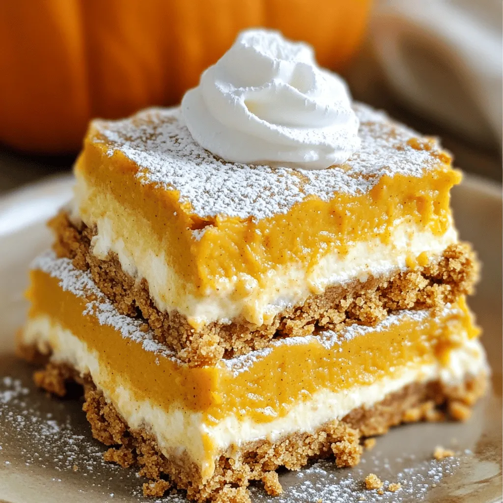 - 1 1/2 cups graham cracker crumbs - 1/2 cup unsalted butter, melted - 1/4 cup brown sugar - 1 teaspoon cinnamon - 1/4 teaspoon salt - 8 oz cream cheese, softened - 1 cup pumpkin puree - 1/2 cup granulated sugar - 2 large eggs - 1 teaspoon vanilla extract - 1 teaspoon pumpkin pie spice For the crust and crumble, use finely crushed graham crackers. This helps form a smooth base. Melt the butter gently to avoid burning. Mix the butter with the sugar, cinnamon, and salt before adding the crumbs. This makes sure all flavors blend well. For the pumpkin cheesecake layer, soften the cream cheese first. This makes it easier to beat smoothly. When adding the pumpkin puree, ensure it is pure and not spiced. Mix all the ingredients until the batter is smooth. This avoids lumps in your cheesecake. When measuring, use a dry measuring cup for the crumbs and a liquid cup for the pumpkin. Always level off the cups for accuracy. Following these tips will help you create a great balance of flavors and textures in your bars. To start, preheat your oven to 350°F (175°C). This step is key for even baking. Line an 8x8-inch baking pan with parchment paper. Leave some paper hanging over the edges. This makes it easy to lift the bars out later. In a mixing bowl, combine 1 1/2 cups graham cracker crumbs, 1/2 cup melted unsalted butter, 1/4 cup brown sugar, 1 teaspoon cinnamon, and 1/4 teaspoon salt. Mix well until all ingredients blend smoothly. Take two-thirds of this mixture. Press it firmly into the bottom of the baking pan. This will be your crust. Set aside the last third for the crumble topping. In another bowl, beat 8 oz of softened cream cheese until it’s smooth. Then, add 1 cup of pumpkin puree, 1/2 cup granulated sugar, 2 large eggs, 1 teaspoon vanilla extract, and 1 teaspoon pumpkin pie spice. Mix everything together until smooth. The blend should be creamy and well combined. Now, pour the pumpkin cheesecake mix over the crust in the baking pan. Spread it out evenly. Next, take the reserved crumble mixture and sprinkle it over the cheesecake layer. Make sure it covers the entire surface. Place the pan in the preheated oven. Bake for 35-40 minutes. You want the edges to set while the center can still jiggle a bit. Once done, take it out and let it cool at room temperature for about 30 minutes. After that, refrigerate for at least 2 hours before slicing into bars. This cooling time helps the bars firm up nicely. For great texture, focus on the crust and filling. Press the crust firmly into the pan. This helps it hold together. The crust should feel dense. For the filling, mix the cream cheese and pumpkin well. Blend until smooth. This gives you a creamy bar. If you see lumps, keep mixing. You want a silky filling that spreads easily. One mistake is not cooling the bars enough. Letting them cool at room temperature is key. After that, chill them in the fridge. This step helps the bars set and slice neatly. Another common error is overbaking the bars. Keep an eye on them. They should jiggle slightly in the center when done. If they look too firm, they may dry out. To make these bars even tastier, serve them chilled. A sprinkle of powdered sugar adds a nice touch. You can also add whipped cream on the side. For extra flavor, sprinkle a bit of cinnamon over the top. This enhances the pumpkin spice taste. Feel free to pair these bars with a warm drink, like chai or coffee. The warmth complements the cool, creamy dessert. {{image_2}} You can switch up the spices in these bars. Try using nutmeg or ginger instead of cinnamon. Nutmeg adds warmth and depth. Ginger brings a nice zing. Each change gives a new twist. You can also mix in some chocolate chips for extra richness. If you love a nutty taste, sprinkle in some chopped pecans or walnuts. Want a lighter version? Use gluten-free graham cracker crumbs for the crust. Swap the cream cheese for a dairy-free alternative, like cashew cream. You can also use maple syrup instead of granulated sugar. This makes the bars healthier without losing flavor. For a vegan option, use flax eggs instead of regular eggs. This keeps the texture creamy and rich. To make your bars look fancy, dust them with powdered sugar. Add a dollop of whipped cream on the side for creaminess. For a festive touch, sprinkle some cinnamon on top. You can also add a few pumpkin seeds for crunch. Serve these bars on a beautiful platter to impress your guests. These little details make your treats even more special! To keep your pumpkin cheesecake crumble bars fresh, store them in the fridge. Use an airtight container. This will help maintain their creamy texture and rich flavor. If you want to keep them longer, you can freeze them. To freeze pumpkin cheesecake crumble bars, first cut them into squares. Wrap each square tightly in plastic wrap. Then, place them in a freezer-safe bag or container. Be sure to label the bag with the date. When you want to eat them, let them thaw in the fridge overnight. This keeps them tasty and prevents freezer burn. When stored properly, these bars last about 5 to 7 days in the fridge. If you freeze them, they can last up to 3 months. Check for signs of spoilage. If you see mold or an off smell, it’s best to throw them away. Enjoy your delicious treats while they’re fresh! Yes, you can make these bars ahead of time. They taste even better after sitting in the fridge. Make them a day before your event for best results. Just keep them in an airtight container. This helps keep the bars fresh and delicious. You can tell when the bars are done by looking at the edges. They should be set, while the center might jiggle a bit. A good rule is to bake for 35-40 minutes. If unsure, insert a toothpick in the center. If it comes out clean, your bars are ready! Yes, feel free to use a different crust if you like. A cookie crust or an oat crust works well too. Just make sure it is pressed firmly into the pan. This helps the bars hold their shape while baking. We covered how to make delicious pumpkin cheesecake crumble bars from start to finish. You learned about the ingredients, step-by-step instructions, tips for perfect texture, and variations to try. Remember to store them properly and watch for spoilage signs. These bars can brighten up any season. Enjoy your baking and impress your friends!