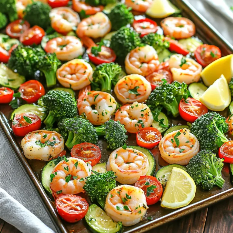 - 1 lb large shrimp, peeled and deveined - 2 cups broccoli florets - 1 red bell pepper, sliced - 1 zucchini, sliced - 1 cup cherry tomatoes, halved - 4 cloves garlic, minced - 3 tablespoons olive oil - 1 tablespoon Italian seasoning - 1 teaspoon red pepper flakes (optional) - Salt and pepper, to taste - Fresh parsley, chopped (for garnish) - Lemon wedges (for serving) Gathering the right ingredients is key to making the Garlic Herb Shrimp & Veggie Bake. Start with large shrimp. They should be peeled and deveined for the best taste. You can find them at most grocery stores. Next, choose fresh vegetables. Broccoli florets add crunch and color. A red bell pepper gives sweetness and brightness. Zucchini is soft and mild, while cherry tomatoes add juicy bites. For flavor, garlic is a must. You will use fresh garlic, not powdered. Olive oil is your base for the seasoning. It keeps the shrimp and veggies moist while baking. Italian seasoning brings warmth and depth. Red pepper flakes are optional, but they give a nice kick. Don't forget salt and pepper; they enhance all the flavors. Finally, garnishes like parsley and lemon wedges brighten the dish. The parsley adds a fresh touch, and lemon juice gives a zesty finish. Make sure to have these ready before you start cooking. - Preheating the Oven First, set your oven to 400°F (200°C). This ensures even cooking. A hot oven helps the shrimp cook fast. - Preparing the Vegetables and Shrimp Next, gather your fresh veggies and shrimp. You need 1 pound of large shrimp that is peeled and deveined. For veggies, use 2 cups of broccoli florets, 1 sliced red bell pepper, and 1 sliced zucchini. Don’t forget 1 cup of halved cherry tomatoes. Place all these in a big bowl. - Whisking the Olive Oil Mixture In a small bowl, mix 4 minced garlic cloves with 3 tablespoons of olive oil. Add 1 tablespoon of Italian seasoning, 1 teaspoon of red pepper flakes (if you want some heat), salt, and pepper to taste. Whisk this well until combined. - Tossing & Spreading on Baking Sheet Pour this olive oil mix over your shrimp and veggies. Toss everything together so each piece gets coated. Then, spread the mixture evenly on a large baking sheet. - Baking Time and Temperature Bake in your preheated oven for 15 to 20 minutes. You want the shrimp to turn pink and the veggies to become tender. Keep an eye on it to avoid overcooking. - Squeezing Lemon Juice Once baked, take the pan out of the oven. Squeeze fresh lemon juice all over the dish. This adds brightness and flavor. - Garnishing with Parsley Finally, sprinkle chopped fresh parsley on top. This gives your meal a nice pop of color and a fresh taste. Ensuring Even Cooking To make sure everything cooks just right, spread the shrimp and veggies evenly on the baking sheet. This helps them cook at the same pace. If they are too crowded, some may get soggy. Try to keep space between each piece. Avoiding Overcooked Shrimp Shrimp cooks fast, so watch it closely. Bake for 15 to 20 minutes, until they turn pink. If they cook too long, they can become rubbery. If you see them getting bright orange, take them out right away. Creative Plating Ideas For a fun look, serve the dish right on the baking sheet. It gives a rustic vibe. You can also use a big platter and arrange the shrimp and veggies neatly. Add lemon wedges around for color and zest. Pairing with Side Dishes This dish goes well with many sides. Try a simple green salad or some crusty bread. Rice or quinoa also works great. They soak up the tasty juices nicely. Adding Other Vegetables Feel free to mix in your favorite veggies. Asparagus, carrots, or snap peas can add nice colors and flavors. Just chop them to match the cooking time of the shrimp. Spice Level Adjustments If you like heat, add more red pepper flakes. You can also use hot sauce or fresh jalapeños. For a milder taste, skip the red pepper or use sweet bell peppers instead. Adjust to fit your taste! {{image_2}} You can easily swap shrimp for other proteins. Chicken is a great choice. Use boneless chicken thighs or breasts cut into bite-sized pieces. Cook them the same way as shrimp. Tofu works too. Use firm or extra-firm tofu. Press it first to remove moisture. Cut it into cubes and toss it in the same garlic herb mix. For seafood lovers, try scallops or even fish fillets. White fish like cod or tilapia holds up well when baked. Just adjust the cooking time. Fish cooks faster than shrimp, so keep an eye on it. Using seasonal vegetables adds fun and flavor. In spring, add asparagus or peas. In summer, try bell peppers and corn. Fall is perfect for squash or Brussels sprouts. Winter calls for hearty veggies like carrots and sweet potatoes. Feel free to swap any of the vegetables in the recipe. Broccoli can easily be replaced with green beans. Zucchini can be switched with eggplant. Just make sure your choices match the cooking time. Fresh herbs can change the entire dish. Instead of Italian seasoning, try fresh basil or cilantro. Parsley adds a nice touch, but thyme or rosemary can also work well. Use what you love or have on hand. Spice lovers can play with the heat. Add more red pepper flakes or a dash of cayenne. You can also use smoked paprika for a different flavor. If you prefer a sweeter taste, sprinkle some brown sugar or honey on the veggies. Mixing flavors keeps each bake exciting! To keep your Garlic Herb Shrimp and Veggie Bake fresh, use airtight containers. Let the dish cool down before sealing it. This helps prevent moisture buildup. Store it in the fridge for up to three days. If you want to keep it longer, freezing is a great option. To freeze your leftovers, first, let them cool completely. Then, portion them into freezer-safe bags or containers. Be sure to remove as much air as possible. Label each bag with the date. Properly stored, it can last for up to three months. When you’re ready to enjoy it again, thaw it overnight in the fridge. When it’s time to reheat, I recommend using the oven. Preheat your oven to 350°F (175°C). Spread the shrimp and veggies on a baking sheet. Bake for about 10-15 minutes. This method keeps the texture nice. You can also use a microwave. Just heat in short bursts. Stir and check often to avoid overcooking. Enjoy your meal warm and tasty! Bake Garlic Herb Shrimp & Veggie Bake for 15 to 20 minutes at 400°F. Check that the shrimp turns pink and the veggies become tender. Thin shrimp cook fast, so keep an eye on them. Yes, you can prep this dish ahead of time. Chop veggies and marinate shrimp in the garlic mixture. Store them in the fridge for up to 24 hours. When ready, spread them on a baking sheet and bake. Pair this dish with rice or quinoa for a filling meal. A simple green salad is also great. For drinks, try a crisp white wine or sparkling water with lemon. For more heat, add extra red pepper flakes to the oil mix. You can also use a spicy seasoning blend or hot sauce. Another option is to include diced jalapeños with the veggies. This blog post covered a simple, tasty Garlic Herb Shrimp and Veggie Bake. We discussed key ingredients, step-by-step instructions, and useful tips to ensure great results. You can adjust flavors and swap ingredients based on what you have. Storing and reheating tips help keep your dish fresh. Now you have all the knowledge needed to create a delicious, versatile meal. Enjoy cooking and sharing it with others!