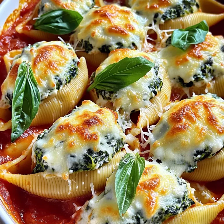 - 20 large pasta shells - 2 cups ricotta cheese - 1 cup cooked spinach, chopped - 1 cup mozzarella cheese, shredded - 1/2 cup grated Parmesan cheese - 1 egg - 2 cloves garlic, minced - 1 teaspoon onion powder - 1/2 teaspoon salt - 1/4 teaspoon black pepper - 1/4 teaspoon nutmeg - 2 cups marinara sauce - Fresh basil leaves, for garnish For Creamy Spinach Ricotta Stuffed Shells, gather these fresh and tasty ingredients. The large pasta shells hold the creamy filling well. Ricotta cheese gives a soft texture. Adding cooked spinach packs in nutrients and color. Mozzarella brings stretch and flavor, while Parmesan adds a savory bite. One egg helps bind the filling. Garlic and onion powder give depth. Season with salt, black pepper, and nutmeg for warmth. Marinara sauce adds moisture and tang. Fresh basil leaves are a lovely garnish. Each ingredient plays a role in making this dish special. Preheat your oven to 375°F (190°C). This step is key for even cooking. In a large pot, bring salted water to a boil. Add the pasta shells and cook them until they are al dente. Follow the package instructions for timing. After cooking, drain the shells and let them cool for a few minutes. In a mixing bowl, combine the following ingredients: - 2 cups ricotta cheese - 1 cup cooked spinach, chopped - 1/2 cup mozzarella cheese, shredded - 1/4 cup Parmesan cheese, grated - 1 egg - 2 cloves garlic, minced - 1 teaspoon onion powder - 1/2 teaspoon salt - 1/4 teaspoon black pepper - 1/4 teaspoon nutmeg Mix everything well until it becomes creamy and smooth. This mix adds flavor to the shells. Take each cooked shell and gently fill it with the ricotta mixture. You can use a teaspoon or a piping bag for this. Fill them generously but don’t overstuff. Spread a thin layer of marinara sauce on the bottom of a 9x13 inch baking dish. Place the stuffed shells in the dish, seam side up. Pour the rest of the marinara sauce over the shells, covering them well. Sprinkle the remaining mozzarella and Parmesan cheese over the top of the stuffed shells. This will create a nice, cheesy crust. Cover the dish with foil. Bake in the preheated oven for 25 minutes. After that, remove the foil and bake for another 10-15 minutes. Look for bubbly cheese and a light golden color. Once done, take the dish out of the oven. Let it sit for about 5 minutes. Garnish with fresh basil leaves before serving. Enjoy your creamy spinach ricotta stuffed shells! To make great stuffed shells, cook the pasta just right. Follow the package's time for al dente. Overcooking can make shells too soft to hold the filling. Let them cool a bit after draining. For filling, a piping bag works wonders. It helps you fill each shell neatly. If you don’t have one, a spoon works too. Just be gentle to avoid breaking the shells. You can swap ingredients based on what you have. For the ricotta, cottage cheese is a good choice. It offers a similar texture and taste. If you want a non-dairy option, use tofu. Blend it to get a smooth consistency. You can also change the spinach. Kale or Swiss chard works well too. For the cheese, try goat cheese for a tangy twist. If you don't like nutmeg, skip it or use a pinch of cinnamon for warmth. Store any leftovers in an airtight container. You can keep them in the fridge for up to three days. If you want to freeze them, place the shells in a single layer. Use a freezer-safe dish or wrap them in plastic. To reheat, bake at 350°F (175°C) until heated through. Cover with foil to avoid drying out. Enjoying these leftovers is just as good as the first meal! {{image_2}} You can make stuffed shells heartier by adding protein. Cooked chicken or sausage works well. For chicken, use shredded rotisserie chicken. Mix it into the ricotta filling for extra flavor. If you prefer sausage, cook it first. Then, crumble it and stir it into the filling. This adds a savory touch that kids and adults love. If you want to switch things up, try other greens. Kale or Swiss chard can replace spinach. Cook and chop them just like you did with the spinach. You can also mix mushrooms into the filling. They add a rich texture and earthy flavor. You can enjoy a tasty meal while keeping it meat-free. While marinara is a classic choice, feel free to experiment with sauces. Alfredo sauce adds a creamy touch. You can also use pesto for a fresh, herbal flavor. For a spicy twist, try arrabbiata sauce. Each sauce brings out different flavors in the stuffed shells. So, feel free to be creative. Each serving of Creamy Spinach Ricotta Stuffed Shells has about 400 calories. This meal packs in a good balance of nutrients. You get around 15 grams of protein, 20 grams of fat, and 40 grams of carbs. The protein comes mainly from ricotta and mozzarella. The carbs are from the pasta shells and marinara sauce, which make this dish filling and satisfying. Spinach is a powerhouse of vitamins. It is rich in vitamins A, C, and K. These vitamins help with eye health, skin health, and blood clotting. Spinach also contains iron, which is great for energy. Ricotta cheese adds calcium, which is essential for strong bones. It also has protein, helping with muscle repair and growth. Together, they make this dish not only tasty but also nutritious. You can lower the calories in this dish easily. Here are a few tips: - Use low-fat ricotta cheese instead of regular. - Choose a marinara sauce with no added sugar. - Substitute some of the pasta shells with zucchini or eggplant slices. - Serve with a side salad to add volume without many calories. These small changes can make a delicious meal even lighter without losing flavor. Yes, you can prepare these shells in advance. Simply follow the recipe up to the baking step. Cover the dish with foil and store it in the fridge. You can bake them the next day. Just add a few extra minutes to the cooking time. To prevent breaking, cook the pasta shells until they are just al dente. This keeps them firm. After cooking, rinse them in cold water. This cools them down and stops the cooking process. Handle the shells gently when stuffing them. These stuffed shells pair well with a simple green salad. You can also serve garlic bread on the side. A light vinaigrette adds a nice touch. For a heartier meal, consider adding roasted vegetables. Yes, gluten-free pasta works well in this dish. Many brands make gluten-free shells. Just follow the cooking instructions on the package. This way, you can enjoy the dish without gluten. Store leftovers in an airtight container in the fridge. They last up to three days. To reheat, place them in a baking dish and cover with foil. Heat in the oven at 350°F (175°C) until warm. You can add extra marinara sauce if needed. This blog post shared a simple recipe for Creamy Spinach Ricotta Stuffed Shells. We covered the ingredients, step-by-step cooking instructions, and helpful tips. You learned how to make delicious shells and explore variations, like adding protein. Plus, I shared useful storage tips and nutritional facts. Overall, this dish is fun to make and tasty to eat. Enjoy impressing family and friends with this easy recipe!
