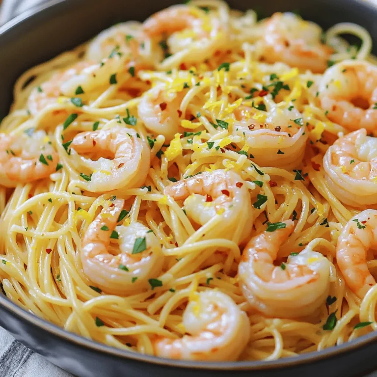 - 8 ounces spaghetti or linguine - 1 pound large shrimp, peeled and deveined - 3 tablespoons olive oil - 4 cloves garlic, minced - Zest and juice of 1 large lemon - 1 teaspoon red pepper flakes (adjust to taste) - Salt and pepper to taste - ¼ cup fresh parsley, chopped - Grated Parmesan cheese for serving (optional) In this recipe, I use spaghetti or linguine as the base. Both are great for holding the sauce. The large shrimp adds a nice bite and cooks quickly. Olive oil is my go-to fat here, as it brings flavor without overpowering the dish. Fresh minced garlic gives the pasta a strong, fragrant aroma. For flavor, lemon zest and juice brighten the dish. I often add red pepper flakes for a little heat. A sprinkle of salt and pepper adds depth, while fresh parsley gives a burst of color. If you enjoy cheese, Parmesan adds a rich finish. First, you need a large pot. Fill it with water and add salt. Bring the water to a boil. This means the water should have big bubbles. Once it is boiling, add 8 ounces of spaghetti or linguine. Cook the pasta according to the package instructions. You want it to be al dente, which means it should still have a slight bite. This usually takes about 8 to 10 minutes. When done, save ½ cup of the pasta water. Then, drain the pasta and set it aside. Next, grab a large skillet. Heat 3 tablespoons of olive oil over medium heat. Add 4 cloves of minced garlic and 1 teaspoon of red pepper flakes. Sauté this mix for about 1 minute. You want to smell the garlic, but don’t burn it. Now, add the 1 pound of large shrimp, peeled and deveined. Sprinkle salt and pepper over the shrimp. Cook them for about 2 to 3 minutes on each side. They will turn pink when they are fully cooked. After the shrimp are cooked, lower the heat. Add the zest and juice of 1 large lemon to the skillet. Then, toss in the cooked pasta. If the pasta looks dry, use the reserved pasta water. Gradually add it until the pasta reaches your desired consistency. This will help the flavors mix well. Lastly, stir in ¼ cup of chopped fresh parsley. Taste and adjust seasoning with extra salt, pepper, or lemon juice if you like. When choosing shrimp, fresh is often best. Fresh shrimp have a sweet taste and firm texture. However, frozen shrimp can work well too. They are often frozen right after being caught, locking in flavor. Look for shrimp that are large and peeled. Large shrimp hold up better in the dish. Smaller shrimp can cook too quickly and may not be as satisfying. To get that perfect al dente pasta, cook it according to the package. This means firm but tender. Always use plenty of salted water. It helps flavor the pasta. Once cooked, reserve about half a cup of the pasta water before draining. This water can help make your dish saucy later. If pasta sticks together, try tossing it with a bit of olive oil after draining. This simple step keeps it from clumping. Lemon juice adds a bright taste, but balance is key. If you love a zing, add a bit more lemon juice. Red pepper flakes can kick up the heat. If you prefer less spice, start with a small sprinkle. You can always add more later. Taste as you go, and adjust flavors to your liking. This way, your Minute Lemon Garlic Shrimp Pasta will shine with your personal touch. {{image_2}} You can make this dish even better by adding vegetables. Spinach or cherry tomatoes work great. Spinach wilts down and adds nutrients. Cherry tomatoes burst with flavor and color. Both options make the dish more colorful and tasty. You can sauté them with the garlic before adding the shrimp. This adds a fresh twist and makes the meal healthier. If you want a change from shrimp, try chicken or tofu. Chicken adds a hearty bite, while tofu gives a nice texture for a vegetarian meal. Cook chicken breast in the same way as the shrimp. For tofu, press it first to get rid of extra moisture. Then sauté it until golden. Both options keep the dish delicious and satisfying. Changing the herbs and spices can create new flavors. You might try basil, thyme, or oregano for a different taste. You can also make the dish creamy by adding cheese or cream. Stir in some heavy cream or cream cheese after adding the lemon juice. This will give the dish a rich and velvety texture. Experimenting with flavors keeps this meal exciting and fresh. To keep your Minute Lemon Garlic Shrimp Pasta fresh, place it in an airtight container. This method helps prevent any odors from the fridge. The pasta stays good for three days in the fridge. If you notice any strange smells or colors, it's best to toss it out. You can freeze this dish for later meals. First, let the pasta cool completely. Then, place it in freezer-safe bags or containers. Remove as much air as possible to prevent freezer burn. This dish can last for up to three months in the freezer. When you want to enjoy it again, take it out and thaw it in the fridge overnight. To reheat, warm it in a skillet over low heat. You can add a splash of water or olive oil to help it heat evenly. Stir well to bring back that fresh taste. This dish is quick to make. It takes about 10 minutes to prep and 10 minutes to cook. You can have it on your table in just 20 minutes. Yes, you can! While spaghetti or linguine works best, you can use any pasta type. Penne, fettuccine, or even whole wheat pasta will taste great. Just adjust the cooking time as needed. This pasta pairs well with a fresh salad or garlic bread. A light white wine like Pinot Grigio complements the lemon flavor nicely. You could also serve it with steamed veggies for a balanced meal. This blog lays out a simple guide for making Minute Lemon Garlic Shrimp Pasta. You learned about key ingredients, steps for cooking, and some helpful tips. You can also explore tasty variations. With proper storage, your leftovers will stay fresh. Experiment and enjoy this easy dish. You now have the knowledge to make it great every time. Eating well doesn’t have to be hard. Dive into your kitchen and create something delicious today.
