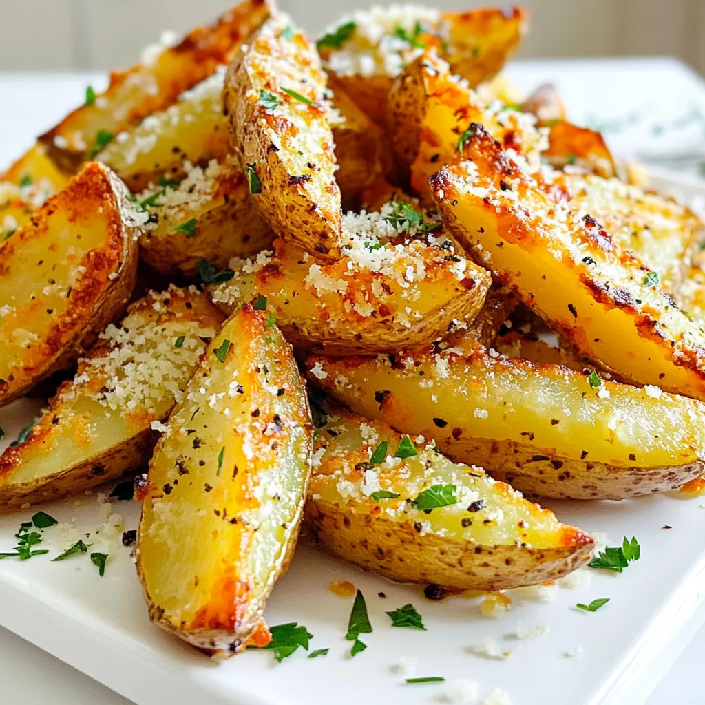 - 3 large russet potatoes - 4 tablespoons olive oil - 4 cloves garlic, minced - ½ cup grated Parmesan cheese - 1 teaspoon dried Italian herbs - ½ teaspoon smoked paprika - Salt and pepper - Fresh parsley for garnish The key to great garlic Parmesan potato wedges lies in the ingredients. First, choose 3 large russet potatoes. They are perfect for making crispy wedges. Wash them well and cut them into thick wedges. Next, we need 4 tablespoons of olive oil. This oil helps the wedges crisp up in the air fryer. Then, grab 4 cloves of garlic. Mince them finely to release their strong flavor. Now, let’s add cheese! Use ½ cup of grated Parmesan cheese for a rich taste. It sticks well to the potatoes when cooked. For some herb flavor, include 1 teaspoon of dried Italian herbs. A mix of oregano, basil, and thyme works great here. To add a hint of smokiness, I like to use ½ teaspoon of smoked paprika. Finally, season with salt and pepper to taste. Don’t forget fresh parsley! It adds a nice touch of color and flavor when you serve. These simple ingredients make the best garlic Parmesan potato wedges. Each bite is packed with flavor, and they are super easy to prepare. First, preheat your air fryer to 400°F (200°C). This step helps cook the potato wedges evenly. A hot air fryer makes the wedges crispy. It only takes a few minutes to reach the right temperature. Next, wash the russet potatoes well. Cut them into equal-sized wedges, about 1-inch thick. This size ensures they cook evenly. Place the wedges in a large bowl and pour in the olive oil. Toss them until they are well coated. In a separate small bowl, mix the minced garlic, grated Parmesan cheese, and dried Italian herbs. Add smoked paprika, salt, and pepper to this mixture. Stir well to combine all the flavors. This mix will give the wedges a delicious taste. Now, take the oiled potato wedges and sprinkle the garlic-Parmesan mixture over them. Toss again to coat each wedge evenly. Place the seasoned wedges in the air fryer basket in a single layer. Avoid overcrowding the basket; cook in batches if needed. Air fry for 15-18 minutes. Shake the basket halfway through cooking. This helps them brown and crisp up nicely. Once they are golden brown and crispy, remove the wedges from the air fryer. If you like, sprinkle with more Parmesan cheese for extra flavor. Finally, garnish with chopped fresh parsley for a touch of color. Serve them hot and enjoy this tasty delight! To get that perfect crunch, follow these steps. First, soak the potato wedges in water for 30 minutes. This removes extra starch. After soaking, dry them well with a towel. Moisture can make them soggy. Coat them evenly with olive oil. This helps them crisp up in the air fryer. Lastly, do not overcrowd the basket. This allows hot air to circulate freely, making your wedges crispy all around. Seasoning is key to great flavor. In a small bowl, mix garlic, Parmesan cheese, herbs, smoked paprika, salt, and pepper. Toss this mix with your oiled potato wedges. Make sure each wedge gets coated well. You can adjust the salt and pepper to your taste. Feel free to add more herbs if you like a stronger flavor. If you have a lot of wedges, cook them in batches. This ensures they cook evenly. Place a single layer of wedges in the air fryer. Cook them until golden brown and crispy. Once the first batch is done, keep them warm in the oven on low heat. This way, you can serve all your wedges hot and fresh at once. {{image_2}} You can switch up the cheese for a new taste. Try using cheddar for a sharp flavor. Feta cheese adds a tangy kick. If you want a creamier vibe, go for mozzarella. Each cheese gives the wedges a unique twist. You can mix two or more cheeses for an extra cheesy delight. Spices can elevate these wedges. Add cayenne pepper for heat. Try garlic powder for more garlic flavor. You can also use onion powder for a savory note. If you like herbs, fresh rosemary works well. A pinch of cumin can bring warmth and depth. Feel free to experiment with your favorite spices. To make this dish vegetarian, just skip the cheese or use a vegetarian option. For a vegan twist, try nutritional yeast instead of cheese. This gives a cheesy flavor without dairy. You can also use a vegan parmesan substitute. Ensure the olive oil and spices are also vegan-friendly. After enjoying your garlic Parmesan potato wedges, let them cool first. Place the cooled wedges in an airtight container. Keep them in the fridge for up to three days. This way, they stay fresh and tasty. To reheat, use your air fryer for the best results. Set it to 350°F (175°C). Place the wedges in the basket for about 5-7 minutes. This makes them crispy again. You can also use a microwave, but they may become soft. You can freeze the potato wedges before cooking them. Spread the raw, coated wedges on a baking sheet. Freeze them for a few hours until firm. Then, transfer them to a freezer bag. They will last for up to three months. Just remember to cook them straight from frozen, adding a few extra minutes to the cooking time. Yes, you can use other types of potatoes. Yukon Gold or sweet potatoes work well too. Each type gives a unique taste and texture. Just adjust cooking times if needed, as some potatoes may cook faster. To add spice, include red pepper flakes or cayenne pepper. You can mix in some spicy seasoning blends. Try adding jalapeños for a fresh kick. Start with a little and taste before adding more. These wedges pair well with many dishes. Serve them alongside burgers or grilled chicken. They also go great with a fresh salad or dipping sauces like ranch or ketchup. You can make them a fun snack at parties too! Check the wedges at 15 minutes. They should be golden and crisp. If they’re not done, cook for a few more minutes. You can test them with a fork. It should go in easily when they are ready. This blog post showed you how to make garlic Parmesan potato wedges in an air fryer. We covered the ingredients, steps, tips, variations, storage, and FAQs. Each part can help you create tasty, crispy wedges at home. Use my tips to make it your own. Get creative with spices and cheeses. Enjoy your wedges fresh or as leftovers. These simple guidelines will help you impress your family and friends every time you cook!