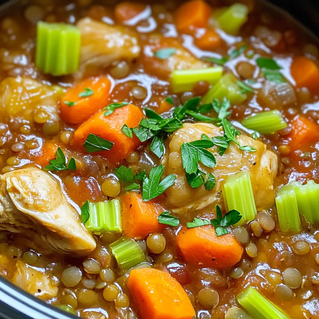 For this Rustic Chicken Lentil Stew, you will need: - 1 lb boneless, skinless chicken thighs, cut into chunks - 1 cup dried green or brown lentils, rinsed - 4 cups low-sodium chicken broth - 2 carrots, chopped - 2 celery stalks, chopped - 1 medium onion, diced - 3 cloves garlic, minced - 1 teaspoon dried thyme - 1 teaspoon smoked paprika - 1 bay leaf - Salt and pepper to taste - 2 tablespoons olive oil These ingredients come together to create a warm and hearty meal. The chicken thighs add rich flavor, while the lentils give it a nice texture. You might want to add: - Fresh parsley for garnish - Additional spices or herbs These optional ingredients can elevate your stew's look and taste. Fresh parsley adds a bright touch and some freshness. You can also play with spices to match your taste. To start, I heat olive oil in a skillet over medium heat. I add the diced onion and sauté it until it turns translucent, which takes about 5 minutes. This step builds the base for great flavor. Next, I toss in the minced garlic, chopped carrots, and chopped celery. I cook these together for about 3 to 4 minutes until they soften. This mix brings a nice aroma and color to the stew. Once the vegetables are ready, I transfer them into my slow cooker. I then place the chicken thighs right on top of the veggies. This layering helps the chicken soak in all those good flavors. After the chicken, I stir in the rinsed lentils along with dried thyme, smoked paprika, and a bay leaf. Then, I pour in 4 cups of low-sodium chicken broth. If I want, I add salt and pepper to taste. This mix of ingredients creates a hearty and tasty stew. Now it's time to set the slow cooker. I can choose to cook on low for 6 to 8 hours. This option makes the chicken very tender. If I'm in a hurry, I can set it to high for 3 to 4 hours. Both ways yield a warm and filling stew, perfect for any day. To boost the taste of your rustic chicken lentil stew, consider these spices: - Dried thyme gives a warm, earthy flavor. - Smoked paprika adds a hint of smoky depth. - Bay leaf infuses a subtle aroma. Choosing the right broth matters too. I prefer low-sodium chicken broth. It lets the stew's flavors shine without being too salty. For tender chicken and lentils, follow these tips: - Cut chicken thighs into smaller chunks for even cooking. - Rinse lentils well before adding them. This helps remove dirt and debris. - Keep the slow cooker covered. This traps steam and helps the chicken and lentils cook gently. Prep can make cooking easier: - Chop your veggies a day ahead. Store them in the fridge to save time. - Use frozen vegetables. They cook well and add convenience. Just toss them in the slow cooker without thawing. These tips will help you create a delicious rustic chicken lentil stew with ease. Enjoy the process! {{image_2}} For a vegetarian version, use hearty vegetables or plant-based protein. Great substitutes for chicken include: - 1 can of chickpeas, drained - 1 cup of diced mushrooms - 1 block of firm tofu, cubed These options add protein and flavor. When using vegetables, adjust cooking times. Cook for 4-6 hours on low or 2-3 hours on high. Always check for tenderness. You can make this stew your own by adding more veggies. Try: - 2 medium potatoes, diced - 1 cup of fresh spinach - 1 bell pepper, chopped Feel free to adjust the spice level. Add more smoked paprika for heat or a pinch of cayenne. Taste as you go to find your perfect balance. If you prefer to use an Instant Pot, here are quick steps: 1. Sauté the onions and garlic using the sauté function. 2. Add all ingredients to the pot. 3. Cook on high pressure for 15 minutes. For stovetop preparation, follow these steps: 1. Sauté the vegetables in a large pot. 2. Add chicken and other ingredients. 3. Simmer for about 30-40 minutes, until the chicken is cooked and lentils are tender. This way, you can enjoy the stew no matter your cooking style! To keep your Rustic Chicken Lentil Stew fresh, store it in proper containers. Use airtight containers to help keep the flavors in. This stew can last in the fridge for about 3 to 4 days. Make sure to let it cool before sealing and storing. This step helps prevent bacteria growth. If you want to freeze the stew, let it cool completely first. Then, pour it into freezer-safe bags or containers. Remember to leave some space at the top, as the stew will expand when frozen. It can be frozen for up to 3 months. When it’s time to enjoy your stew again, thaw it overnight in the fridge. To reheat, warm it on the stove over low heat or in the microwave. Stir well to ensure even warming. If it seems thick, add a splash of chicken broth or water. Enjoy the warmth of this cozy dish! Yes, you can use canned lentils. They cook faster than dried lentils. If you use them, add them in the last 30 minutes of cooking. This keeps them from becoming mushy. Canned lentils are already cooked, so they just need to warm up. Remember to drain and rinse them before adding. This helps reduce sodium and improves flavor. You can use chicken breasts instead of thighs. They are leaner but still tasty. Another option is to use turkey thighs or drumsticks. Both will add rich flavor to the stew. If you want a vegetarian option, try chickpeas or mushrooms. They bring a nice texture and absorb flavors well. To thicken your stew, you can mash some lentils. After cooking, take out a cup of lentils and mash them with a fork. Then stir them back in. Another way is to mix a bit of cornstarch with water and add it to the stew. Let it cook for another 15 minutes to thicken up. You can also add more vegetables, like potatoes, to help absorb some liquid. This blog covered how to make a hearty chicken stew with lentils. You learned about the main and optional ingredients, from chicken thighs to fresh parsley. We discussed step-by-step instructions for prepping and cooking. Tips for flavor and texture improvements help make your stew shine. Variations let you customize it, while storage info keeps leftovers fresh. Remember, cooking can be fun and rewarding. Enjoy creating your own delicious twist on this recipe!