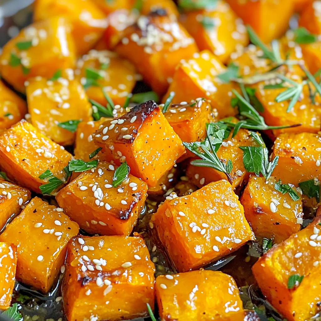 To make honey garlic roasted sweet potatoes, you need the following ingredients: - 4 medium sweet potatoes, peeled and diced into 1-inch cubes - 1/4 cup honey - 4 cloves garlic, minced - 2 tablespoons olive oil - 1 teaspoon ground cinnamon - 1 teaspoon salt - 1/2 teaspoon black pepper - 1 tablespoon fresh rosemary, chopped (or 1 teaspoon dried rosemary) - 2 tablespoons sesame seeds (for garnish) - Fresh parsley, chopped (for garnish) If you lack any ingredient, don’t worry. You can make some easy swaps: - Use maple syrup instead of honey for a different sweet flavor. - Any oil can work, like avocado oil or coconut oil. - For garlic, try garlic powder if you’re out of fresh cloves. - Ground nutmeg or allspice can replace cinnamon for a unique taste. - Substitute dried herbs if fresh rosemary is unavailable. When selecting sweet potatoes, look for firm, smooth skin. Avoid any that are soft or have blemishes. Color matters too; choose vibrant orange or purple varieties for great flavor. If possible, pick sweet potatoes that are similar in size for even cooking. Store them in a cool, dark place to keep them fresh longer. First, grab 4 medium sweet potatoes. Peel them and cut them into 1-inch cubes. This size helps them cook evenly. Place the cubes in a large mixing bowl. In the same bowl, add 1/4 cup honey and 4 cloves of minced garlic. Pour in 2 tablespoons of olive oil too. Then, sprinkle in 1 teaspoon of ground cinnamon, 1 teaspoon of salt, and 1/2 teaspoon of black pepper. Finally, add 1 tablespoon of chopped fresh rosemary. Toss everything well. You want the sweet potatoes to be fully coated in the sweet and savory mix. Next, preheat your oven to 425°F (220°C). Now, line a baking sheet with parchment paper. Spread the sweet potatoes in a single layer on the sheet. Don't overcrowd them. Roast for 25-30 minutes. Halfway through, flip them for even cooking. They should be tender and golden brown. Once ready, remove them from the oven and let them cool for a few minutes. Before serving, sprinkle sesame seeds and chopped parsley on top for extra flavor. To roast sweet potatoes well, follow these tips. First, cut the sweet potatoes into even 1-inch cubes. This helps them cook evenly. Preheat your oven to 425°F (220°C). Use parchment paper on your baking sheet. It makes cleanup easy and helps prevent sticking. Spread the sweet potatoes in a single layer. Avoid crowding them, as this can lead to steaming instead of roasting. Flipping them halfway through ensures they roast evenly. Caramelization is key for flavor. The sugars in honey and sweet potatoes create a lovely glaze. To get this, make sure the sweet potatoes have space. If they touch, they won’t caramelize as well. Keep an eye on them near the end of cooking. Look for a golden brown color and a tender texture. This usually takes about 25-30 minutes. If they look too soft, take them out of the oven. These honey garlic roasted sweet potatoes are great on their own. But you can pair them with many dishes. They go well with grilled meats or roasted veggies. You can also add them to salads or grain bowls. For extra flair, sprinkle sesame seeds and fresh parsley on top. This adds color and crunch. Enjoy these sweet potatoes warm for the best taste! {{image_2}} You can change the taste of honey garlic roasted sweet potatoes easily. For a spicy kick, add a pinch of cayenne pepper or chili powder. This gives a warm heat that pairs well with the sweetness. If you prefer herbaceous flavors, try using thyme or sage instead of rosemary. These herbs add a fresh taste. Mixing flavors keeps your dish exciting! You can cook these sweet potatoes in an air fryer for a crispy texture. Set your air fryer to 400°F (200°C) and cook them for about 15-20 minutes. Shake the basket halfway through for even cooking. If you want to grill them, cut the sweet potatoes into thicker slices. Brush them with olive oil, and grill over medium heat until tender. Both methods give different and tasty results. For extra crunch, toss in some nuts like pecans or walnuts before roasting. This adds a nice texture. You can also mix in dried fruits like cranberries or raisins after roasting. They bring a sweet and chewy contrast. Experiment with these extras to find your favorite combination! To store your honey garlic roasted sweet potatoes, let them cool first. Place them in an airtight container. Make sure to keep them in the fridge. They stay fresh for up to four days. You can also layer paper towels in the container to absorb moisture. This helps keep them from getting soggy. When you're ready to enjoy leftovers, preheat your oven to 350°F (175°C). Spread the sweet potatoes in a single layer on a baking sheet. Heat them for about 10-15 minutes. This method helps keep them crispy. If you're short on time, you can use a microwave. Just heat them in short bursts of 30 seconds until warm. You can freeze honey garlic roasted sweet potatoes for later use. First, let them cool completely. Spread them on a baking sheet in a single layer to freeze. Once they are firm, transfer them to a freezer bag. Remove as much air as possible. They can stay good for up to three months. When you’re ready to eat, thaw them in the fridge overnight before reheating. Yes, you can use other types of potatoes. Yukon gold or red potatoes work well too. They add a different texture and taste. Just remember to adjust the cooking time. You want them tender and golden, just like sweet potatoes. To make this recipe vegan, replace honey with maple syrup or agave nectar. This swap keeps the sweet flavor while making it plant-based. You can still enjoy the same great taste without the honey. You can serve these sweet potatoes with many dishes. They pair well with grilled chicken, fish, or even a veggie burger. You can also add them to salads or grain bowls for extra flavor. The honey garlic glaze makes them a tasty side for any meal. This blog post covered everything you need to make honey garlic roasted sweet potatoes. We looked at the ingredients, including substitutions and tips for choosing sweet potatoes. You learned step-by-step how to prep and roast them perfectly. We shared tricks for the best results, flavor variations, and helpful storage tips. In closing, sweet potatoes are tasty and versatile. Experiment and enjoy making this dish your own!