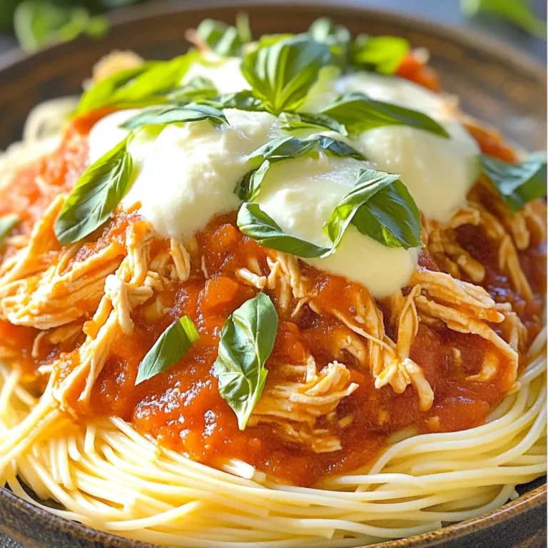 - 4 boneless, skinless chicken breasts - 2 cups crushed tomatoes - 1 medium onion, diced - 4 cloves garlic, minced - 1 cup fresh basil leaves, chopped - 1 tablespoon olive oil - 1 teaspoon dried oregano - 1 teaspoon salt - 1/2 teaspoon black pepper - 1/2 cup shredded mozzarella cheese - Cooked pasta or rice The chicken breasts are the star of this dish. They soak up all the flavors while cooking. Crushed tomatoes add rich taste and a nice sauce. Fresh basil gives a sweet and herbal note that brightens the dish. Onions and garlic add depth and a warm aroma. Olive oil brings healthy fat and helps with cooking. Oregano adds a hint of earthiness. Salt and pepper enhance all the flavors. Finally, mozzarella cheese adds creaminess when served. When picking chicken, look for bright color and no strong smell. For tomatoes, choose ones that are ripe and have a sweet scent. Fresh basil should look vibrant and green, with no brown spots. Pick firm onions and garlic bulbs that feel heavy for their size. Always check for the freshest ingredients to boost taste and nutrition. To start, gather all your ingredients. You need: - 4 boneless, skinless chicken breasts - 2 cups crushed tomatoes - 1 medium onion, diced - 4 cloves garlic, minced - 1 cup fresh basil leaves, chopped - 1 tablespoon olive oil - 1 teaspoon dried oregano - 1 teaspoon salt - 1/2 teaspoon black pepper - 1/2 cup shredded mozzarella cheese - Cooked pasta or rice Begin by heating olive oil in a skillet over medium heat. Add the diced onion and cook for about 5 minutes. You want the onion to be soft and clear. Then, add minced garlic and cook for another minute. The smell will be amazing! Now, take your slow cooker. Place the chicken breasts at the bottom. Pour the onion and garlic mixture over them. Add in the crushed tomatoes, chopped basil, oregano, salt, and pepper. Mix gently so the chicken is well-covered with the sauce. Cover the slow cooker and set it to low heat for 6-7 hours or high heat for 3-4 hours. Check that the chicken is tender and fully cooked. Once the cooking time is up, it’s time to shred the chicken. Use two forks to pull the chicken apart right in the slow cooker. Mix it well with the sauce. Serve this tasty tomato basil chicken over cooked pasta or rice. For an extra treat, sprinkle on some shredded mozzarella cheese. You can also add more fresh basil on top for color and flavor. Enjoy your meal! To boost the taste of your Slow Cooker Tomato Basil Chicken, try adding some fresh herbs. Fresh thyme or parsley can give your dish a bright kick. You can also splash a bit of balsamic vinegar for tang. If you like heat, add red pepper flakes. They add warmth without overpowering the dish. Always taste and adjust as you go. A little salt can also bring out the flavors. For tender chicken, cook it low and slow. This way, the meat absorbs all the juices and flavors. If you prefer a thicker sauce, let the dish cook a bit longer without the lid. Also, shredding the chicken in the sauce helps mix in the flavors and keeps the meat moist. Pair this dish with pasta or rice to soak up that delicious sauce. One common mistake is overcooking the chicken. It can become dry and tough. Stick to the cooking times for the best results. Another mistake is not seasoning enough. Always season your chicken before adding everything else. Lastly, avoid skipping the sauté step for onions and garlic. This step builds a strong flavor base for your dish. {{image_2}} You can easily add vegetables to your Slow Cooker Tomato Basil Chicken. Start with bell peppers, zucchini, or spinach. These veggies add great color and nutrients. Cut them into bite-sized pieces. Toss them in with the chicken and sauce. They cook well and soak up flavor. Another option is to add carrots. Slice them thin for quick cooking. You can even use frozen peas towards the end of cooking. They will keep their bright color and crunch. Adding veggies makes the dish more filling and healthy. This recipe can fit gluten-free or low-carb diets. For gluten-free, just serve the chicken over rice or gluten-free pasta. Check labels to ensure they are safe. If you want low-carb, skip the pasta. Instead, serve the chicken over zucchini noodles or cauliflower rice. Both options taste great and keep carbs low. You can still enjoy the rich sauce and flavors. You can switch out the chicken for other proteins. Try using turkey breasts for a leaner option. Pork tenderloin also works well. Just adjust the cooking time. If you're looking for a vegetarian option, use chickpeas or lentils. These proteins absorb the sauce well. You can also use firm tofu. Just press and cube it before adding it to the slow cooker. Each of these options keeps the dish tasty and satisfying. You can store your Slow Cooker Tomato Basil Chicken in the fridge. Place it in an airtight container. This keeps it fresh for up to four days. Make sure the chicken is cooled before sealing. This helps prevent moisture and keeps flavors strong. Freezing is a great option for this dish. Allow the chicken to cool completely. Then, transfer it to a freezer-safe container or bag. It will stay fresh for about three months. When you are ready to eat, let it thaw in the fridge overnight. Reheat your chicken gently to keep it moist. You can use the microwave or stove. If using the stove, heat it on low. Stir occasionally to avoid burning. Add a splash of water or broth if it seems dry. This will help revive the great flavors. You can store Slow Cooker Tomato Basil Chicken in the fridge for up to four days. Make sure to put it in an airtight container. If you want to keep it longer, freeze it. In the freezer, it stays good for up to three months. When you’re ready to eat, just thaw it overnight in the fridge. Yes, you can! If you don’t have a slow cooker, use a large pot. Start by sautéing the onions and garlic as you would in the slow cooker. Then, add everything else to the pot. Cover and simmer on low heat for about 30 to 40 minutes. Check the chicken to make sure it is cooked through. This dish pairs well with cooked pasta or rice. The tomato sauce adds great flavor to both. You can also serve it with a side salad or garlic bread for a complete meal. Don’t forget to sprinkle some extra mozzarella cheese on top for that creamy touch! In this blog, we explored how to make Slow Cooker Tomato Basil Chicken. We covered key ingredients and how to choose fresh ones. I provided step-by-step instructions for preparing and cooking. I shared tips to enhance flavor and avoid common mistakes. You can also try fun variations and learn storage tips for leftovers. Remember, cooking should be simple and fun. Use fresh ingredients, follow the steps, and enjoy your meal!