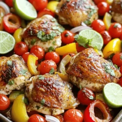 - 4 boneless, skinless chicken thighs - 2 tablespoons olive oil - 2 tablespoons fresh lime juice - Zest of 1 lime - 1 teaspoon chili powder - 1 teaspoon smoked paprika - 1 teaspoon garlic powder - 1 teaspoon ground cumin - Salt and pepper to taste The chicken thighs are the star of this dish. They stay juicy and tender while cooking. Olive oil and fresh lime juice add great flavor and moisture. Zest from the lime gives a bright kick that pairs well with the chili lime seasoning. - 1 red bell pepper, sliced - 1 yellow bell pepper, sliced - 1 small red onion, cut into wedges - 1 cup cherry tomatoes - Optional garnish: Fresh cilantro The colorful veggies create a vibrant plate. Red and yellow bell peppers bring sweetness and crunch. Cherry tomatoes burst with flavor as they roast. The red onion adds a savory depth. You can top it off with fresh cilantro for added flavor. - 1 teaspoon chili powder - 1 teaspoon smoked paprika - 1 teaspoon garlic powder - 1 teaspoon ground cumin - Salt and pepper The blend of spices makes this dish shine. Chili powder adds warmth and spice. Smoked paprika brings a nice, smoky flavor. Garlic powder adds depth without being overpowering. Ground cumin gives a hint of earthiness. Salt and pepper balance the flavors perfectly. This dish is not just tasty; it's also easy to make. With fresh ingredients, you can create a wonderful meal that impresses everyone. First, I preheat the oven to 425°F (220°C). Next, I line a large sheet pan with parchment paper. This makes cleanup a breeze. While the oven warms up, I make the marinade for the chicken. In a big bowl, I whisk together olive oil, fresh lime juice, lime zest, chili powder, smoked paprika, garlic powder, cumin, and some salt and pepper. This mix gives the chicken great flavor. Now, I add the chicken thighs to the bowl. I coat them well with the marinade. I let them sit for at least 15 minutes. This time helps the flavors soak in while I prepare the veggies. I take the prepared sheet pan and start layering vegetables. I slice the red and yellow bell peppers, cut the onion into wedges, and toss in some cherry tomatoes. I spread them out evenly on the pan. Then, I position the marinated chicken thighs right on top of the veggies. I drizzle any leftover marinade over the chicken and veggies, adding more flavor to the dish. I place the sheet pan in the preheated oven. I bake the dish for 25 to 30 minutes. It’s key to check that the chicken reaches an internal temperature of 165°F (75°C). This means it’s fully cooked. The veggies should be tender and juicy, too. After baking, I remove the pan from the oven and let it sit for 5 minutes. This rest time helps the juices settle. Now, it’s ready to serve! To enhance flavor, I like to add a touch of smoked paprika and garlic powder. These spices bring depth to the marinade. You can also try adding a pinch of cayenne for heat. For the best flavor, marinate the chicken for at least 15 minutes. If you have time, marinating for one hour is even better. To avoid overcooked chicken, check the internal temperature. It should reach 165°F (75°C) for safety. Thick thighs need a little longer to cook, around 30 minutes. Keep an eye on the veggies, too. They should stay crisp and colorful. If they look done early, take them out to preserve texture. Serve this dish right from the sheet pan for a rustic feel. It looks great and makes cleanup easy! For a pop of color, garnish with lime wedges and fresh cilantro. Sprinkle the cilantro just before serving. It adds a nice finish and a fresh taste. {{image_2}} You can swap chicken with turkey or tofu. Turkey works well, but it cooks faster. Use boneless turkey thighs for the best results. For tofu, choose firm or extra-firm varieties. Cut tofu into cubes and marinate like chicken. Adjust cooking times to 20-25 minutes for turkey. For tofu, bake for 25-30 minutes or until golden. Feel free to mix in seasonal veggies. Try zucchini, asparagus, or broccoli for a change. If you like squash, add it for a tasty twist. You can also omit any veggies you don’t love. This dish is all about what you enjoy. The more you play with it, the more fun it becomes! Experiment with different spices to find your favorite flavor. Add cumin for a warm taste or chili flakes for heat. If you want milder flavors, reduce chili powder. You can also try herbs like oregano or thyme for a fresh touch. Remember, cooking is all about personal taste, so have fun and get creative! To keep your leftovers fresh, use airtight containers. Glass or plastic containers work well. Store the chili lime chicken and veggies in the fridge for up to three days. If you want to keep them longer, freeze them. Use freezer-safe bags or containers. They can last for about three months in the freezer. The best way to reheat this dish is in the oven. Preheat your oven to 350°F (175°C). Place the chicken and veggies on a baking sheet. Heat for about 15-20 minutes. This method helps keep the chicken juicy and the veggies crisp. You can also use a microwave. If you do, heat for short intervals. Stir the veggies to keep them from getting soggy. You can prepare the chicken and veggies in advance. Cut the veggies and marinate the chicken the night before. Store the marinated chicken in the fridge in a sealed bag. This saves time and makes meal prep easy. You can also slice the veggies and keep them in containers. This way, you're ready to cook when hunger strikes. I recommend marinating the chicken for at least 15 minutes. This short time helps the flavors mix well. If you have more time, marinate for up to an hour. The longer you marinate, the more flavor the chicken absorbs. Yes, you can use bone-in chicken thighs. They add great flavor but will need more time to cook. Bake them for about 35 to 40 minutes. Always check that the thickest part reaches 165°F for safety. This recipe is great for meal prep! You can make it ahead and store it in the fridge. Cooked chicken and veggies can last up to four days in airtight containers. Just reheat in the oven or microwave when ready to eat. This blog post covered a tasty sheet-pan chili lime chicken recipe. We explored the key ingredients, including chicken thighs, fresh veggies, and spices. I provided step-by-step instructions for easy preparation and cooking. You learned tips to perfect the dish and variations for protein and vegetables. Proper storage and reheating tips ensure your leftovers stay fresh. Feel free to get creative with the recipe. Enjoy your meal and wow your family!