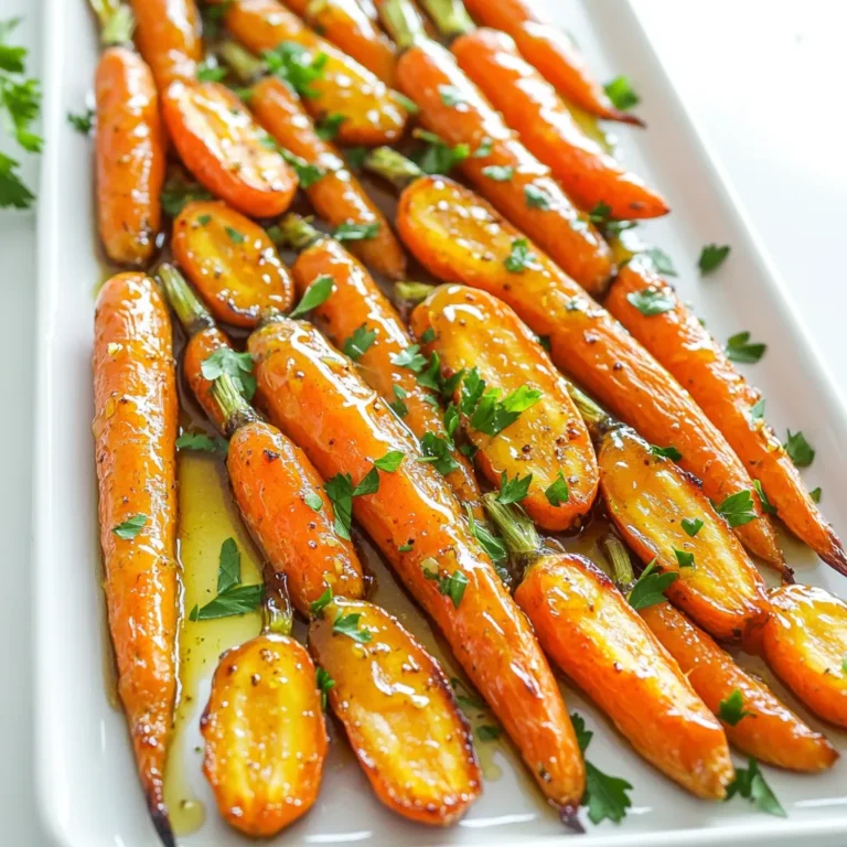 To make delicious roasted honey garlic carrots, gather these items: - 1 lb baby carrots, halved lengthwise - 4 tablespoons honey - 3 tablespoons olive oil - 4 garlic cloves, minced - 1 teaspoon fresh thyme leaves - 1/2 teaspoon salt - 1/4 teaspoon black pepper - 1 tablespoon lemon juice - Fresh parsley, chopped for garnish You can swap some fresh items for pantry staples. Try these options: - Use regular carrots instead of baby carrots. Just cut them into sticks. - Maple syrup can replace honey if you want a different flavor. - Dried thyme works if you don't have fresh thyme. Use less than fresh. - If you lack fresh garlic, garlic powder can stand in. Use about 1/8 teaspoon. Accurate measurements make a big difference in taste. Here are some tips: - Use a kitchen scale for precise weight of carrots. - For honey, measure with a liquid measuring cup for easy pouring. - When using fresh herbs, chop them finely for better flavor release. - For liquid ingredients, like olive oil, make sure to level off the spoon. First, preheat your oven to 425°F (220°C). This high heat helps the carrots caramelize. In a large bowl, mix together these ingredients: - 4 tablespoons honey - 3 tablespoons olive oil - 4 minced garlic cloves - 1 teaspoon fresh thyme leaves - 1/2 teaspoon salt - 1/4 teaspoon black pepper - 1 tablespoon lemon juice Stir these well to create a flavorful marinade. Now, take 1 pound of baby carrots and cut them in half lengthwise. Add the carrots to the bowl and toss them gently in the marinade. Make sure every piece is well-coated. Line a baking sheet with parchment paper. This step makes cleaning easier later. Spread the marinated carrots out in a single layer on the sheet. Place the baking sheet in your preheated oven. Roast for about 20-25 minutes. Halfway through, stir the carrots for even cooking. You're looking for tender, caramelized pieces. Once the carrots are ready, take them out of the oven. Let them cool for a minute. Transfer the carrots to a serving dish. For a lovely finish, sprinkle chopped fresh parsley on top. This adds a touch of color and freshness. If you want an extra sweet note, drizzle a bit more honey over the carrots just before serving. Enjoy your delicious roasted honey garlic carrots! To get the best roasted carrots, start with even pieces. Cut baby carrots in half lengthwise. This helps them cook evenly. Always coat them well in the marinade. The honey and olive oil add sweetness and depth. Roast at 425°F for 20-25 minutes. Stir halfway for even browning. Look for a nice caramel color. This means they are ready! You need a few simple tools. First, get a large bowl for mixing. A baking sheet lined with parchment paper helps with cleanup. Use a sharp knife for cutting the carrots. A spatula is handy for tossing the carrots and getting them to the plate. Lastly, have a measuring spoon set to get the right amounts. You can switch things up with flavors. Try adding a pinch of cayenne for heat. You can also use rosemary instead of thyme for a different taste. If you want a tangy twist, add a splash of balsamic vinegar. For a sweet touch, mix in some maple syrup with the honey. Each of these options can make your dish unique and exciting! {{image_2}} You can swap baby carrots for other veggies. Try these options: - Parsnips: They have a sweet taste, similar to carrots. - Brussels sprouts: Cut them in half for even cooking. - Sweet potatoes: Their sweetness pairs well with honey. - Cauliflower: It adds a nice crunch and absorbs flavors well. Mixing these veggies can create a colorful dish. Each veggie will offer a different texture and flavor. You can change the flavors easily. Here are some ideas: - Spicy: Add red pepper flakes or cayenne pepper for heat. - Herby: Use rosemary or oregano instead of thyme for a fresh taste. - Citrusy: Add orange or lime juice for a zesty twist. - Savory: Mix in some soy sauce for a deeper flavor. Experimenting with these flavors can bring new life to your dish. Pair your roasted honey garlic carrots with other foods. Here are some tasty ideas: - Grilled chicken: The sweet carrots balance the savory meat. - Steak: The honey glaze complements the rich flavors of beef. - Rice or quinoa: Serve the carrots on a bed of grains for a hearty meal. - Salads: Toss them into salads for added sweetness and crunch. These pairings can make your meal more exciting and complete. Enjoy your cooking adventure! To store leftover roasted carrots, let them cool first. Then, place them in an airtight container. This keeps them fresh for up to three days in the fridge. If you want to keep them longer, consider freezing. When reheating, avoid the microwave for best results. Use the oven or a skillet instead. Preheat the oven to 350°F (175°C). Spread the carrots on a baking sheet and warm for about 10 minutes. This method keeps them crispy and tasty. For freezing, allow the carrots to cool completely. Place them in a freezer-safe bag or container. Remove as much air as possible to prevent freezer burn. They can last up to three months in the freezer. When ready to use, thaw overnight in the fridge before reheating. To make roasted carrots more flavorful, you can add spices. Try cumin, paprika, or even cayenne for heat. Adding fresh herbs like rosemary or dill can also enhance the taste. A splash of balsamic vinegar can add depth too. The key is to balance sweet, savory, and tangy flavors. You can also let the carrots marinate longer for a deeper flavor. This can be done before roasting. Yes, you can use regular carrots instead of baby carrots. Just peel and cut them into similar sizes. Aim for uniform pieces so they cook evenly. Regular carrots have a bolder flavor, which can be great for this dish. Adjust your cooking time based on the size of your carrot pieces. Larger pieces may need extra roasting time. Besides honey and garlic, many seasonings pair well with these carrots. Ginger adds warmth and spice, while orange zest brightens up the dish. For a savory twist, consider using soy sauce or balsamic vinegar. You can also mix in a bit of mustard for a zing. Each of these options brings something unique to the table. Experiment to find your favorite flavor combination! In this blog post, we explored how to roast carrots perfectly. We covered ingredients, preparation, and roasting steps along with tips and tricks. You learned how to store leftovers and reheat them while keeping them tasty. Roasted carrots can fit into many meals and add great flavor. Remember, it's all about experimenting with spices and veggies. Enjoy your cooking journey with roasted carrots!