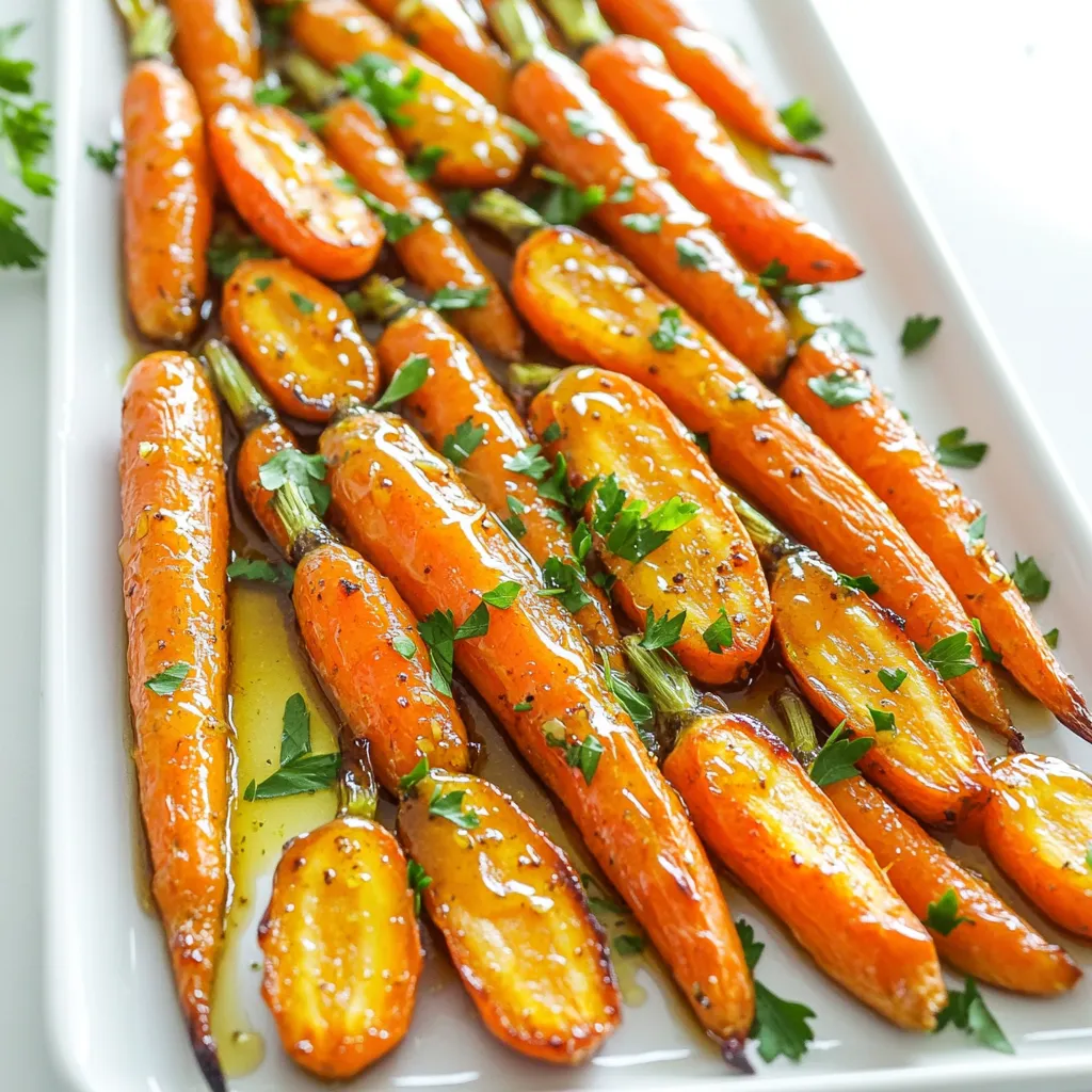 To make delicious roasted honey garlic carrots, gather these items: - 1 lb baby carrots, halved lengthwise - 4 tablespoons honey - 3 tablespoons olive oil - 4 garlic cloves, minced - 1 teaspoon fresh thyme leaves - 1/2 teaspoon salt - 1/4 teaspoon black pepper - 1 tablespoon lemon juice - Fresh parsley, chopped for garnish You can swap some fresh items for pantry staples. Try these options: - Use regular carrots instead of baby carrots. Just cut them into sticks. - Maple syrup can replace honey if you want a different flavor. - Dried thyme works if you don't have fresh thyme. Use less than fresh. - If you lack fresh garlic, garlic powder can stand in. Use about 1/8 teaspoon. Accurate measurements make a big difference in taste. Here are some tips: - Use a kitchen scale for precise weight of carrots. - For honey, measure with a liquid measuring cup for easy pouring. - When using fresh herbs, chop them finely for better flavor release. - For liquid ingredients, like olive oil, make sure to level off the spoon. First, preheat your oven to 425°F (220°C). This high heat helps the carrots caramelize. In a large bowl, mix together these ingredients: - 4 tablespoons honey - 3 tablespoons olive oil - 4 minced garlic cloves - 1 teaspoon fresh thyme leaves - 1/2 teaspoon salt - 1/4 teaspoon black pepper - 1 tablespoon lemon juice Stir these well to create a flavorful marinade. Now, take 1 pound of baby carrots and cut them in half lengthwise. Add the carrots to the bowl and toss them gently in the marinade. Make sure every piece is well-coated. Line a baking sheet with parchment paper. This step makes cleaning easier later. Spread the marinated carrots out in a single layer on the sheet. Place the baking sheet in your preheated oven. Roast for about 20-25 minutes. Halfway through, stir the carrots for even cooking. You're looking for tender, caramelized pieces. Once the carrots are ready, take them out of the oven. Let them cool for a minute. Transfer the carrots to a serving dish. For a lovely finish, sprinkle chopped fresh parsley on top. This adds a touch of color and freshness. If you want an extra sweet note, drizzle a bit more honey over the carrots just before serving. Enjoy your delicious roasted honey garlic carrots! To get the best roasted carrots, start with even pieces. Cut baby carrots in half lengthwise. This helps them cook evenly. Always coat them well in the marinade. The honey and olive oil add sweetness and depth. Roast at 425°F for 20-25 minutes. Stir halfway for even browning. Look for a nice caramel color. This means they are ready! You need a few simple tools. First, get a large bowl for mixing. A baking sheet lined with parchment paper helps with cleanup. Use a sharp knife for cutting the carrots. A spatula is handy for tossing the carrots and getting them to the plate. Lastly, have a measuring spoon set to get the right amounts. You can switch things up with flavors. Try adding a pinch of cayenne for heat. You can also use rosemary instead of thyme for a different taste. If you want a tangy twist, add a splash of balsamic vinegar. For a sweet touch, mix in some maple syrup with the honey. Each of these options can make your dish unique and exciting! {{image_2}} You can swap baby carrots for other veggies. Try these options: - Parsnips: They have a sweet taste, similar to carrots. - Brussels sprouts: Cut them in half for even cooking. - Sweet potatoes: Their sweetness pairs well with honey. - Cauliflower: It adds a nice crunch and absorbs flavors well. Mixing these veggies can create a colorful dish. Each veggie will offer a different texture and flavor. You can change the flavors easily. Here are some ideas: - Spicy: Add red pepper flakes or cayenne pepper for heat. - Herby: Use rosemary or oregano instead of thyme for a fresh taste. - Citrusy: Add orange or lime juice for a zesty twist. - Savory: Mix in some soy sauce for a deeper flavor. Experimenting with these flavors can bring new life to your dish. Pair your roasted honey garlic carrots with other foods. Here are some tasty ideas: - Grilled chicken: The sweet carrots balance the savory meat. - Steak: The honey glaze complements the rich flavors of beef. - Rice or quinoa: Serve the carrots on a bed of grains for a hearty meal. - Salads: Toss them into salads for added sweetness and crunch. These pairings can make your meal more exciting and complete. Enjoy your cooking adventure! To store leftover roasted carrots, let them cool first. Then, place them in an airtight container. This keeps them fresh for up to three days in the fridge. If you want to keep them longer, consider freezing. When reheating, avoid the microwave for best results. Use the oven or a skillet instead. Preheat the oven to 350°F (175°C). Spread the carrots on a baking sheet and warm for about 10 minutes. This method keeps them crispy and tasty. For freezing, allow the carrots to cool completely. Place them in a freezer-safe bag or container. Remove as much air as possible to prevent freezer burn. They can last up to three months in the freezer. When ready to use, thaw overnight in the fridge before reheating. To make roasted carrots more flavorful, you can add spices. Try cumin, paprika, or even cayenne for heat. Adding fresh herbs like rosemary or dill can also enhance the taste. A splash of balsamic vinegar can add depth too. The key is to balance sweet, savory, and tangy flavors. You can also let the carrots marinate longer for a deeper flavor. This can be done before roasting. Yes, you can use regular carrots instead of baby carrots. Just peel and cut them into similar sizes. Aim for uniform pieces so they cook evenly. Regular carrots have a bolder flavor, which can be great for this dish. Adjust your cooking time based on the size of your carrot pieces. Larger pieces may need extra roasting time. Besides honey and garlic, many seasonings pair well with these carrots. Ginger adds warmth and spice, while orange zest brightens up the dish. For a savory twist, consider using soy sauce or balsamic vinegar. You can also mix in a bit of mustard for a zing. Each of these options brings something unique to the table. Experiment to find your favorite flavor combination! In this blog post, we explored how to roast carrots perfectly. We covered ingredients, preparation, and roasting steps along with tips and tricks. You learned how to store leftovers and reheat them while keeping them tasty. Roasted carrots can fit into many meals and add great flavor. Remember, it's all about experimenting with spices and veggies. Enjoy your cooking journey with roasted carrots!