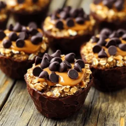To make these tasty oatmeal cups, you need these main ingredients: - 2 cups rolled oats - 1/2 cup peanut butter (creamy or crunchy) - 1/4 cup honey or maple syrup - 1/4 cup unsweetened cocoa powder - 1/2 cup milk (dairy or plant-based) - 1 ripe banana, mashed - 1 teaspoon vanilla extract - 1/2 teaspoon baking powder - 1/4 teaspoon salt These ingredients work together to create a soft and chewy texture. The rolled oats give a hearty base. The peanut butter adds creaminess and protein. Cocoa powder gives a rich chocolate flavor, while honey or maple syrup adds sweetness. You can make these oatmeal cups even more fun by adding extra flavors. Consider these options: - 1/2 cup chocolate chips - 1/4 cup chopped nuts (like almonds or walnuts) Chocolate chips bring extra sweetness and a gooey texture. Nuts add crunch and healthy fats. Feel free to mix and match based on your taste! If you have specific dietary needs, don't worry! You can easily swap some ingredients: - Use almond butter or sunflower seed butter instead of peanut butter for nut-free options. - Maple syrup can replace honey for vegan recipes. - For gluten-free, ensure you use gluten-free oats. These swaps allow anyone to enjoy these delicious snacks. Start by preheating your oven to 350°F (175°C). This step is key for even baking. Next, get your muffin tin ready. You can grease it with oil or use paper liners. Either way works well! In a large mixing bowl, add 2 cups of rolled oats, 1/4 cup of cocoa powder, 1/2 teaspoon of baking powder, and 1/4 teaspoon of salt. Mix them well. Make sure there are no lumps. This mix gives the cups their texture and flavor. Grab another bowl for your wet ingredients. Whisk together 1/2 cup of peanut butter, 1/4 cup of honey or maple syrup, 1 ripe mashed banana, 1/2 cup of milk, and 1 teaspoon of vanilla extract. Keep whisking until it’s smooth. This mix adds creaminess and sweetness to the cups. Now, pour the wet mix into the dry ingredients. Stir until everything is combined. If you want, fold in 1/2 cup of chocolate chips or 1/4 cup of chopped nuts. Then, fill each muffin cup about 3/4 full. Bake them in the oven for 15-18 minutes. Check with a toothpick; it should come out clean when done. Once baked, take the cups out of the oven. Let them cool in the tin for 10 minutes. After that, move them to a wire rack to cool completely. For serving, drizzle extra peanut butter on top and sprinkle more chocolate chips. Enjoy your tasty, healthy snack! To get the best texture, use rolled oats. They give a chewy bite. Mix the dry ingredients well to avoid lumps. This makes sure the cocoa and baking powder spread evenly. When you mix the wet ingredients, make sure the peanut butter is smooth. A creamy peanut butter works best. If you want a crunchier cup, add chopped nuts. You can also fold in chocolate chips to boost flavor. To keep your oatmeal cups fresh, store them in an airtight container. They can last up to five days at room temperature. For longer storage, put them in the fridge. They will stay good for up to a week. If you want to freeze them, wrap each cup in plastic wrap. Then place them in a freezer bag. They will keep for up to three months. To enjoy later, just thaw them in the fridge overnight. Serving ideas can elevate your oatmeal cups. Try drizzling warm peanut butter on top just before serving. This adds a creamy touch. You can sprinkle extra chocolate chips or nuts for texture. Fresh fruit, like banana slices or berries, also makes a great topping. Serve them with a side of yogurt for a balanced snack. You can even pair them with a glass of milk for a filling treat. {{image_2}} You can spice up your Chocolate Peanut Butter Oatmeal Cups easily. Try adding a pinch of cinnamon for warmth. A little nutmeg gives a cozy touch too. If you love a hint of mint, add a few drops of peppermint extract. You can also explore different extracts like almond or coconut. Each addition changes the taste, making it fun to experiment! If you want to reduce sugar, replace honey with mashed dates or a sugar-free syrup. Stevia or monk fruit sweetener works well too. These swaps keep the sweetness without extra calories. Adjust the amount based on your taste. You can still enjoy these cups guilt-free! For those with nut allergies, use sunbutter or soy nut butter instead of peanut butter. These options mimic the creamy texture and taste. You can also skip the nut toppings altogether. Feel free to add seeds instead, like pumpkin or sunflower seeds. This way, everyone can enjoy these tasty treats! To keep your Chocolate Peanut Butter Oatmeal Cups fresh, store them in an airtight container. This helps lock in moisture and flavor. Place the container in the fridge if you plan to eat them within a week. For longer storage, use the freezer. You can stack them with parchment paper between layers to prevent sticking. To freeze your oatmeal cups, let them cool completely first. Once cool, place them in a freezer-safe bag or container. They can last up to three months in the freezer. When you're ready to enjoy them, take out the desired amount. Thaw them in the fridge overnight or at room temperature for a few hours. For the best taste, reheat your oatmeal cups in the oven. Preheat the oven to 350°F (175°C). Place the cups on a baking sheet and warm them for about 10 minutes. You can also microwave them for about 30 seconds to 1 minute. Just make sure to watch them closely to avoid overheating. Enjoy your tasty treat warm! Yes, you can make these oatmeal cups vegan. Replace the honey with maple syrup. Use a plant-based milk like almond or oat milk. Choose a vegan chocolate chip for added sweetness. These oatmeal cups last about five days in the fridge. Store them in an airtight container to keep them fresh. You can also freeze them for up to three months. Serve the oatmeal cups warm for the best taste. Drizzle a bit of extra peanut butter on top. You can also sprinkle more chocolate chips for a fun touch. Yes, these oatmeal cups can be gluten-free. Use certified gluten-free rolled oats. Check your other ingredients to ensure they are also gluten-free. You can use almond butter or sunflower seed butter as a substitute. These options provide a similar creamy texture and flavor. Choose one that fits your dietary needs. In this post, I covered how to make Chocolate Peanut Butter Oatmeal Cups. You learned about the key ingredients and how to mix and bake them. I also shared tips for storage and serving options. Remember, you can swap ingredients to fit your taste and needs. These cups are not only tasty but simple to make. Enjoy experimenting with flavors and different add-ins. With these tips, you can create a delicious treat every time. Get ready to enjoy your oatmeal cups!