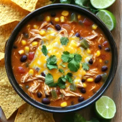 - 1.5 lbs boneless, skinless chicken breasts - 1 (15 oz) can black beans, drained and rinsed - 1 (15 oz) can corn, drained - 1 (10 oz) can diced tomatoes with green chilies - 1 medium onion, chopped - 2 cloves garlic, minced - 2 cups chicken broth - 1 tablespoon chili powder - 1 teaspoon cumin - 1 teaspoon smoked paprika - 1/2 teaspoon salt - 1/4 teaspoon black pepper - 1/4 cup fresh cilantro, chopped - 1 cup shredded cheese (cheddar or Monterey Jack) - Tortilla chips and lime wedges, for serving The main ingredients create a solid base for the soup. I love using chicken breasts because they become tender and flavorful as they cook. The black beans and corn add good texture and nutrition. Diced tomatoes with green chilies give the soup a nice kick. Spices and seasonings, like chili powder and cumin, bring warmth. Smoked paprika adds depth. Salt and black pepper enhance all flavors. I always taste and adjust the spices as needed. For garnishes, fresh cilantro brightens the dish. Shredded cheese makes it rich and melty. Tortilla chips add crunch, and lime wedges give a fresh burst. Each garnish makes this soup even more delightful and fun to eat! - Place chicken breasts in the slow cooker. - Add chopped onion and minced garlic. To start, lay the chicken breasts at the bottom of your slow cooker. This helps them cook evenly. Next, sprinkle the chopped onion and minced garlic over the chicken. The onion adds sweetness, while the garlic gives it a nice kick. - Pour in black beans, corn, and diced tomatoes. - Pour chicken broth and add spices. Now it's time to add the fun stuff! Pour in the black beans, drained corn, and diced tomatoes. The tomatoes bring moisture and flavor to your soup. Then, add the chicken broth. It makes the soup rich and warm. Finally, sprinkle in the chili powder, cumin, smoked paprika, salt, and black pepper. These spices create that classic enchilada taste. - Cover and cook on low for 6-8 hours or high for 3-4 hours. - Shred the chicken and mix it back into the soup. Cover your slow cooker and set it to low for 6-8 hours or high for 3-4 hours. The longer you cook it on low, the better the flavors blend. When the time is up, take out the chicken and shred it with two forks. Return the shredded chicken to the soup and mix well. This step makes every bite delicious. Enjoy! - Use fresh ingredients for enhanced flavor. Fresh chicken and vegetables really make a difference. - Adjust seasoning to taste before serving. A pinch of salt or squeeze of lime can brighten your soup. - Preheat the slow cooker for better results. This helps your soup cook evenly from the start. - Avoid opening the lid during cooking. Each time you lift the lid, heat escapes and extends cooking time. - Customize toppings for a personalized dish. Add cheese, cilantro, or avocado for extra flavor and texture. - Pair with a side salad for a complete meal. A fresh salad adds crunch and balances flavors. {{image_2}} You can switch up the protein. Use ground turkey or beef instead of chicken. This change gives a different taste and texture. If you want a heartier soup, consider quinoa or brown rice. Both add great flavor and substance. Want more heat? Add jalapeños to the mix. They give a nice kick. You can also mix in extra veggies like bell peppers or zucchini. This not only boosts flavor but also nutrition. If you're gluten-free, choose certified ingredients. This keeps the soup safe for your diet. You can also opt for dairy-free cheese alternatives. It will still taste great while fitting your dietary needs. Store leftovers in an airtight container for up to 4 days. This keeps your soup fresh. Make sure to cool it down before sealing. Freeze in individual portions for up to 3 months. This way, you can enjoy it later. Just let the soup cool before putting it in freezer bags or containers. Reheat on the stovetop or in the microwave for best results. If using the stove, stir often. If in the microwave, cover the bowl and heat in short bursts, stirring in between. This helps prevent hot spots. Yes, frozen chicken can be used but adjust cooking time. If you start with frozen chicken, cook on high for about 4 to 5 hours. This will help the chicken cook through safely and ensure it stays tender. Just remember to check that it reaches 165°F for food safety. The spice level can be adjusted based on personal preference. If you like it mild, use less chili powder and skip the green chilies in the diced tomatoes. For a spicier kick, add jalapeños or a dash of hot sauce. You control the heat! It pairs well with cornbread, rice, or a simple salad. Cornbread adds a nice sweetness, while rice makes it heartier. A fresh salad can balance the rich flavors of the soup. You can mix and match based on your mood! This blog post shared a clear recipe for chicken enchilada soup. You learned about the key ingredients, spices, and easy step-by-step instructions. I offered tips to perfect your soup and suggested variations to fit different tastes. You can store leftovers or freeze them for later use. Now, it’s time to create your own delicious soup. Enjoy experimenting with flavors and toppings that suit you!