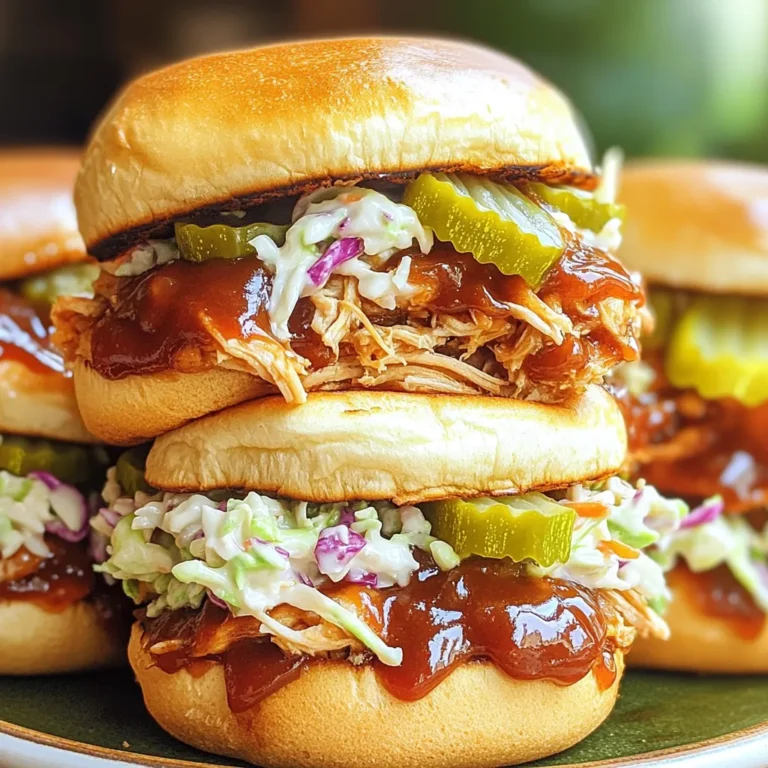 To make BBQ pulled chicken sliders, you need: - 2 lbs boneless, skinless chicken breasts - 1 cup BBQ sauce (your favorite brand or homemade) - 1 tablespoon apple cider vinegar - 1 tablespoon smoked paprika - 1 teaspoon garlic powder - 1 teaspoon onion powder - 1/2 teaspoon black pepper - 1/2 teaspoon salt - 1/4 teaspoon cayenne pepper (optional, for heat) - 12 slider buns You can add fun toppings to your sliders: - Coleslaw - Pickles Choosing the right BBQ sauce is key. Here are my favorites: - Sweet and smoky sauce for a classic taste. - Spicy chipotle for a kick. - Tangy vinegar-based sauce for a zing. Experiment with flavors to find what you love best! Start by rinsing the chicken breasts under cold water. Pat them dry with paper towels. This step is key for a tasty dish. Place the chicken directly into your slow cooker. Make sure they fit well and do not overlap. In a small bowl, gather your ingredients for the sauce. Combine 1 cup of BBQ sauce, 1 tablespoon of apple cider vinegar, and 1 tablespoon of smoked paprika. Add 1 teaspoon of garlic powder, 1 teaspoon of onion powder, 1/2 teaspoon of black pepper, and 1/2 teaspoon of salt. If you like spice, include 1/4 teaspoon of cayenne pepper. Stir until everything mixes smoothly. This sauce will be flavorful and sticky. Pour the sauce over the chicken in the slow cooker. Make sure the chicken is well coated. Cover the slow cooker with its lid. Cook on low for 6-7 hours or high for 3-4 hours. The chicken should become tender and easy to shred. This long cooking time gives the chicken flavor and keeps it juicy. When the chicken is done, take it out of the slow cooker. Use two forks to shred the chicken into bite-sized pieces. Return the shredded chicken to the slow cooker. Mix it with the remaining sauce for about 10 minutes. This helps the chicken soak up all the flavors. While this happens, toast your slider buns lightly. Assemble your sliders by placing a generous amount of pulled chicken on each bun. You can add coleslaw and pickles on top if you want. Enjoy your delicious BBQ pulled chicken sliders! Cooking in a slow cooker is easy and fun. Here are some tips to get it right: - Always use fresh, high-quality chicken. This gives the best flavor. - Don’t crowd the slow cooker. Leave space for heat to circulate. - Keep the lid closed. Opening it lets heat out and slows cooking. - Adjust cooking time based on your slow cooker. Some cook faster than others. Shredding chicken can be simple if you follow these steps: - Let the chicken cool for a few minutes after cooking. - Use two forks to pull the chicken apart. - For a quicker method, you can use a stand mixer. Just mix on low speed! - Mix the shredded chicken back into the sauce for more flavor. Marinades add a lot of taste to your chicken. Here’s how to use them: - Soak the chicken in your BBQ sauce overnight for extra flavor. - Add spices like cumin or chili powder to your marinade for depth. - Use vinegar or citrus juice to help tenderize the meat. - Experiment with different sauces for unique flavors each time! {{image_2}} You can change the taste of your pulled chicken by using different BBQ sauces. Each sauce brings its own unique flavor. For a sweet taste, try a honey BBQ sauce. For a tangy kick, use a vinegar-based sauce. You can also try a spicy sauce with chipotle or jalapeño for heat. If you love smoky flavors, opt for a sauce that has mesquite or hickory. Mix and match these sauces to create your own BBQ style. If you want a meatless option, there are great substitutes. Use jackfruit as a stand-in for chicken. It shreds easily and takes on flavor well. For a protein boost, try using lentils or chickpeas. You can cook them in BBQ sauce just like the chicken. Tofu is another good option. Press it to remove water, then cube and cook in your favorite BBQ sauce. These options keep the sliders tasty and satisfying. When serving these sliders, think about fun toppings. Coleslaw adds crunch and freshness. Pickles give a nice tang. You could also add sliced jalapeños for extra heat. For a zesty twist, try adding avocado or guacamole. Pair these sliders with baked sweet potato fries or a fresh salad for a complete meal. Having fun with toppings and sides makes this dish even more enjoyable! To store leftover BBQ pulled chicken, let it cool first. Place it in an airtight container. Make sure to remove as much air as possible. This helps keep the chicken fresh. You can store it in the fridge for up to four days. If you want it to last longer, freezing is a great option. When you're ready to eat, reheating is simple. You can use the microwave or stovetop. For the microwave, place the chicken in a bowl. Heat it in short bursts, stirring in between. For the stovetop, warm it in a skillet over low heat. Add a splash of water or BBQ sauce to keep it moist. This will make sure your chicken stays tasty and juicy. If you decide to freeze your pulled chicken, it’s best to do this right after cooking. Divide it into portions for easy meals later. Use freezer-safe bags or containers. Label them with the date and contents. Pulled chicken can last up to three months in the freezer. When you're ready to enjoy it, thaw it overnight in the fridge before reheating. This keeps the flavors fresh and delicious. Yes, you can use frozen chicken breasts. Just remember to add extra cooking time. Cook on low for 8-9 hours or high for 4-5 hours. This helps ensure the chicken cooks fully and stays juicy. To make BBQ sauce from scratch, mix these simple ingredients: - 1 cup ketchup - 1/4 cup apple cider vinegar - 1/4 cup brown sugar - 1 tablespoon Worcestershire sauce - 1 teaspoon garlic powder - 1 teaspoon onion powder - Salt and pepper to taste Combine all these in a pot over medium heat. Stir until warm and combined. This sauce adds a fresh, homemade touch to your sliders. Great sides to serve with sliders include: - Coleslaw - Potato salad - Sweet potato fries - Corn on the cob - Chips and salsa These sides complement the flavors of the pulled chicken and add variety to your meal. You can store leftovers in the fridge for up to 4 days. Keep the pulled chicken in an airtight container. For longer storage, freeze it for up to 3 months. Just thaw in the fridge before reheating. You now have all the tools to make great pulled chicken. We covered the main ingredients, tasty toppings, and the best BBQ sauces. Step-by-step, you learned how to cook chicken slowly, mix sauce, and serve it with care. I shared tips for cooking, shredding, and making flavors pop. Plus, we explored fun variations and how to store and reheat your meal. With these steps, I hope you feel ready to create a delicious dish. Enjoy making tasty pulled chicken for your friends and family!