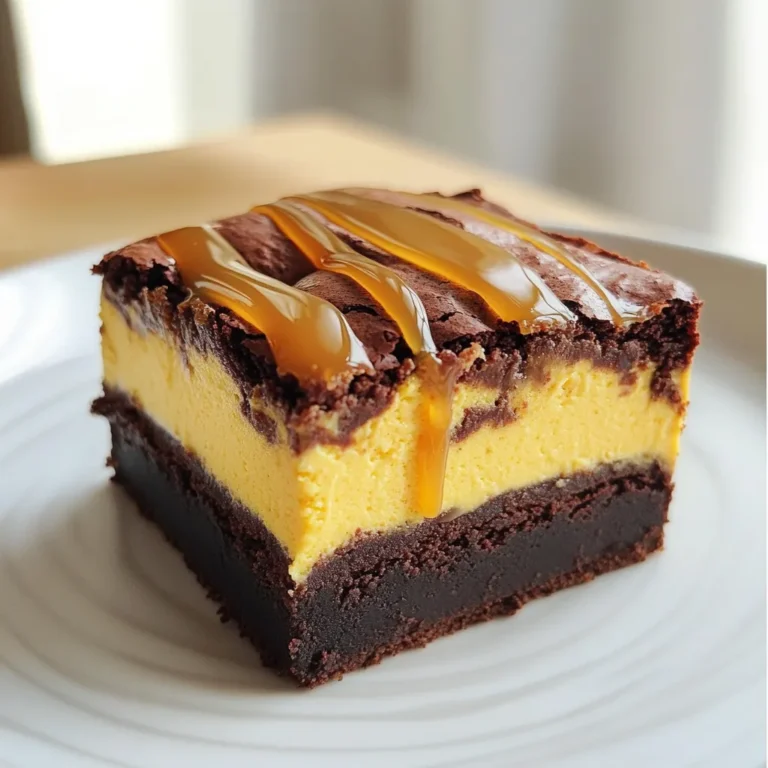 - 1/2 cup unsalted butter, melted - 1 cup granulated sugar - 2 large eggs - 1 teaspoon vanilla extract - 1/3 cup unsweetened cocoa powder - 1/2 cup all-purpose flour - 1/4 teaspoon salt - 1/4 teaspoon baking powder - 8 oz cream cheese, softened - 1/2 cup sugar - 1/4 cup pumpkin puree - 1 large egg - 1 teaspoon pumpkin pie spice - 1/2 teaspoon vanilla extract When I make Pumpkin Cheesecake Brownie Swirl, I start with the brownie layer. I melt unsalted butter and mix it with sugar. This makes a rich base. Next, I add the eggs and vanilla extract. This gives the brownies a great flavor. Then, I whisk in cocoa powder, flour, salt, and baking powder. I mix until just combined. Overmixing can make them tough. I want them to be soft and gooey. Next, I move on to the pumpkin cheesecake layer. I beat softened cream cheese with sugar until smooth. It should be creamy without lumps. Then, I add pumpkin puree, egg, pumpkin pie spice, and vanilla extract. This creates a sweet, spiced filling that pairs perfectly with the brownies. These ingredients work together to create a delightful treat. The combination of chocolate and pumpkin is simply amazing. You will love how they swirl together in the pan. Each bite offers rich flavors that make you smile. - Preheat oven to 350°F (175°C). - Grease and line an 8x8 inch baking dish with parchment paper. - In a medium bowl, whisk together melted butter and sugar. - Add in eggs and vanilla, mixing until smooth. - Stir in cocoa powder, flour, salt, and baking powder. Do not overmix. - In another bowl, beat softened cream cheese and sugar until creamy. - Add pumpkin puree, egg, pumpkin pie spice, and vanilla. Mix until smooth. - Pour half of the brownie batter into the prepared dish. Spread evenly. - Pour the pumpkin cheesecake filling over the brownie layer. - Drop spoonfuls of the remaining brownie batter on top. - Bake in the preheated oven for 25-30 minutes. - Check for doneness with a toothpick; it should have a few moist crumbs. - Let the brownies cool on a wire rack. - Cut into squares for serving. To create a stunning swirl, use a light hand. This helps keep the layers intact. Aim for a marbled look without overmixing. Too much mixing turns the layers into one solid color. A gentle motion with a knife or toothpick does the trick. Avoid overbaking the brownies. Overbaking dries them out. Check for doneness by inserting a toothpick. It should come out with a few moist crumbs, not wet batter. This ensures a rich, fudgy brownie texture. Serve your brownies on a rustic wooden board for a nice touch. Drizzle with warm caramel sauce for sweetness. Top with whipped cream for a light finish. For extra crunch, sprinkle crushed walnuts on top. This adds texture and flavor that everyone will love. {{image_2}} If you need a gluten-free option, swap regular flour with gluten-free flour. This simple change keeps your brownies moist and tasty. Make sure to check the flour package for the right measurement. This way, everyone can enjoy the pumpkin cheesecake brownie swirl! To make your brownies even better, think about adding chocolate chips to the brownie layer. The extra chocolate adds a rich taste that pairs well with pumpkin. You can also mix in different spices into the cheesecake layer. Try nutmeg or allspice for a fun twist. These small changes can make a big difference! If you want a vegan version, use vegan cream cheese instead of regular cream cheese. You can also replace the eggs with flaxseed or applesauce. These swaps keep the flavors while making the dish suitable for a vegan diet. Your friends will love this treat, and they won’t even miss the dairy! To keep your pumpkin cheesecake brownie swirl fresh, use an airtight container. This helps prevent them from drying out. If you do not eat them within a few hours, refrigerate them. They stay tasty and moist in the fridge for about five days. For longer storage, you can freeze these brownies. Wrap each brownie individually in plastic wrap. This makes it easy to grab one when you want a treat. Place the wrapped brownies in a freezer-safe bag. They can last up to three months in the freezer. When you're ready to enjoy your brownies, simply microwave them. Heat each brownie for just a few seconds. This brings back their warm, gooey goodness. Enjoy them as a cozy dessert! Yes, you can make these brownies a day in advance. This gives the flavors time to meld. Storing them overnight makes them even richer. Just keep them in an airtight container. If you don’t have pumpkin pie spice, no worries! Just mix together cinnamon, nutmeg, and ginger. This blend will still give you that warm, cozy flavor. Use about a teaspoon of each spice for the best taste. To check if the brownies are ready, insert a toothpick into the center. It should come out with a few moist crumbs, not wet batter. This means they are perfectly baked and ready to enjoy. Yes, you can use a different sized baking dish. Just remember to adjust the baking time. A larger dish may need less time, while a smaller one may need more. Keep an eye on the brownies as they bake! This recipe blends rich brownies and creamy pumpkin cheesecake for a tasty treat. You mix simple ingredients, layer them, and bake for a delicious dessert. Remember to check for doneness with a toothpick for perfect results. Feel free to try different flavors and store them carefully for later. Enjoy making and sharing this sweet dish!