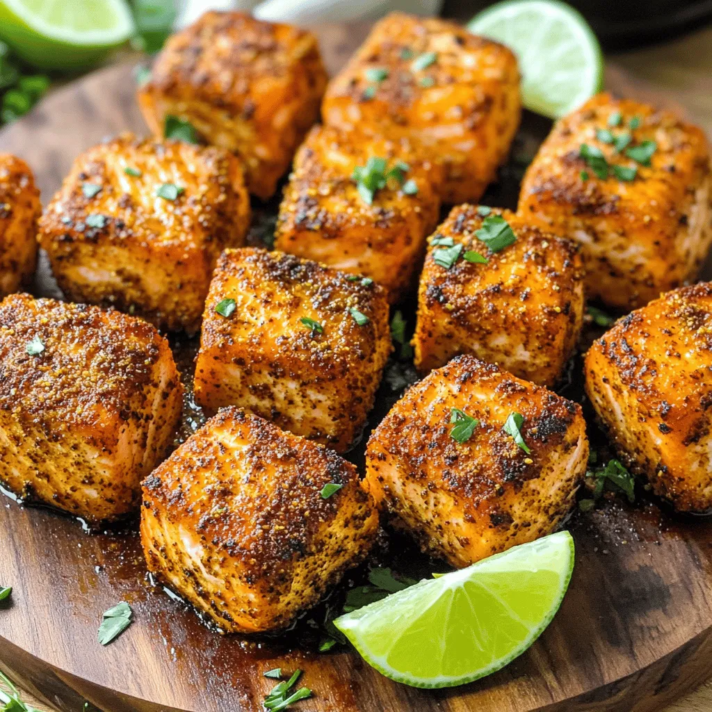 Here’s what you need for Air Fryer Cajun Salmon Bites. Gather these fresh and flavorful items: - 1 lb salmon fillet, skinless and boneless, cut into bite-sized cubes - 2 tablespoons olive oil - 1 tablespoon Cajun seasoning - 1 teaspoon garlic powder - 1 teaspoon smoked paprika - 1/2 teaspoon salt - 1/4 teaspoon black pepper - Juice of 1 lime - Fresh parsley, chopped (for garnish) These ingredients work together to create tasty bites. The salmon is the star, providing rich flavors and healthy fats. The olive oil helps the spices stick and adds a nice sheen. Cajun seasoning gives a bold kick, while garlic powder and smoked paprika deepen the taste. Salt and pepper balance the flavors. Lime juice adds brightness, and parsley is a fresh touch for garnish. Make sure to use fresh salmon for the best taste. You can find Cajun seasoning at stores or make your own. Enjoy the process of gathering your ingredients; it’s the first step to cooking something special! - In a mixing bowl, combine 2 tablespoons of olive oil, 1 tablespoon of Cajun seasoning, 1 teaspoon of garlic powder, 1 teaspoon of smoked paprika, 1/2 teaspoon of salt, and 1/4 teaspoon of black pepper. Stir well to mix. - Cut 1 pound of skinless, boneless salmon into bite-sized cubes. Add the salmon to the bowl. Toss gently until all cubes are coated with the marinade. Let the salmon sit for 15-20 minutes. This helps the flavors sink in. - Set your air fryer temperature to 400°F (200°C). - Allow it to preheat for about 5 minutes. This step helps cook the salmon evenly. - Place the marinated salmon bites in the air fryer basket. Make sure they sit in a single layer. - Cook the salmon for 8-10 minutes. Flip them halfway through. This ensures they brown nicely on both sides. Once they are golden brown and cooked through, they are ready to enjoy! - Monitor cooking time for doneness: Cook your salmon bites for 8-10 minutes. Check them halfway through. They should be golden brown. - Avoid overcrowding the air fryer: Cook in batches if needed. This helps the heat circulate and gives you crispy bites. - Experiment with additional spices: Add cayenne for heat or dill for a fresh taste. Just a little can change the flavor. - Try different marinades: You can use soy sauce or honey mustard. These add new layers to your dish. - Recommended side dishes for Cajun salmon bites: Pair with a green salad or coleslaw. Rice or quinoa also works well. - Presentation ideas for an appealing meal: Serve on a bright platter. Add lime wedges and sprinkle parsley on top. This makes the dish pop! {{image_2}} You can spice up your Cajun salmon bites by changing the seasonings. If you like heat, add hot sauce or a pinch of chili powder to your marinade. This will give your bites a fiery kick. For a fresh taste, use chopped herbs like dill or cilantro instead of Cajun seasoning. These fresh herbs add brightness and a new layer of flavor. If you want to try a different fish, tilapia or trout works well too. Both have a mild flavor that pairs nicely with the Cajun spices. For tilapia, follow the same cooking instructions as for salmon. Cook it for 8-10 minutes in the air fryer. If you choose trout, keep an eye on it, as it may cook a bit faster due to its thinner fillets. You can make a plant-based version of Cajun bites using tofu or tempeh. Cut the tofu into cubes and press it to remove excess water. Marinate it the same way as the salmon. Air fry the tofu for 10-12 minutes, flipping halfway through. This will give you a crispy texture. You can also use chickpeas as a substitute. They add a nutty flavor and protein to your dish. To keep your Cajun salmon bites fresh, store them in an airtight container. This helps lock in the flavor and moisture. Place them in the fridge right after they cool down. They will last for up to 3 days. To reheat salmon bites, use the air fryer. Heat it to 350°F (175°C). Cook them for about 5 minutes. This keeps them crispy and tasty. Avoid using the microwave, as it can make salmon rubbery. Yes, you can freeze Cajun salmon bites. Place them in a freezer-safe bag or container. They can last for up to 2 months. When ready to eat, thaw them in the fridge overnight. After thawing, reheat them in the air fryer for the best texture. 8-10 minutes, flipping halfway. This helps them cook evenly. I like to check for doneness. The bites should be golden brown and firm. Best with fresh salmon, but if using frozen, proper thawing is necessary. You should thaw it in the fridge overnight. This keeps the fish safe and tasty. Green salad, coleslaw, or rice dishes. A fresh salad adds crunch. Coleslaw gives a creamy touch. Rice makes a filling side. In this blog post, we explored a simple and tasty Cajun salmon bites recipe. We detailed the ingredients, step-by-step cooking instructions, and helpful tips for perfect texture. You can also mix it up with variations and learn smart storage methods for leftovers. My final thought is that cooking at home can be fun and rewarding. Enjoy trying this recipe and making it your own!
