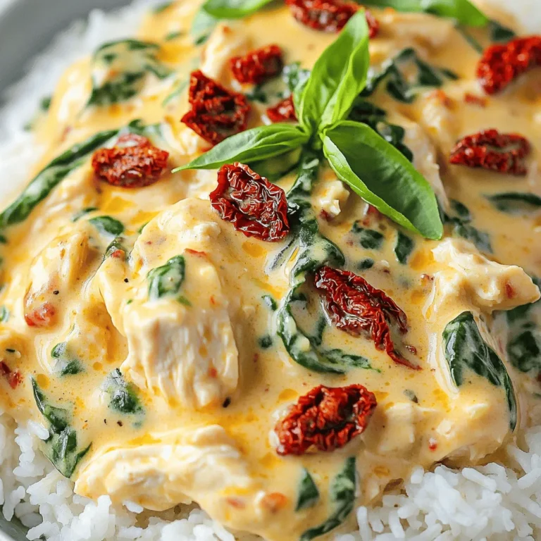 - 4 boneless, skinless chicken breasts - 1 cup sun-dried tomatoes in oil, drained and chopped - 1 cup heavy cream - 1 cup chicken broth - 1 onion, finely chopped - 3 garlic cloves, minced - 1 teaspoon Italian seasoning - 1 teaspoon paprika - Salt and pepper to taste - Fresh spinach, chopped - Fresh basil for garnish (optional) In this recipe, we focus on simple yet rich flavors. The chicken breasts form the base of our dish. They soak up all the good flavors as they cook. Sun-dried tomatoes add a nice tanginess. Heavy cream brings creaminess to the sauce. Chicken broth gives it a deep taste. For aromatics, we use onion and garlic. They build a flavorful base that makes the dish shine. Italian seasoning and paprika add warmth and depth. The salt and pepper help balance everything. You can add some fresh spinach for color and nutrition. Fresh basil is lovely on top for a fresh touch. This blend of ingredients creates a dish that is both comforting and delightful. Enjoy every bite! - Season the chicken breasts with salt, pepper, and paprika. - Place the chicken at the bottom of the slow cooker. To start, take your chicken breasts. Sprinkle salt, pepper, and paprika over them. These spices will add great flavor. After seasoning, lay the chicken flat at the bottom of the slow cooker. This helps the chicken cook evenly. - Mix sun-dried tomatoes, onion, garlic, Italian seasoning, chicken broth, and heavy cream in a bowl. - Pour the mixture over the chicken. Next, grab a bowl. In it, combine the sun-dried tomatoes, chopped onion, minced garlic, Italian seasoning, chicken broth, and heavy cream. Stir it well until everything mixes nicely. This mix adds creaminess and rich flavors. Once ready, pour this mixture over the seasoned chicken. Make sure the chicken is well covered. - Set the slow cooker on low for 6 hours or high for 3 hours. - Add spinach about 30 minutes before serving. - Shred the chicken before serving. Now it’s time to cook! Set your slow cooker to low for 6 hours. If you’re in a rush, you can set it to high for 3 hours. About 30 minutes before serving, add the chopped spinach. This keeps it fresh and vibrant. When the chicken is done, use two forks to shred it right in the slow cooker. Mix everything together to get all those flavors blended. Enjoy your meal! To get tender chicken, cook on low heat. This allows the chicken to absorb flavors. A slow cooker works best for this. You want the chicken to soak in the creamy sauce. The longer it cooks, the better it tastes. I recommend cooking for at least six hours. If you're in a hurry, three hours on high works too. Always check that the chicken is fully cooked before serving. Serve this dish with simple sides like rice or pasta. Both soak up the creamy sauce well. For a fresh touch, add a sprinkle of fresh basil. This adds color and a nice aroma. You can also add more sun-dried tomatoes on top. This makes the dish look more appealing. For a complete meal, pair it with a light salad. {{image_2}} You can switch up the protein in this dish. Try pork tenderloin for a different taste. If you prefer a plant-based option, tofu works great too. Just press the tofu to remove excess water first. For those who need a dairy-free meal, replace heavy cream with coconut cream. It adds a nice touch of sweetness and a rich texture. Want to change the flavor a bit? Add fresh herbs like thyme or rosemary. They add a nice, fragrant touch. You can also use spices like cayenne for a kick. Incorporating vegetables can make this dish even better. Add bell peppers or mushrooms for extra color and taste. They cook down nicely and blend with the sauce. To store leftovers, let them cool first. Place the chicken in an airtight container. It will last for about three to four days in the fridge. Make sure to cover it well to keep it fresh. When you want to reheat, use a microwave or stove. Heat it gently until warm. Avoid cooking it too long, or it may dry out. For long-term storage, you can freeze leftovers. Portion the chicken into freezer-safe containers. Be sure to leave some space at the top for expansion. It can stay frozen for up to three months. When you're ready to eat, take it out and thaw in the fridge overnight. For reheating, warm it on the stove or in the microwave. Stir it often to heat evenly. Yes, you can use frozen chicken breasts. However, cooking time will change. If you use frozen chicken, set your slow cooker to high for about 4 to 5 hours. This helps the chicken cook fully and safely. The texture may be slightly different. It could be less tender than fresh chicken. Check the chicken after cooking for 3 hours on high or 6 hours on low. Use a meat thermometer to check the internal temperature. It should reach 165°F (75°C). The chicken should be tender and shred easily with a fork. If it is still tough, let it cook longer. Yes, you can prepare this recipe in advance. You can season the chicken and mix the sauce a day before. Store them in separate containers in the fridge. On cooking day, just pour the mixture over the chicken and cook. Leftovers can be stored in the fridge for up to 3 days. This recipe showcases how to make a creamy sun-dried tomato chicken in a slow cooker. You prepare the chicken and mix in flavorful ingredients like cream, broth, and spices. Remember to add spinach for extra color and health. Feel free to experiment with different proteins or vegetables to find your favorite combination. Proper storage and reheating tips ensure you enjoy this dish later. With these steps, you can create a meal that’s both tasty and easy to prepare. Enjoy your cooking journey!