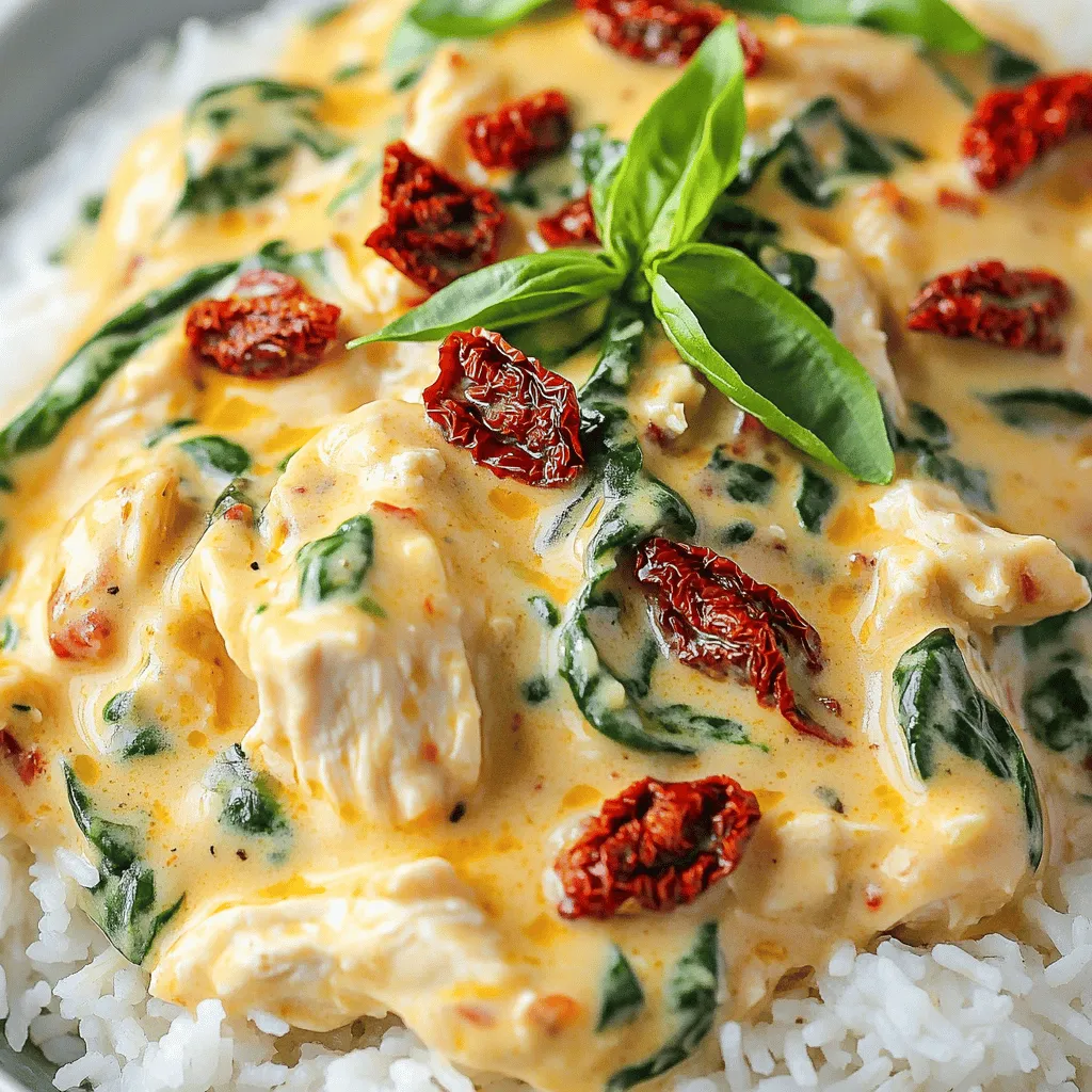 - 4 boneless, skinless chicken breasts - 1 cup sun-dried tomatoes in oil, drained and chopped - 1 cup heavy cream - 1 cup chicken broth - 1 onion, finely chopped - 3 garlic cloves, minced - 1 teaspoon Italian seasoning - 1 teaspoon paprika - Salt and pepper to taste - Fresh spinach, chopped - Fresh basil for garnish (optional) In this recipe, we focus on simple yet rich flavors. The chicken breasts form the base of our dish. They soak up all the good flavors as they cook. Sun-dried tomatoes add a nice tanginess. Heavy cream brings creaminess to the sauce. Chicken broth gives it a deep taste. For aromatics, we use onion and garlic. They build a flavorful base that makes the dish shine. Italian seasoning and paprika add warmth and depth. The salt and pepper help balance everything. You can add some fresh spinach for color and nutrition. Fresh basil is lovely on top for a fresh touch. This blend of ingredients creates a dish that is both comforting and delightful. Enjoy every bite! - Season the chicken breasts with salt, pepper, and paprika. - Place the chicken at the bottom of the slow cooker. To start, take your chicken breasts. Sprinkle salt, pepper, and paprika over them. These spices will add great flavor. After seasoning, lay the chicken flat at the bottom of the slow cooker. This helps the chicken cook evenly. - Mix sun-dried tomatoes, onion, garlic, Italian seasoning, chicken broth, and heavy cream in a bowl. - Pour the mixture over the chicken. Next, grab a bowl. In it, combine the sun-dried tomatoes, chopped onion, minced garlic, Italian seasoning, chicken broth, and heavy cream. Stir it well until everything mixes nicely. This mix adds creaminess and rich flavors. Once ready, pour this mixture over the seasoned chicken. Make sure the chicken is well covered. - Set the slow cooker on low for 6 hours or high for 3 hours. - Add spinach about 30 minutes before serving. - Shred the chicken before serving. Now it’s time to cook! Set your slow cooker to low for 6 hours. If you’re in a rush, you can set it to high for 3 hours. About 30 minutes before serving, add the chopped spinach. This keeps it fresh and vibrant. When the chicken is done, use two forks to shred it right in the slow cooker. Mix everything together to get all those flavors blended. Enjoy your meal! To get tender chicken, cook on low heat. This allows the chicken to absorb flavors. A slow cooker works best for this. You want the chicken to soak in the creamy sauce. The longer it cooks, the better it tastes. I recommend cooking for at least six hours. If you're in a hurry, three hours on high works too. Always check that the chicken is fully cooked before serving. Serve this dish with simple sides like rice or pasta. Both soak up the creamy sauce well. For a fresh touch, add a sprinkle of fresh basil. This adds color and a nice aroma. You can also add more sun-dried tomatoes on top. This makes the dish look more appealing. For a complete meal, pair it with a light salad. {{image_2}} You can switch up the protein in this dish. Try pork tenderloin for a different taste. If you prefer a plant-based option, tofu works great too. Just press the tofu to remove excess water first. For those who need a dairy-free meal, replace heavy cream with coconut cream. It adds a nice touch of sweetness and a rich texture. Want to change the flavor a bit? Add fresh herbs like thyme or rosemary. They add a nice, fragrant touch. You can also use spices like cayenne for a kick. Incorporating vegetables can make this dish even better. Add bell peppers or mushrooms for extra color and taste. They cook down nicely and blend with the sauce. To store leftovers, let them cool first. Place the chicken in an airtight container. It will last for about three to four days in the fridge. Make sure to cover it well to keep it fresh. When you want to reheat, use a microwave or stove. Heat it gently until warm. Avoid cooking it too long, or it may dry out. For long-term storage, you can freeze leftovers. Portion the chicken into freezer-safe containers. Be sure to leave some space at the top for expansion. It can stay frozen for up to three months. When you're ready to eat, take it out and thaw in the fridge overnight. For reheating, warm it on the stove or in the microwave. Stir it often to heat evenly. Yes, you can use frozen chicken breasts. However, cooking time will change. If you use frozen chicken, set your slow cooker to high for about 4 to 5 hours. This helps the chicken cook fully and safely. The texture may be slightly different. It could be less tender than fresh chicken. Check the chicken after cooking for 3 hours on high or 6 hours on low. Use a meat thermometer to check the internal temperature. It should reach 165°F (75°C). The chicken should be tender and shred easily with a fork. If it is still tough, let it cook longer. Yes, you can prepare this recipe in advance. You can season the chicken and mix the sauce a day before. Store them in separate containers in the fridge. On cooking day, just pour the mixture over the chicken and cook. Leftovers can be stored in the fridge for up to 3 days. This recipe showcases how to make a creamy sun-dried tomato chicken in a slow cooker. You prepare the chicken and mix in flavorful ingredients like cream, broth, and spices. Remember to add spinach for extra color and health. Feel free to experiment with different proteins or vegetables to find your favorite combination. Proper storage and reheating tips ensure you enjoy this dish later. With these steps, you can create a meal that’s both tasty and easy to prepare. Enjoy your cooking journey!