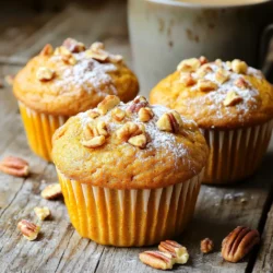 - 1 cup all-purpose flour - 1 cup whole wheat flour - 1 teaspoon baking powder - 1 teaspoon baking soda - 1 teaspoon ground cinnamon - 1/2 teaspoon ground nutmeg - 1/2 teaspoon ground ginger - 1/4 teaspoon salt - 1 cup canned pumpkin puree - 1 cup brown sugar, packed - 1/2 cup vegetable oil - 2 large eggs - 1 teaspoon vanilla extract - 1/2 cup chopped pecans (plus extra for topping) - 1/2 cup chocolate chips (optional) To create these pumpkin pecan muffins, gather your ingredients first. Start with the flours. All-purpose flour gives a light texture, while whole wheat flour adds fiber and depth. Next, you need the leavening agents. Baking powder and baking soda help the muffins rise. The spices—cinnamon, nutmeg, and ginger—bring that warm, cozy flavor. Pumpkin puree is the star of this recipe. It adds moisture and a rich taste. Brown sugar gives sweetness and a hint of caramel. Vegetable oil keeps the muffins soft. You will also need eggs to bind everything together and vanilla extract for a lovely aroma. Finally, the toppings! Chopped pecans add crunch, and chocolate chips are a sweet option if you like. This list of ingredients makes sure your muffins taste just like those from a bakery. First, preheat your oven to 375°F (190°C). This step is key for even baking. Next, prepare your muffin tin. You can use paper liners or grease it lightly with cooking spray. This helps the muffins release easily after baking. In a large bowl, combine the all-purpose flour, whole wheat flour, baking powder, and baking soda. Add in ground cinnamon, nutmeg, ginger, and salt. Whisk these dry ingredients together until they blend well. This mix gives the muffins their structure and flavor. In another bowl, mix the pumpkin puree and brown sugar. Add the vegetable oil, eggs, and vanilla extract. Stir until the mixture is smooth and creamy. This step adds moisture and sweetness to your muffins. Now, it’s time to combine the two mixtures. Gently fold the wet ingredients into the dry ingredients. Use a spatula and mix until just combined. Be careful not to overmix. This keeps your muffins soft and fluffy. Spoon the batter into the muffin cups. Fill each cup about two-thirds full. This gives the muffins room to rise. If you like, sprinkle extra chopped pecans on top for added crunch. Place the muffin tin in the oven. Bake for 20-25 minutes. They are done when a toothpick comes out clean. Once baked, let the muffins cool in the tin for about 5 minutes. Then, transfer them to a wire rack to cool completely. To make fluffy muffins, mix gently. Overmixing can make them dense. You want to combine the wet and dry ingredients just until they blend. This keeps the air in the batter. A good oven temperature is key too. Set your oven to 375°F (190°C). This heat helps the muffins rise well and bake evenly. For best storage, let muffins cool completely. Place them in an airtight container. They stay fresh for about three days at room temperature. If you want to keep them longer, freeze them. Wrap each muffin in plastic wrap, then put them in a freezer bag. They can last up to three months in the freezer. Pair your muffins with a hot drink. Coffee or tea works great. You can also serve them warm with cream cheese frosting. For a simple touch, dust with powdered sugar. This adds a nice look and flavor. Enjoy your bakery-style muffins fresh and warm! {{image_2}} You can switch up the nuts in your muffins. Try using walnuts or almonds instead of pecans. Walnuts add a rich, earthy taste. Almonds give a nice crunch. Both options work well with pumpkin. You can also substitute chocolate chips for a sweet twist. They melt and create pockets of gooey goodness. If you're gluten-free, don't worry! Use almond flour or a gluten-free blend. These flours work great in muffins. Just remember to add a binding agent like flaxseed. This helps hold everything together. Also, keep an eye on baking time. Gluten-free muffins may need a little longer to cook. Want to make these muffins vegan? Swap out the eggs for flax eggs. Mix one tablespoon of ground flaxseed with three tablespoons of water. Let it sit for a few minutes to thicken. For dairy, use almond milk or coconut milk instead of regular milk. These dairy alternatives keep the muffins moist and tasty. To find bakery-style pumpkin pecan muffins, check local bakeries. Many bakeries create special recipes that stand out. You might find places that focus on seasonal treats. Specialty shops often have unique flavors. Local cafes may also offer fresh, warm muffins. If you prefer shopping online, many bakeries ship. Look for reputable online bakeries with good reviews. Check their shipping policies to ensure freshness. To order baked goods, consider these tips: - Read customer reviews for quality. - Check for delivery times. - Ensure they package items well to avoid damage. Making muffins at home has great benefits. You control the ingredients and can adjust flavors. Homemade muffins taste fresh and warm from the oven. Store-bought options may sit on shelves longer. This can affect flavor and quality. Plus, baking at home is fun and rewarding! To keep your muffins moist, you can: - Use more oil or butter. - Add yogurt or sour cream. - Mix in applesauce for added moisture. - Don't overbake them. Check for doneness a few minutes early. Baking time matters. If you bake them too long, they dry out fast. The perfect muffin should feel soft, but not soggy. Keep an eye on them! Yes, you can use fresh pumpkin! Here’s how: 1. Start with a small sugar pumpkin. 2. Cut it in half and scoop out the seeds. 3. Roast the halves in the oven at 350°F (175°C) for 45 minutes. 4. Once soft, scoop out the flesh and mash it until smooth. This fresh pumpkin gives a vibrant flavor, but be sure to measure it out like you would canned pumpkin. Pumpkin muffins stay fresh for about 3 to 4 days at room temperature. To store them: - Keep them in an airtight container. - Place a paper towel inside to absorb extra moisture. If you want them to last longer, freeze them! They can stay good for up to 3 months in the freezer. Absolutely! To make these muffins nut-free, try these options: - Use sunflower seeds instead of pecans. - Mix in pumpkin seeds for crunch. - Omit the nuts altogether if you prefer. This way, you can still enjoy the muffins without any nuts. They will still taste great! In this article, we explored how to make delicious pumpkin pecan muffins. We detailed the key ingredients, provided easy step-by-step instructions, and shared tips for fluffy results. You learned about variations to suit different diets, from gluten-free to vegan options. Lastly, we discussed where to find these muffins locally and online, including the benefits of baking at home. Now you have all the tools to bake your perfect batch and enjoy the flavor, warmth, and comfort these muffins bring. Happy baking!