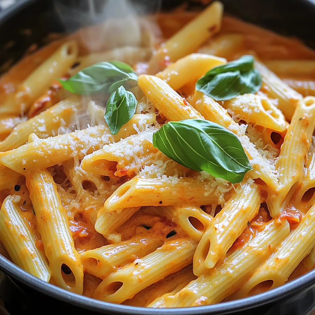 - 12 oz (340 g) pasta (penne or fusilli work well) - 2 large red bell peppers, roasted and peeled - 1 small onion, diced - 3 cloves garlic, minced - 1 cup vegetable broth - 1 cup heavy cream or coconut cream for a dairy-free option - 1 teaspoon smoked paprika - 1/2 teaspoon red pepper flakes (adjust for heat preference) - Salt and black pepper, to taste - 1/2 cup freshly grated Parmesan cheese (or nutritional yeast for a vegan option) - Fresh basil leaves, for garnish You can swap ingredients based on what you have. Try these ideas: - Use any pasta shape you like. Spaghetti or rotini will work great too. - Swap red bell peppers for jarred roasted red peppers for ease. - For the cream, almond milk or cashew cream can replace heavy cream. - If you want a spicy kick, add more red pepper flakes or use a hot sauce. - Nutritional yeast is a great dairy-free cheese swap. When you buy fresh ingredients, look for these tips: - Choose bright red bell peppers. They should feel firm and heavy. - Select an onion that feels solid with a smooth skin. - Pick garlic bulbs that are dry and firm. Avoid any soft spots. - When buying pasta, check the date. Select one that is fresh. - Fresh basil should be vibrant green with no brown spots. Using fresh ingredients makes your dish taste better! They add color, flavor, and nutrition. Enjoy making your One-Pot Creamy Roasted Red Pepper Pasta with these tips! To make this dish, start with the red bell peppers. You can roast them over an open flame or in the oven. Cook them until the skin is charred and blistered. After roasting, place them in a bowl and cover it with plastic wrap. Let them steam for about 10 minutes. This makes peeling easier. Once cooled, peel off the skin and remove the seeds. You’ll have sweet, smoky peppers ready to blend. Next, we blend the roasted peppers into a sauce. In a blender, add the peeled peppers, minced garlic, smoked paprika, and red pepper flakes. Pour in the vegetable broth too. Blend this mix until it’s smooth and creamy. This sauce is the heart of your dish. It adds flavor and richness to the pasta. Now, let’s cook the aromatics. In a large pot, heat a drizzle of olive oil over medium heat. Add the diced onion and sauté for about 5 minutes. Cook until the onion is soft and translucent. This step builds a great flavor base for the dish. Once the onions are ready, pour in the blended red pepper sauce. Add the heavy cream or coconut cream, and stir until well mixed. Bring this mixture to a gentle simmer. Now, add the pasta directly into the sauce, making sure it’s fully submerged. Cook according to the package instructions, stirring often. This usually takes about 10 to 12 minutes. If the pasta seems to stick, add a splash of water. When the pasta is al dente, turn off the heat. Stir in the grated Parmesan cheese and season with salt and black pepper. This adds depth and creaminess to the dish. To serve, use tongs to twirl the pasta into bowls. Finish with fresh basil leaves and an extra sprinkle of cheese if you like. Enjoy your creamy roasted red pepper pasta! To get a creamy sauce, blend the roasted peppers well. You want a smooth texture. If the sauce seems too thick, add a bit more vegetable broth. This will help it coat the pasta nicely. For a silkier finish, use heavy cream or coconut cream. The right cream adds richness and helps your sauce cling to the pasta. If you like heat, use more red pepper flakes. A half teaspoon gives a mild kick. For extra spice, try a full teaspoon or more. If you want a milder dish, skip the flakes altogether. You can also balance the heat with a pinch of sugar. This trick can enhance the sauce’s flavor without making it too spicy. To save time, roast the red peppers ahead. You can store them in the fridge. This way, they are ready to use. Also, chop your onion and garlic in advance. Use a food processor to speed up the chopping. Lastly, cook the pasta right in the sauce. This saves a pot and makes cleanup easier! {{image_2}} To make this dish vegan and dairy-free, swap heavy cream for coconut cream. This gives a rich, creamy texture without dairy. You can also replace Parmesan cheese with nutritional yeast. It adds a cheesy flavor and is great for vegans. With these swaps, you keep all the taste without any animal products. Adding proteins can make your pasta more filling. For chicken, cook bite-sized pieces in the pot before adding onions. For shrimp, toss them in during the last few minutes of cooking. This way, they cook through without becoming tough. You can also use cooked sausage or tofu for a nice touch. Each protein adds its own flavor and texture. Boost nutrition by adding veggies. Spinach or kale can be stirred in right before serving. They wilt down nicely and add color. Cherry tomatoes can be halved and cooked with the pasta for a sweet burst. Zucchini or bell peppers can be diced and sautéed with onions. These add flavor and make the dish even healthier. After enjoying your One-Pot Creamy Roasted Red Pepper Pasta, store any leftovers in an airtight container. This helps keep the flavors fresh. Place the container in the refrigerator. Your pasta will stay good for up to three days. When you're ready to eat the leftovers, reheat them gently. Use a pot over low heat. Add a splash of water or broth to loosen the sauce. Stir often until it's warm. You can also use a microwave. Heat in short bursts, stirring in between, until it’s hot. If you want to keep your pasta longer, freezing is a great option. First, let the pasta cool completely. Then, portion it into freezer-safe containers. Seal them tightly to prevent freezer burn. Your pasta can last up to three months in the freezer. To enjoy, thaw it overnight in the fridge, then reheat as mentioned above. It takes about 30 minutes to make this dish. You spend 10 minutes preparing the ingredients and 20 minutes cooking. This quick time makes it perfect for busy nights. Yes, you can use any pasta you like. Penne and fusilli work best, but spaghetti or farfalle also taste great. Just make sure to adjust the cooking time based on the pasta you choose. You can use coconut cream for a dairy-free option. Other choices include almond milk or cashew cream, but they will change the sauce's richness. If you want a lighter option, use half-and-half or whole milk. In this blog post, we covered how to make One-Pot Creamy Roasted Red Pepper Pasta. You learned about key ingredients and substitutions, plus tips for selecting fresh items. I shared step-by-step instructions to prepare, blend, sauté, and cook this dish easily. We explored useful tips to perfect the sauce and variations to suit your taste. Lastly, I provided storage info to keep leftovers fresh. Enjoy making this recipe and feel free to experiment with flavors! Your kitchen adventure awaits.