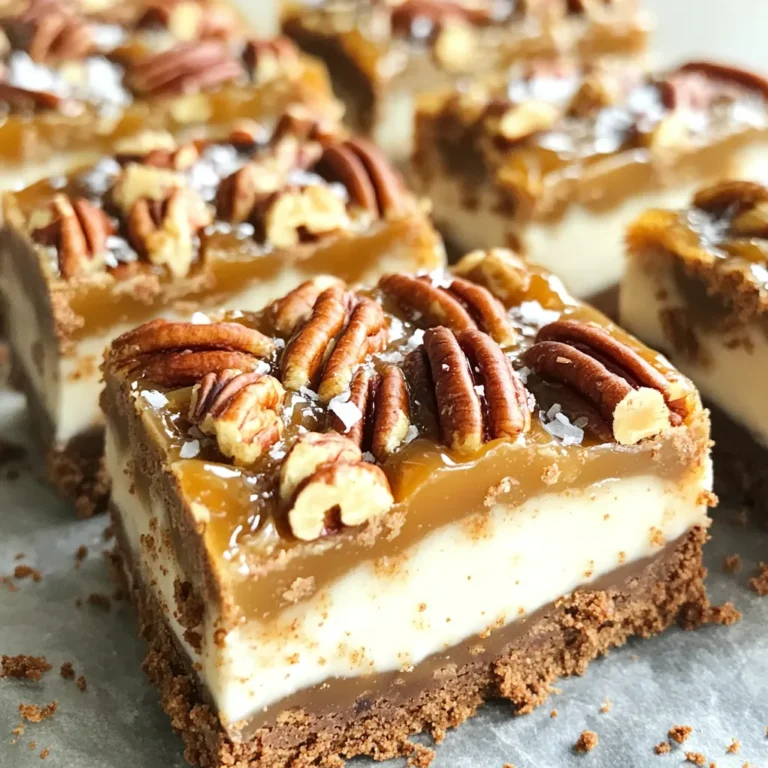 To make No-Bake Salted Caramel Pecan Pie Bars, you will need: - 1 ½ cups graham cracker crumbs - ½ cup unsweetened cocoa powder - ½ cup unsalted butter, melted - ¼ cup brown sugar - 1 cup pecans, roughly chopped - 1 cup medjool dates, pitted and blended into a paste - 1 cup coconut cream - ½ cup maple syrup - 1 teaspoon vanilla extract - ¼ teaspoon sea salt - Extra pecans and a pinch of sea salt for garnish You can swap some ingredients to fit your taste. For example: - Graham cracker crumbs can be replaced with crushed cookies or nuts. - Cocoa powder can be skipped for a lighter flavor. - Unsalted butter can be switched with coconut oil for a dairy-free option. - Medjool dates can be replaced with other dried fruits like figs or prunes. - If you want a nut-free version, use seeds instead of pecans. Using high-quality ingredients makes a big difference in flavor and texture. Choose fresh pecans for crunch and richness. Medjool dates should be soft and sticky, as they blend better. For the coconut cream, pick a brand that has a thick consistency. It helps create a creamy caramel layer. The better your ingredients, the more delicious your bars will be. Start by gathering your ingredients. You need graham cracker crumbs, cocoa powder, melted butter, and brown sugar. In a mixing bowl, combine the graham cracker crumbs, cocoa powder, melted butter, and brown sugar. Mix everything well until it forms a crumbly texture. This will be the base of your bars. Next, take a lined 9x9-inch baking dish. Press the crumb mixture firmly into the bottom. Use the back of a measuring cup to make it even and compact. This step is key for a sturdy crust. Now, let’s create the salted caramel layer. In a separate bowl, combine pitted medjool dates, coconut cream, maple syrup, vanilla extract, and sea salt. Blend these ingredients until smooth and creamy. This mixture will bring a rich flavor to your bars. Once your caramel is ready, pour it over the crust. Use a spatula to spread it evenly. Make sure to cover the crust completely for the best taste. Next, sprinkle the chopped pecans over the caramel layer. Press them in slightly to help them stick. This adds a nice crunch and flavor. Now, place the dish in the fridge for at least 4 hours or overnight. This will let the bars set completely. When they are firm, remove them from the baking dish. Slice them into squares or rectangles. Before serving, drizzle some extra coconut cream on top, and sprinkle more pecans along with a light pinch of sea salt. This step adds flair and flavor to your delicious no-bake salted caramel pecan pie bars. To make smooth caramel, use fresh medjool dates. Blend them until they form a paste. If the mix is too thick, add a bit more coconut cream. This helps create a nice, creamy texture. Mix until there are no lumps. A smooth caramel makes each bite delightful. For the crust, press the graham cracker mix firmly. Use the back of a measuring cup to flatten it. This gives a strong base for the bars. Make sure the crust is even across the bottom. If it's too loose, the bars can fall apart when cut. When ready to serve, slice the bars into neat squares. Drizzle some extra coconut cream on top. This adds a nice touch and looks pretty. Sprinkle additional pecans and a pinch of sea salt for flair. These small details make your bars look gourmet and inviting. {{image_2}} If you want to skip nuts, you have options. Seeds like sunflower or pumpkin work well. They add crunch without the nut flavor. You can also try toasted coconut for a tropical twist. Just swap the pecans in the recipe for your chosen alternative. To boost the flavor, consider adding spices. A dash of cinnamon or nutmeg can warm the taste. You might also add a bit of espresso powder for a coffee kick. If you love chocolate, mix in some mini chocolate chips. These small changes can elevate your bars. Not a fan of graham crackers? You can use crushed cookies like Oreos or gingersnaps. They add unique flavors and textures. Another option is using oats for a healthier crust. Just blend oats with cocoa powder and butter for a new base. Each choice gives your bars a fresh feel. To keep your No-Bake Salted Caramel Pecan Pie Bars fresh, store them in the fridge. Use an airtight container to prevent them from drying out. They will stay good for about one week. Make sure to separate layers with parchment paper to avoid sticking. You can also freeze these delicious bars. First, slice them into squares. Wrap each piece in plastic wrap, then place them in a freezer-safe bag. They will last up to three months in the freezer. When you're ready to enjoy, simply thaw them in the fridge overnight. These bars are best served cold. No need to reheat them since they are no-bake. Just take them out of the fridge or freezer, let them sit for a few minutes, and then serve. For extra flair, drizzle a bit of coconut cream on top and sprinkle with more pecans and sea salt. This makes them look fresh and inviting! To make the bars vegan, replace the butter with a plant-based option. Use coconut oil or a vegan butter substitute. Ensure the chocolate used in the cocoa powder is dairy-free. The rest of the ingredients, like pecans and dates, are already vegan-friendly. This change keeps the bars rich and creamy without any animal products. Yes, you can use other sweeteners. Agave syrup or date syrup works well as a substitute. Honey is not vegan but can be used if you are not concerned about that. Adjust the amount based on your taste. Keep in mind that different sweeteners may alter the flavor slightly, so taste as you go. To cut the bars neatly, first chill them well. This allows the layers to firm up. Use a sharp knife for clean edges. Warm the knife slightly under hot water, then dry it before cutting. This technique helps create smooth slices. Aim for squares or rectangles based on your serving preference. In this blog post, we explored the essential ingredients, step-by-step instructions, and helpful tips for delicious caramel bars. I shared ways to customize your bars and offered storage methods for keeping them fresh. Remember, using quality ingredients enhances flavor. Don’t hesitate to try different variations to find your perfect match. With these steps and tips, you can create tasty treats that impress. Enjoy making your caramel bars and have fun with the process!
