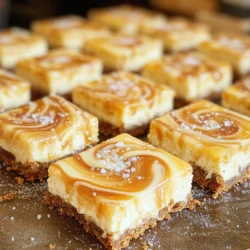 - 2 cups crushed pretzels - 1/2 cup unsalted butter, melted - 1/4 cup brown sugar - 8 oz cream cheese, softened - 1 cup powdered sugar - 1 teaspoon vanilla extract - 1 1/2 cups heavy whipping cream - 1/2 cup salted caramel sauce (plus extra for drizzling) - Sea salt for sprinkling If you need a change, consider these swaps: - Use gluten-free pretzels for a gluten-free option. - Swap out unsalted butter for coconut oil for a dairy-free choice. - Cream cheese can be replaced with a dairy-free cream cheese for a vegan version. - You can use light brown sugar or white sugar if you run out of brown. - For a lighter option, substitute heavy cream with whipped coconut cream. Choosing the right ingredients makes a big difference: - Look for fresh pretzels; they should be crunchy and not stale. - Choose high-quality cream cheese, as it affects the texture. - Use pure vanilla extract for a richer flavor. - Select a good salted caramel sauce for the best taste; homemade is great if you have time. - Sea salt should be flaky and fresh; it enhances the sweet and salty balance. These ingredients create a tasty treat that you will love to make and share! To make these salted caramel pretzel cheesecake bars, start with the crust. In a medium bowl, mix the crushed pretzels, melted butter, and brown sugar. Stir until the pretzels feel like wet sand. Next, press this mixture into the bottom of a 9x9 inch baking pan. Make sure it is firm and even. Set the pan in the fridge while you prepare the filling. Now, in a large bowl, beat the softened cream cheese, powdered sugar, and vanilla extract. Mix until it is smooth and creamy. In another bowl, whip the heavy cream until you see stiff peaks. This will add air and make the filling light. Gently fold the whipped cream into the cream cheese mixture. Do this slowly so you do not lose the air. Then, drizzle the salted caramel sauce into the filling. Use a spatula to swirl it in. This gives you a pretty marbled look. Pour the filling over the chilled pretzel crust. Spread it evenly across the top. Cover your pan with plastic wrap. Place it back in the refrigerator for at least four hours. For the best texture, let it chill overnight. To get a creamy texture, use softened cream cheese. It should be at room temperature before mixing. This helps it blend smoothly with the sugar and vanilla. When whipping the heavy cream, watch for stiff peaks. This means the cream holds its shape well. Be gentle when folding the whipped cream into the cream cheese. You want to keep the air in the mix. Refrigeration is key for these bars. It allows the filling to set properly. If you cut them too soon, they may fall apart. Four hours is the minimum chill time, but overnight is best. This helps all the flavors blend together. The longer it sits, the better the taste! One common mistake is not crushing the pretzels enough. Aim for a fine crumb. This helps the crust hold together better. Another mistake is overmixing the cream cheese. Mix just until smooth. If you whip it too much, it can become too airy. Lastly, don’t skip the chilling time. It’s key for the bars to set well. Patience pays off! Cutting the bars can be tricky. Use a sharp knife and warm it slightly. This helps make clean cuts. Start by lifting the bars out using the plastic wrap. Cut into squares while still in the pan for less mess. Serve on a pretty plate. Drizzle with extra salted caramel for a nice touch. Don’t forget to sprinkle a bit of sea salt on top! You can boost flavor in many ways! Try adding chocolate chips to the cream cheese mix. This adds a rich touch. You could also fold in crushed nuts for a nice crunch. If you like fruit, consider a swirl of raspberry or blueberry puree. These additions can elevate your cheesecake bars and make them unique. Be creative and have fun with it! {{image_2}} You can enjoy these bars without gluten. Use gluten-free pretzels instead of regular ones. Many stores sell tasty gluten-free pretzel options. They create a great crust and keep the flavor. Always check labels to ensure they are truly gluten-free. This way, everyone can enjoy the treat together. Want to jazz up your cheesecake bars? Add chocolate or fruit flavors. You can mix in chocolate chips with the cream cheese. Dark or milk chocolate works well. If you love fruit, try adding fresh berries or banana slices. You can also swirl in fruit purees for a pop of color and taste. These add-ins give the bars a unique twist. Toppings can make your bars even better. Try crushed nuts for crunch. Pecans or almonds add a nice touch. You can also sprinkle colorful sprinkles on top for fun. Another idea is to add more salted caramel sauce for extra sweetness. These toppings can change the look and taste of your bars. Explore different options to find your favorite! To keep your salted caramel pretzel cheesecake bars fresh, store them in the fridge. Use an airtight container to prevent them from drying out. If you cut the bars, place parchment paper between each piece. This keeps them from sticking together. They will stay fresh for about 5 days in the fridge. If you want to save your bars longer, freezing works well. Cut the bars into squares first. Wrap each square in plastic wrap, then place them in a freezer-safe bag. Remember to remove as much air as possible. They can last in the freezer for up to 3 months. Thaw them in the fridge overnight before enjoying. Reheating is not necessary for these bars. They taste best chilled. If you prefer them slightly warm, microwave them for just 10-15 seconds. Be careful not to overheat, or the texture will change. Enjoy them as they are for the best taste experience! Salted caramel pretzel cheesecake bars can last up to a week in the fridge. Keep them in an airtight container to protect them from drying out. If you notice any change in texture or smell, it’s best to toss them out. Yes, you can make these bars a day or two ahead of time. They need time to chill and set properly. This makes them great for parties or gatherings. Just cover them well and store them in the fridge until you are ready to serve. If you need a substitute for cream cheese, try using Greek yogurt or mascarpone. Both options give a creamy texture. You can also use vegan cream cheese for a dairy-free version. Adjust the sweetness if needed. You learned about making delicious salted caramel pretzel cheesecake bars. We covered key ingredients, substitutions, and tips for quality selection. Step-by-step instructions showed you how to create a creamy texture while covering refrigeration's role. We also explored common mistakes, cutting techniques, and flavor options. As you try these tips and tricks, remember to safely store your bars for lasting enjoyment. Don’t hesitate to mix things up with different flavors or toppings. Now, you have the tools to make these treats a hit! Enjoy the process and share the results with friends!