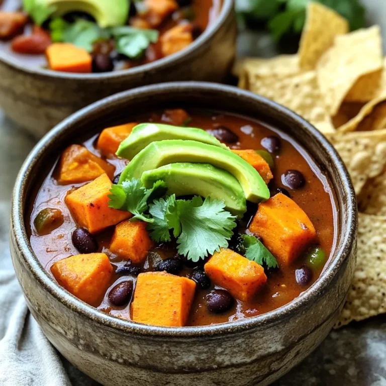 - 2 medium sweet potatoes, peeled and diced - 1 can (15 oz) black beans, drained and rinsed - 1 can (14 oz) diced tomatoes with green chilies - 1 medium onion, chopped - 2 cloves garlic, minced - 1 bell pepper (any color), chopped - 1 cup vegetable broth - 1 tablespoon chili powder - 1 teaspoon ground cumin - 1 teaspoon smoked paprika - Salt and pepper to taste - 1 tablespoon olive oil - Fresh cilantro for garnish - Avocado slices for serving (optional) I love using sweet potatoes for their sweet taste and soft texture. You can swap them with butternut squash for a similar vibe. Canned black beans save time, but you can use dried beans if you soak them first. If you want more heat, try using fire-roasted tomatoes instead. You can also skip the bell pepper or use a different color based on your taste. Each serving of this chili offers a great balance of nutrients. Here’s a quick look: - Calories: 250 - Protein: 10g - Carbohydrates: 45g - Fiber: 12g - Fat: 5g This chili is not only hearty but also packs a punch of flavor and nutrition. It’s a great choice for a filling meal without any guilt! Start by peeling and dicing the sweet potatoes into small cubes. This helps them cook evenly. Next, chop the onion and bell pepper. Mince the garlic cloves for flavor. Gather all your ingredients since this makes cooking easier. Heat the olive oil in a large pot over medium heat. Add the chopped onion and bell pepper. Sauté them for about 5 minutes until the onion is soft and clear. Stir in the minced garlic and cook for 1-2 more minutes. This brings out the garlic's great smell. Now, add the diced sweet potatoes to the pot. Sprinkle in the chili powder, ground cumin, smoked paprika, and a pinch of salt and pepper. Stir well to coat the sweet potatoes in the spices. Next, pour in the vegetable broth and the diced tomatoes with their juices. Stir everything together. Bring the mixture to a simmer. Cover the pot and cook for 25-30 minutes. This allows the sweet potatoes to become tender. After that, add the drained black beans to the pot. Cook for another 5 minutes to warm them through. Taste the chili and add more salt, pepper, or spices if you wish. Check the sweet potatoes with a fork. They should be soft and easy to pierce. Make sure the chili is hot all the way through before serving. If you want, let it sit for a few minutes off the heat. This helps the flavors blend together even more. To boost the flavor of your sweet potato black bean chili, use fresh spices. Always use fresh garlic and onion. This makes a big difference. You can also toast your spices. Just heat them in the pot for a minute. This helps release their oils and flavors. If you like a kick, add a pinch of cayenne pepper. You can also squeeze fresh lime juice on top before serving. It brightens up the dish and adds freshness. You’ll need a few basic tools to make this chili. A large pot or Dutch oven works best for even cooking. A good chef's knife helps chop your veggies. A cutting board is a must-have for safety. You might want a wooden spoon for stirring. For easy serving, use deep bowls. If you have measuring spoons, they can help with precise spice amounts. Serve your chili in deep bowls. Top it with fresh cilantro for a pop of color. Avocado slices add creaminess and taste great too. For a crunchy side, serve with crusty bread or tortilla chips. You can also pair it with a simple salad. A side of cornbread complements the chili well, making it a hearty meal. {{image_2}} This chili is already vegetarian and vegan. It uses sweet potatoes and black beans as the main ingredients. You can enjoy it with no meat at all. It is rich in flavor and nutrients. If you want to add protein, consider using lentils. They cook quickly and blend well with the chili. You can change up some ingredients to fit your taste. Here are a few ideas: - Use butternut squash instead of sweet potatoes for a different taste. - Swap black beans for kidney beans or pinto beans. - Add corn for sweetness and crunch. - Toss in some spinach or kale for extra greens. These swaps can keep your chili exciting and fresh. If you love heat, you can spice things up! Here’s how: - Add jalapeños or serrano peppers when cooking. - Mix in some cayenne pepper or hot sauce to the pot. - For a milder chili, skip the chili powder. Use smoked paprika instead. Adjust the spices to make the chili just right for you. After enjoying your sweet potato black bean chili, let it cool down. Transfer the chili to an airtight container. Store it in the fridge. It stays fresh for about 3 to 5 days. Ensure the lid is tight to keep the flavors locked in. You can freeze the chili for later. Pour it into freezer-safe containers. Leave some space at the top because it expands. It freezes well for up to 3 months. When you want to eat it, thaw it in the fridge overnight. Reheat it on the stove or in the microwave. Make sure it heats through to a safe temperature. Store the chili in the fridge within two hours of cooking. This helps keep bacteria away. If you notice any strange smells or colors, it’s best to toss it. Always label your containers with the date. This way, you know how long it’s been stored. Following these tips helps you enjoy your chili at its best! To adjust the spice level, start by adding chili powder. If you want more heat, add cayenne pepper or crushed red pepper flakes. Mix these in slowly, tasting as you go. This helps you find the right balance. For milder chili, use less chili powder or skip the spicy peppers. You can also serve with sour cream or yogurt. This cools down the heat. Yes, you can make this chili in a slow cooker. Just prepare the veggies as usual. Sauté the onion and bell pepper first, then add them to the slow cooker. Add all other ingredients, including sweet potatoes and black beans. Cook on low for 6-8 hours or high for 3-4 hours. This method allows the flavors to mix well and gives a nice texture. You can use other beans in this recipe. Great options are pinto beans, kidney beans, or chickpeas. Just make sure to drain and rinse them as you do with black beans. Each bean brings a different flavor and texture. Experiment with what you have at home. It keeps the recipe fresh and exciting! In this blog post, I covered the key elements to create a great Sweet Potato Black Bean Chili. We looked at the ingredients, their measurements, and helpful substitutions. I shared step-by-step cooking instructions and tips for checking doneness. We also explored variations, storage tips, and common questions. You can easily adapt the recipe to suit your taste. With these insights, I hope you feel ready to cook a delicious and healthy meal. Enjoy your culinary journey!