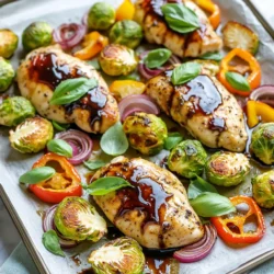 - 4 boneless, skinless chicken breasts - 2 cups Brussels sprouts, halved - 1 red bell pepper, sliced - 1 yellow bell pepper, sliced - 1 small red onion, sliced - 1/4 cup balsamic vinegar - 3 tablespoons olive oil - 2 tablespoons honey - 2 cloves garlic, minced You need chicken breasts for the main protein in this dish. They cook quickly and stay juicy. For veggies, I use Brussels sprouts, red bell pepper, yellow bell pepper, and red onion. They add color and flavor. The balsamic mixture gives the dish a tangy-sweet taste that everyone loves. - 1 teaspoon dried Italian herbs (oregano & basil) - Salt and pepper to taste - Fresh basil for garnish Dried Italian herbs bring depth to the dish. Salt and pepper enhance all the flavors. Fresh basil adds a lovely touch when you serve it. - Baking sheet - Parchment paper - Mixing bowls Using a baking sheet helps cook everything at once. Parchment paper makes cleanup easy. You will need mixing bowls to combine the balsamic mixture and coat the chicken and veggies. Preheating the oven First, set your oven to 400°F (200°C). This heat helps cook the chicken and veggies well. Marinating the chicken In a small bowl, whisk together 1/4 cup balsamic vinegar, 3 tablespoons olive oil, 2 tablespoons honey, and 2 minced garlic cloves. Add 1 teaspoon dried Italian herbs, salt, and pepper. Place 4 chicken breasts in a large bowl or zip-top bag. Pour half the marinade over the chicken. Coat it well. Let it marinate for at least 20 minutes. If you have time, marinate it for up to 2 hours in the fridge. Coating the vegetables While the chicken marinates, prepare the vegetables. In another bowl, combine 2 cups halved Brussels sprouts, 1 sliced red bell pepper, 1 sliced yellow bell pepper, and 1 sliced red onion. Drizzle the rest of the balsamic mixture over the veggies. Toss them until they are coated evenly. Arranging on the sheet pan Line a baking sheet with parchment paper for easy cleanup. Place the marinated chicken in the center of the sheet pan. Arrange the balsamic-coated vegetables around the chicken. Baking time specifics Bake everything in the preheated oven for 25-30 minutes. The chicken should be cooked through and the veggies tender. Checking chicken doneness Ensure the chicken reaches an internal temperature of 165°F. Use a meat thermometer if you have one. When done, remove the sheet pan from the oven. Let it rest for 5 minutes. Garnish with fresh basil before serving. To make your chicken extra tasty, marinate it well. This means letting it soak in the balsamic mixture for flavor. The best time to marinate is at least 20 minutes. If you have more time, marinate for up to 2 hours. This helps the chicken soak up all those yummy flavors. For even cooking of veggies, cut them into similar sizes. This way, they cook at the same rate. Use bell peppers and Brussels sprouts for a nice mix. To reduce cleanup, line your baking sheet with parchment paper. This makes it easy to clean up after cooking. This dish goes well with a simple side. Try serving it with rice or quinoa. You can also add a fresh salad for crunch. If you like sauces, drizzle some extra balsamic on top. A yogurt dip also makes a great pairing. Enjoy your meal with these tasty sides! {{image_2}} If you want to switch things up, consider alternative proteins. You can use turkey breasts or even tofu for a meatless option. Both work well with the balsamic glaze. When it comes to veggies, the options are endless. You can add carrots, zucchini, or asparagus. Just make sure to cut them into similar sizes for even cooking. Changing the vinegar can change the dish drastically. Try apple cider vinegar for a fruity twist or red wine vinegar for a richer flavor. Both will give a unique taste to your meal. You can also play with herbs and spices. Try adding rosemary or thyme for a different aroma. A pinch of red pepper flakes can add a nice kick too. For gluten-free versions, simply check your balsamic vinegar. Most are gluten-free, but it’s good to verify. You can also use tamari instead of soy sauce if you want a gluten-free option. If you're aiming for low-carb, swap out the honey for a sugar-free sweetener. You can also use more low-carb veggies like spinach or cauliflower. These changes keep the dish tasty while meeting your dietary needs. To keep your Sheet Pan Balsamic Chicken and veggies fresh, store them in the fridge. Place the leftovers in an airtight container. They will stay good for up to four days. For longer storage, you can freeze them. Just make sure to use freezer-safe bags. Squeeze out any air before sealing. Label the bags with the date. You can freeze the dish for up to three months. When it's time to eat the leftovers, reheating is key. The best method for chicken is using the oven. Preheat your oven to 350°F (175°C). Place the chicken on a baking sheet and cover it with foil. This helps keep it moist. Heat for about 15-20 minutes. For the veggies, you can use the microwave. Heat them in short bursts, checking often. This helps maintain their texture. You want them warm, not mushy. Leftovers from this dish last about four days in the fridge. If you freeze them, they last up to three months. Always check for spoilage before eating. Signs of spoilage include an off smell or discoloration. If you see any mold, discard the food. Keeping food safe is important for good health. You can prep the chicken and veggies a day early. Here are some tips: - Marinate the chicken: Mix the balsamic ingredients. Coat the chicken and let it sit in the fridge for up to 2 hours or overnight. - Cut the veggies: Slice the Brussels sprouts, bell peppers, and onions. Store them in an airtight container. - Combine flavors: Add the balsamic mixture to the veggies right before baking. This keeps them fresh. Yes, you can use bone-in chicken. Here are some things to consider: - Cooking time: Bone-in chicken takes longer to cook. You may need to bake it for 10-15 minutes more. - Flavor: Bone-in chicken can add more flavor. Just be sure to check the internal temperature; it should reach 165°F. - Skin: If you leave the skin on, it can get crispy and add texture. Just be careful of extra grease. This dish pairs well with many sides. Here are some ideas: - Rice: A simple white or brown rice complements the balsamic flavor. - Potatoes: Mashed or roasted potatoes add heartiness to the meal. - Salad: A fresh green salad can lighten the dish and add crunch. - Bread: Crusty bread is perfect for soaking up the balsamic sauce. This blog guided you through making a tasty Sheet Pan Balsamic Chicken & Veggies. We covered the main ingredients, suggested seasonings, and the equipment needed. I shared tips for marinating and cooking, along with variations for your taste. Remember, storing leftovers properly helps keep your meal fresh. With these easy steps, you’ll create a delicious dish your family will love. Enjoy trying it out and feel free to experiment!