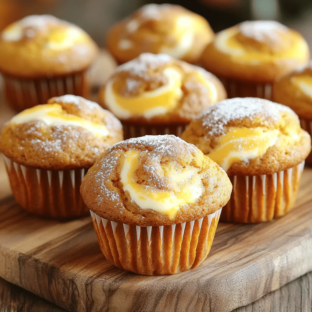 To make these delightful muffins, you need key ingredients that bring flavor and texture. Here’s your list: - 1 cup canned pumpkin puree - 1/2 cup cream cheese, softened - 1/2 cup granulated sugar - 1/2 cup brown sugar, packed - 1/2 cup vegetable oil - 2 large eggs - 1 teaspoon vanilla extract - 1 1/2 cups all-purpose flour - 1 teaspoon baking powder - 1 teaspoon baking soda - 1 teaspoon ground cinnamon - 1/4 teaspoon ground nutmeg - 1/4 teaspoon ground ginger - 1/2 teaspoon salt Each ingredient plays a role. The pumpkin puree gives moistness and flavor. Cream cheese adds a rich, creamy center. The sugars balance sweetness, and spices bring warmth. You might want to elevate your muffins with some extra touches. Here are a few optional ingredients: - Chopped nuts (like walnuts or pecans) - Chocolate chips for a sweeter twist - Dried cranberries for a fruity note Adding these can change the flavor profile. Nuts add crunch, while chocolate makes them sweet. Dried fruit brings a tangy burst. Do you have dietary needs? You can easily adjust this recipe. Here are some substitutions: - Use almond or coconut milk instead of regular milk. - Swap granulated sugar for coconut sugar or maple syrup. - Replace all-purpose flour with gluten-free flour. - Use vegan cream cheese for a dairy-free option. These swaps keep your muffins tasty while catering to your diet. Enjoy experimenting with flavors and textures! First, preheat your oven to 350°F (175°C). This step warms the oven for even cooking. Next, line a muffin tin with paper liners or lightly grease it. This helps the muffins come out easily after baking. In a medium bowl, add the softened cream cheese, granulated sugar, and brown sugar. Beat them together until smooth and creamy. Set this mixture aside. In a larger bowl, whisk the canned pumpkin puree, vegetable oil, eggs, and vanilla extract. Mix well until everything is blended. In another bowl, combine the all-purpose flour, baking powder, baking soda, cinnamon, nutmeg, ginger, and salt. Stir these dry ingredients until they are well mixed. Now, pour the dry mixture into the pumpkin mixture. Gently fold the two mixtures until just combined. Be careful not to overmix, as this can make your muffins tough. Fill each muffin cup halfway with the pumpkin batter. Then, add a spoonful of the cream cheese mixture on top. Use a toothpick to swirl it gently, creating a marbled effect. Top each muffin with a bit more pumpkin batter until the cups are about 3/4 full. Place the muffin tin in the preheated oven. Bake for 20 to 25 minutes. To check if they are done, insert a toothpick into the center of a muffin. If it comes out clean, they are ready. Let the muffins cool in the tin for 5 minutes. Then, transfer them to a wire rack to cool completely. For the best muffins, use fresh ingredients. Make sure your baking powder and baking soda are not expired. This will help your muffins rise well. Mix the ingredients gently to keep the muffins light and fluffy. Overmixing can lead to dense muffins. Use a toothpick to create fun swirls with the cream cheese. Don’t worry if they aren’t perfect; the charm is in their uniqueness! For a nice finish, dust the cooled muffins with powdered sugar. You can also serve them with maple syrup for extra sweetness. Enjoy your fall baking! One common mistake is overmixing the batter. This can make your muffins tough. Mix until just combined for a light and fluffy texture. Another mistake is not measuring ingredients correctly. Use dry measuring cups for flour and a liquid measuring cup for pumpkin. Lastly, don’t skip preheating your oven. This step ensures even baking. When mixing, always start with the wet ingredients. Combine the pumpkin, oil, eggs, and vanilla first. In a separate bowl, mix the dry ingredients well, so everything is even. Fold the dry ingredients into the wet ingredients gently. This keeps your muffins tender. Add the cream cheese mixture last. Swirl it in lightly for a marbled look. To check if your muffins are done, insert a toothpick into the center. If it comes out clean, they are ready. If there are wet crumbs, bake a few more minutes. Keep an eye on them to avoid overbaking. You want a soft, moist muffin, not a dry one. {{image_2}} You can make these muffins even more special. Add nuts like walnuts or pecans for crunch. Dried fruits, such as cranberries, offer a sweet twist. Consider orange zest for a fresh, citrusy note. You can also mix in chocolate chips for a rich flavor. Each addition gives a unique touch to the classic recipe. Want a healthier muffin? You can replace some sugar with applesauce. This keeps them moist while cutting calories. Try using whole wheat flour instead of all-purpose flour. This adds fiber and nutrients. You can also swap vegetable oil for unsweetened yogurt for a lighter option. These changes keep the muffins tasty and healthy. For gluten-free muffins, use a gluten-free flour blend. Look for blends that include xanthan gum. This helps mimic the texture of regular flour. Be sure to check ingredients in your cream cheese as well. Most cream cheeses are gluten-free, but it’s good to confirm. With these tweaks, everyone can enjoy delicious pumpkin cream cheese muffins! Store leftover muffins in an airtight container. This keeps them fresh and moist. You can place wax paper between layers to avoid sticking. They stay good at room temperature for up to three days. If you want to keep them longer, use the freezer. To freeze muffins, cool them completely first. Then, wrap each muffin tightly in plastic wrap. Place them in a freezer bag or container. Label with the date. They can last up to three months in the freezer. When ready to eat, simply thaw them at room temperature. Reheat muffins in the microwave for about 15-20 seconds. This warms them up nicely. For a crispier exterior, use the oven. Preheat the oven to 350°F (175°C). Place muffins on a baking sheet and heat for about 5-10 minutes. Enjoy your warm, fresh-tasting muffins! Yes, you can make the batter before baking. Just mix the ingredients and store it. Put the batter in the fridge for up to 24 hours. When ready to bake, stir the batter again. This helps keep it fresh and tasty. Just remember, do not add the cream cheese mixture until you are ready to bake. If you need a substitute for cream cheese, try using Greek yogurt. It adds creaminess and tang. Another option is mascarpone cheese, which is rich and smooth. If you want a dairy-free option, use a vegan cream cheese. This works well and keeps the muffins moist and fluffy. To check if your muffins are done, insert a toothpick into the center. If it comes out clean or with a few crumbs, they are done. If it has wet batter, bake a few more minutes. Keep an eye on them. They should be golden brown and spring back when touched. These easy pumpkin cream cheese muffins combine tasty ingredients and simple steps. You learned about the main and optional ingredients, substitutions, and how to avoid common mistakes. I shared tips for perfect mixing, checking for doneness, and variations for different needs. Plus, you now know how to store leftovers and reheat them. Enjoy baking these muffins, knowing you can customize them for any occasion!