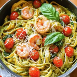- 8 oz fettuccine pasta - 1 lb large shrimp, peeled and deveined - 1/2 cup store-bought basil pesto Fettuccine pasta forms the base of this dish. It cooks nicely and holds the sauce well. Using large shrimp adds both flavor and a great texture. Basil pesto brings a wonderful herbal taste that makes this dish special. - 3 cloves garlic, minced - 1 tablespoon olive oil - 2 cups baby spinach - 1 cup cherry tomatoes, halved Garlic adds a rich flavor. Sauté it in olive oil to bring out its taste. Spinach adds color and nutrition, while cherry tomatoes provide a sweet burst. These ingredients make the dish lively and fresh. - 1 cup heavy cream - Grated Parmesan cheese for serving - Salt and pepper to taste Heavy cream gives the sauce its creamy texture. Grated Parmesan cheese adds a salty, nutty flavor. Season with salt and pepper to balance all the tastes. Together, these ingredients make a satisfying meal. Cooking the garlic and shrimp Start by heating the olive oil in a large pot over medium heat. Add the minced garlic and cook for one minute. You want it fragrant but not browned. Next, toss in the shrimp, seasoning them with salt and pepper. Cook until the shrimp turn pink, which takes about three to four minutes. Once done, remove the shrimp and set them aside. Cooking the pasta In the same pot, add the fettuccine pasta. Pour in enough water to cover the pasta by about two inches. Bring the water to a boil. Cook the pasta according to package instructions until it’s al dente. This usually takes around eight to ten minutes. Adding cream and pesto Once the pasta is cooked, lower the heat to low. Stir in the heavy cream and basil pesto. Mix everything well so that the pasta gets evenly coated. The sauce should be creamy and rich. Incorporating spinach and tomatoes Now, fold in the baby spinach and halved cherry tomatoes. Cook this mixture for two to three minutes, just until the spinach wilts and the tomatoes soften a bit. This step adds color and freshness to your dish. Reintroducing the shrimp It’s time to add the cooked shrimp back into the pot. Gently stir to combine everything and heat the shrimp through. This should take only a minute or two. Seasoning and serving suggestions Taste your pasta and add more salt and pepper if needed. When serving, sprinkle grated Parmesan cheese on top. For a nice touch, serve in shallow bowls. You can garnish with extra cheese and a drizzle of olive oil for added flavor and visual appeal. - Achieving perfect pasta texture: Cook fettuccine until it is al dente. This means it should be firm when bitten. Start checking the pasta a minute or two before the package time ends. This way, you avoid mushy pasta. - How to prevent shrimp from overcooking: Shrimp cook fast. Once they turn pink, they are done. Remove them from the heat right away. This keeps them tender and juicy. - Alternative pasta types: You can swap fettuccine for spaghetti, penne, or gluten-free pasta. Each type will change the dish's feel slightly, but they will all work well with the sauce. - Dairy-free options: To make this dish dairy-free, use coconut cream instead of heavy cream. You can also use vegan cheese instead of Parmesan for a great flavor. - Serving suggestions: Serve the pasta in shallow bowls. This makes it easy to eat and looks nice. - Enhancing visual appeal: Add an extra sprinkle of Parmesan on top. A few fresh basil leaves will add color, too. A drizzle of olive oil over the dish can make it shine and look appetizing. {{image_2}} You can swap shrimp for chicken or scallops. Both options work well. Chicken gives a hearty taste. Scallops add a sweet flavor. For a vegetarian twist, use mushrooms or zucchini. These options make the dish lighter and still tasty. Want to kick up the flavor? Try adding sun-dried tomatoes. They bring a rich taste and a pop of color. Mixing in fresh herbs like parsley or thyme can also brighten the dish. Just chop them up and stir them in at the end. If you want to try something different, make your pesto at home. Blend fresh basil, nuts, garlic, and olive oil for a bright flavor. You can also use arugula or spinach for unique pesto flavors. Each option gives a fresh twist to your creamy pesto shrimp pasta. To keep your creamy pesto shrimp pasta fresh, store it in an airtight container. Place it in the fridge. It stays good for about 3 days. Make sure it cools down before sealing. For longer storage, you can freeze the pasta. Use a freezer-safe container. It will last for up to 2 months. When you want to eat it, thaw it in the fridge overnight. The best way to reheat this dish is on the stove. Use low heat to warm it gently. Add a splash of cream or water to keep it creamy. Stir often to prevent sticking. You can also use the microwave. Heat in short bursts, stirring in between. This helps keep the shrimp and pasta from getting tough. Avoid overheating, as this can change the texture. To make creamy pesto shrimp pasta, start by cooking fettuccine. Boil it in salted water until al dente. While the pasta cooks, heat olive oil in a large pot. Add minced garlic and sauté for one minute. Then, add shrimp, season with salt and pepper, and cook until pink. Remove the shrimp and set aside. After the pasta is done, stir in heavy cream and basil pesto. Mix until the pasta is coated. Fold in baby spinach and cherry tomatoes. Cook until spinach wilts. Finally, add the shrimp back, mix, and top with Parmesan cheese. Yes, you can use frozen shrimp. Just thaw them before cooking. Place the frozen shrimp in a bowl of cold water for about 15-20 minutes. Once thawed, peel and devein them if needed. Then, follow the same cooking steps as fresh shrimp. This makes the recipe easy and quick! You can serve this pasta with a simple side salad. A fresh green salad with lemon vinaigrette pairs well. Garlic bread is another great option. It adds a nice crunch and complements the creamy sauce. For drinks, a light white wine or sparkling water can enhance the meal. Enjoy! This post covered how to make creamy pesto shrimp pasta. We explored essential ingredients like fettuccine, shrimp, and fresh herbs. I shared cooking steps, tips for perfect texture, and options for variations. You can use chicken or even skip the meat. We discussed storage and reheating for the best taste. Now, you can create a delicious meal that impresses everyone. Enjoy trying out these recipes!