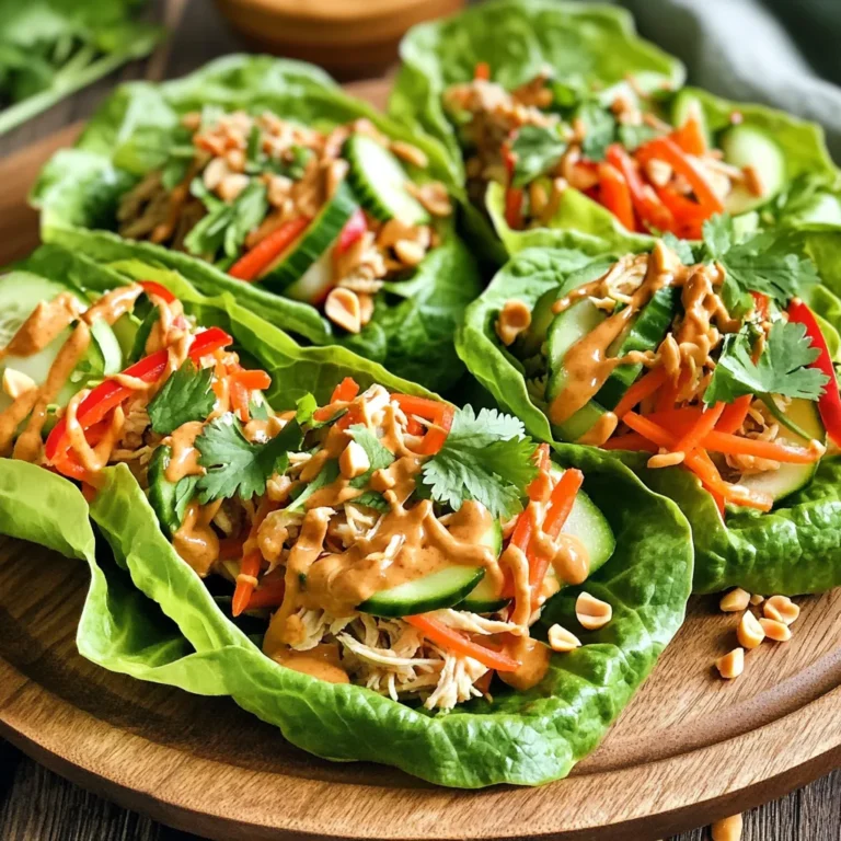 - 2 cups cooked chicken, shredded - 1/2 cup peanut butter - 1/4 cup soy sauce - 2 tablespoons honey - 1 tablespoon sriracha (or to taste) - 1 tablespoon sesame oil - 1 cup shredded carrots - 1 red bell pepper, thinly sliced - 1 cucumber, julienned - 4 large lettuce leaves (like romaine or butter lettuce) - Chopped cilantro for garnish - Crushed peanuts for garnish I love using fresh ingredients. Fresh veggies add crunch and flavor. They make the wraps vibrant and tasty. You can buy fresh chicken or cook it yourself. Store-bought rotisserie chicken saves time. It’s great when you’re busy. Fresh peanut butter gives a rich taste. If you use store-bought, check the label for quality. Look for natural ingredients without added sugar. Garnishes add fun to your wraps. Chopped cilantro gives a fresh kick. Crushed peanuts add crunch and flavor. You can also sprinkle sesame seeds for extra texture. For more heat, add sliced jalapeños. These extras make the dish special. Feel free to mix and match based on what you like! First, gather all your ingredients. You need cooked chicken, peanut butter, soy sauce, honey, sriracha, sesame oil, carrots, bell pepper, cucumber, and lettuce. 1. In a mixing bowl, add peanut butter, soy sauce, honey, sriracha, and sesame oil. 2. Whisk until the mixture is smooth and well blended. 3. In another bowl, toss the shredded chicken with half of the peanut sauce. Make sure the chicken is evenly coated. 4. Set aside the rest of the sauce for later. To make great wraps, choose fresh and crispy lettuce leaves. Romaine or butter lettuce works well. 1. Lay one lettuce leaf flat on a clean surface. 2. Place a portion of the peanut chicken in the center of the leaf. 3. Add a layer of shredded carrots, sliced bell pepper, and cucumber. 4. Fold the sides over the filling. 5. Roll it up tightly from the bottom to form a wrap. 6. Repeat with the rest of the ingredients. Serving these wraps is easy and fun. Place the wraps on a platter. Drizzle the reserved peanut sauce over the top. 1. Garnish with chopped cilantro and crushed peanuts for added flavor. 2. You can also serve them with a side of extra peanut sauce for dipping. These wraps are great for parties or quick meals. Enjoy the mix of fresh veggies and spicy peanut sauce! To make a great peanut sauce, use smooth peanut butter. Mix it well with soy sauce, honey, sriracha, and sesame oil. Whisk until it looks creamy and smooth. Taste it! Adjust the sriracha for your spice level. A little heat adds fun. This sauce is key for flavor in your wraps. To save time, use pre-cooked chicken. Shredded rotisserie chicken works well. You can also chop veggies quickly. Use a knife or a food processor for speed. Prepping your ingredients ahead helps too. Lay everything out before you start. This way, you can make the wraps fast, in just 15 minutes! Watch out for overfilling your wraps. Too much filling makes them hard to roll. Keep the toppings light and balanced. Also, don’t skip the reserved peanut sauce. It adds flavor when you serve your wraps. Lastly, ensure your lettuce is fresh. Wilted leaves won’t hold your wrap together well. {{image_2}} You can easily make these wraps vegetarian. Use cooked tofu instead of chicken. Tofu absorbs flavors well, just like chicken. For a vegan option, swap honey with maple syrup. You can also add more veggies, like bell peppers and zucchini, to boost taste and texture. Don’t have peanut butter? Try almond butter or cashew butter. Both give a nutty flavor and creamy texture. If you want less salt, use low-sodium soy sauce. For a gluten-free choice, use tamari sauce. Feel free to customize based on what you have at home. Want to change the protein in your wraps? You can use shrimp or beef for a twist. Simply cook them in a pan with a bit of sesame oil. For a lighter option, grilled chicken breast works great. Remember to keep the flavors balanced with the peanut sauce. To keep your spicy Thai peanut chicken wraps fresh, wrap them tightly. Use plastic wrap or foil. This method helps avoid air exposure, which can make them soggy. Store them in the fridge for the best taste. If you have leftover peanut sauce, store it in a sealed container. Keeping the sauce separate helps maintain the wraps' crunch. If you want to enjoy the wraps warm, it's easy to reheat. Remove them from the fridge and unwrap them. Place the chicken filling in a bowl and microwave it for about 30 seconds. Check the temperature and heat more if needed. After warming, you can reassemble the wrap with fresh lettuce and veggies. This keeps the wrap crisp and tasty. These wraps stay good for about three days in the fridge. After three days, the ingredients may not taste as fresh. If you notice any change in smell or color, it’s best to toss them out. For the best flavor, enjoy them within the first two days. This way, you get all the yummy taste of the spicy Thai peanut chicken wraps. Yes, you can make these wraps ahead of time. Wraps are best when fresh. If you prep the chicken and sauce in advance, store them in separate containers. Keep the veggies and lettuce separate too. When you are ready to eat, just assemble the wraps. This keeps everything crisp and tasty. You can serve many things with these wraps. Here are a few ideas: - Fresh fruit like mango or pineapple - A light salad with cucumber and lime - Rice noodles for a filling side - Steamed broccoli or snap peas These sides add color and fun to your meal. To make the wraps spicier, add more sriracha to the sauce. You can also sprinkle chili flakes on top. If you want the wraps milder, cut back on sriracha. Try using less sauce or swap it for a plain peanut butter. Taste as you go to get it just right. In this blog post, we explored the key ingredients and step-by-step methods for making delicious wraps. We discussed how fresh ingredients can elevate your meal, while optional garnishes can add extra flair. You learned tips for perfect peanut sauce and common mistakes to avoid. Don't forget the variations, like vegan options or different proteins, to suit your taste. Lastly, I shared storage tips to keep leftovers fresh. Dive into making your wraps, and enjoy the flavors!