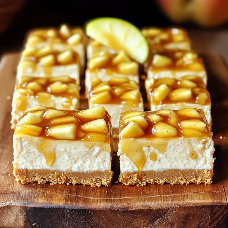 To make caramel apple cheesecake bars, gather these ingredients: - 1 ½ cups graham cracker crumbs - ½ cup unsalted butter, melted - 2 tablespoons sugar - 16 oz cream cheese, softened - ½ cup granulated sugar - 2 large eggs - 1 teaspoon vanilla extract - 2 cups diced apples (Granny Smith or Honeycrisp) - 1 teaspoon cinnamon - ¾ cup caramel sauce (store-bought or homemade) - Optional: chopped nuts for topping You can swap ingredients based on your needs. Here are some ideas: - Graham cracker crumbs: Use crushed cookies like Digestive or Oreos for a different flavor. - Unsalted butter: Coconut oil works well for a dairy-free option. - Cream cheese: Neufchâtel cheese is a lower-fat choice. - Granulated sugar: Try using brown sugar for a richer taste. - Apples: Any sweet apples will work, like Fuji or Gala. Add fun toppings or mix-ins to enhance your dessert: - Drizzle extra caramel sauce on top for more sweetness. - Sprinkle chopped nuts like pecans or walnuts for crunch. - Add chocolate chips for a sweet twist. - Top with whipped cream for an extra creamy layer. These choices can make your caramel apple cheesecake bars even more delightful! 1. Preheat your oven to 325°F (160°C). 2. Line a 9x9-inch baking pan with parchment paper, leaving some overhang. 3. In a medium bowl, mix 1 ½ cups graham cracker crumbs, ½ cup melted butter, and 2 tablespoons sugar. 4. Stir until it looks crumbly. 5. Press this mixture into the bottom of the pan to form a crust. 1. Bake the crust in the oven for 10 minutes. 2. Remove it and let it cool slightly. 3. In a large bowl, beat 16 oz softened cream cheese until creamy. 4. Add ½ cup granulated sugar and blend until smooth. 5. Mix in 2 large eggs, one at a time. 6. Add 1 teaspoon vanilla extract and stir well. 7. In another bowl, toss 2 cups diced apples with 1 teaspoon cinnamon. 8. Gently fold the apple mixture into the cream cheese batter. 9. Pour this mixture over the cooled crust and smooth it out. 10. Bake for 30-35 minutes until the edges are set. 1. Remove the cheesecake from the oven and let it cool at room temperature for about one hour. 2. Drizzle ¾ cup caramel sauce over the top. 3. Optionally, sprinkle with chopped nuts if you like. 4. Place the bars in the refrigerator for at least 3 hours to set. 5. Once set, lift the cheesecake out using the parchment overhang. 6. Cut into squares or bars and serve. To make the best cheesecake bars, start with room temperature cream cheese. Cold cream cheese can cause lumps. Always beat the cream cheese until it is smooth. This gives the bars a nice texture. Use fresh apples for a crisp bite. Granny Smith or Honeycrisp apples work well. They add a nice tartness that balances the sweetness. One common mistake is overmixing the batter. Mixing too much can add air, leading to cracks. Make sure to fold in the apples gently. You want them evenly spread without breaking them up. Also, avoid skipping the cooling step. Letting the bars cool completely helps them set properly and makes cutting easier. To enhance the flavor, add a pinch of salt to the batter. This small addition brings out the sweetness. For extra warmth, try adding nutmeg along with the cinnamon. A touch of lemon juice can also brighten the flavors. Don't forget the caramel sauce on top. It adds a rich finish that ties everything together beautifully. {{image_2}} You can use many apples for this recipe. Granny Smith apples work great. Their tartness adds a nice contrast to the sweet caramel. Honeycrisp apples are another choice. They are sweet and juicy, which makes the bars extra yummy. Fuji or Gala apples are also good. They add a bit of sweetness and crunch. Mix and match apples for fun flavors! If you want a vegan version, swap the cream cheese for a nut-based cream cheese. You can also use silken tofu blended until smooth. For eggs, try flaxseed meal mixed with water. Use a 1:3 ratio, one tablespoon of flaxseed meal to three tablespoons of water. For butter, coconut oil or vegan butter works well. This way, you still enjoy these bars without dairy! Want to jazz up your bars? Add chocolate chips for a sweet twist. Dark, milk, or white chocolate all work well. You can also mix in chopped nuts, like pecans or walnuts. They give a nice crunch and flavor. Try adding spices like nutmeg or ginger for extra warmth. Each of these touches makes your dessert even more special! To keep your caramel apple cheesecake bars fresh, store them in the fridge. Place them in an airtight container. This keeps them moist and tasty. If you don’t have a container, cover the bars with plastic wrap. They will stay good for about a week. You can freeze these cheesecake bars for later. First, cut the bars into squares. Wrap each piece in plastic wrap. Then, put them in a freezer bag or container. They can last for about two months in the freezer. When you're ready to eat, thaw them in the fridge overnight. These bars taste best when eaten fresh. If stored properly, they stay good for up to a week in the fridge. To enjoy them at their best, serve them cold after chilling. Avoid leaving them out for too long, as they can soften and lose their great texture. You can tell the bars are done when the edges look firm. The center should still jiggle a bit. If it shakes like jelly, it needs more time. Bake them for 30 to 35 minutes at 325°F. Let them cool completely before cutting. This helps them set properly. Yes, you can! If you want a twist, try using Oreo cookies for a chocolate crust. You can also use almond flour to make a gluten-free crust. Just mix it with melted butter and a bit of sugar. Press it firmly in the pan, just like the graham cracker crust. Serving these bars is fun and easy! Place them on small plates. Drizzle extra caramel sauce over each slice. You can also top them with a thin slice of apple for a nice touch. For a crunchy bite, sprinkle chopped nuts on top. Enjoy them chilled for the best flavor! You learned about making delicious caramel apple cheesecake bars. We covered the ingredients, tips, and steps for baking. Substitutions help if you lack certain items. You can also explore fun variations and storage tips for freshness. Remember to avoid common mistakes for the best taste. Enjoy these bars with different toppings and flavors. With these tips, you can impress your friends and family. Happy baking!
