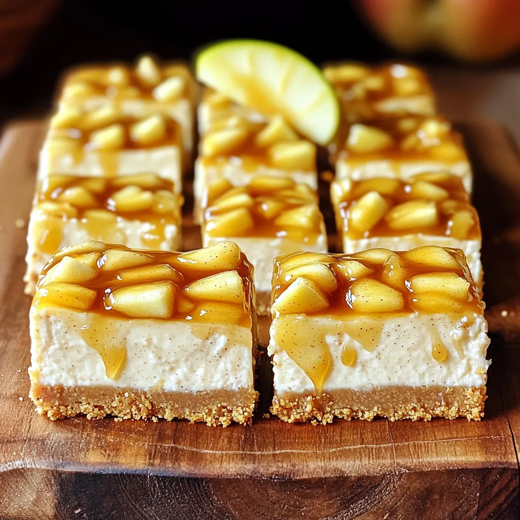 To make caramel apple cheesecake bars, gather these ingredients: - 1 ½ cups graham cracker crumbs - ½ cup unsalted butter, melted - 2 tablespoons sugar - 16 oz cream cheese, softened - ½ cup granulated sugar - 2 large eggs - 1 teaspoon vanilla extract - 2 cups diced apples (Granny Smith or Honeycrisp) - 1 teaspoon cinnamon - ¾ cup caramel sauce (store-bought or homemade) - Optional: chopped nuts for topping You can swap ingredients based on your needs. Here are some ideas: - Graham cracker crumbs: Use crushed cookies like Digestive or Oreos for a different flavor. - Unsalted butter: Coconut oil works well for a dairy-free option. - Cream cheese: Neufchâtel cheese is a lower-fat choice. - Granulated sugar: Try using brown sugar for a richer taste. - Apples: Any sweet apples will work, like Fuji or Gala. Add fun toppings or mix-ins to enhance your dessert: - Drizzle extra caramel sauce on top for more sweetness. - Sprinkle chopped nuts like pecans or walnuts for crunch. - Add chocolate chips for a sweet twist. - Top with whipped cream for an extra creamy layer. These choices can make your caramel apple cheesecake bars even more delightful! 1. Preheat your oven to 325°F (160°C). 2. Line a 9x9-inch baking pan with parchment paper, leaving some overhang. 3. In a medium bowl, mix 1 ½ cups graham cracker crumbs, ½ cup melted butter, and 2 tablespoons sugar. 4. Stir until it looks crumbly. 5. Press this mixture into the bottom of the pan to form a crust. 1. Bake the crust in the oven for 10 minutes. 2. Remove it and let it cool slightly. 3. In a large bowl, beat 16 oz softened cream cheese until creamy. 4. Add ½ cup granulated sugar and blend until smooth. 5. Mix in 2 large eggs, one at a time. 6. Add 1 teaspoon vanilla extract and stir well. 7. In another bowl, toss 2 cups diced apples with 1 teaspoon cinnamon. 8. Gently fold the apple mixture into the cream cheese batter. 9. Pour this mixture over the cooled crust and smooth it out. 10. Bake for 30-35 minutes until the edges are set. 1. Remove the cheesecake from the oven and let it cool at room temperature for about one hour. 2. Drizzle ¾ cup caramel sauce over the top. 3. Optionally, sprinkle with chopped nuts if you like. 4. Place the bars in the refrigerator for at least 3 hours to set. 5. Once set, lift the cheesecake out using the parchment overhang. 6. Cut into squares or bars and serve. To make the best cheesecake bars, start with room temperature cream cheese. Cold cream cheese can cause lumps. Always beat the cream cheese until it is smooth. This gives the bars a nice texture. Use fresh apples for a crisp bite. Granny Smith or Honeycrisp apples work well. They add a nice tartness that balances the sweetness. One common mistake is overmixing the batter. Mixing too much can add air, leading to cracks. Make sure to fold in the apples gently. You want them evenly spread without breaking them up. Also, avoid skipping the cooling step. Letting the bars cool completely helps them set properly and makes cutting easier. To enhance the flavor, add a pinch of salt to the batter. This small addition brings out the sweetness. For extra warmth, try adding nutmeg along with the cinnamon. A touch of lemon juice can also brighten the flavors. Don't forget the caramel sauce on top. It adds a rich finish that ties everything together beautifully. {{image_2}} You can use many apples for this recipe. Granny Smith apples work great. Their tartness adds a nice contrast to the sweet caramel. Honeycrisp apples are another choice. They are sweet and juicy, which makes the bars extra yummy. Fuji or Gala apples are also good. They add a bit of sweetness and crunch. Mix and match apples for fun flavors! If you want a vegan version, swap the cream cheese for a nut-based cream cheese. You can also use silken tofu blended until smooth. For eggs, try flaxseed meal mixed with water. Use a 1:3 ratio, one tablespoon of flaxseed meal to three tablespoons of water. For butter, coconut oil or vegan butter works well. This way, you still enjoy these bars without dairy! Want to jazz up your bars? Add chocolate chips for a sweet twist. Dark, milk, or white chocolate all work well. You can also mix in chopped nuts, like pecans or walnuts. They give a nice crunch and flavor. Try adding spices like nutmeg or ginger for extra warmth. Each of these touches makes your dessert even more special! To keep your caramel apple cheesecake bars fresh, store them in the fridge. Place them in an airtight container. This keeps them moist and tasty. If you don’t have a container, cover the bars with plastic wrap. They will stay good for about a week. You can freeze these cheesecake bars for later. First, cut the bars into squares. Wrap each piece in plastic wrap. Then, put them in a freezer bag or container. They can last for about two months in the freezer. When you're ready to eat, thaw them in the fridge overnight. These bars taste best when eaten fresh. If stored properly, they stay good for up to a week in the fridge. To enjoy them at their best, serve them cold after chilling. Avoid leaving them out for too long, as they can soften and lose their great texture. You can tell the bars are done when the edges look firm. The center should still jiggle a bit. If it shakes like jelly, it needs more time. Bake them for 30 to 35 minutes at 325°F. Let them cool completely before cutting. This helps them set properly. Yes, you can! If you want a twist, try using Oreo cookies for a chocolate crust. You can also use almond flour to make a gluten-free crust. Just mix it with melted butter and a bit of sugar. Press it firmly in the pan, just like the graham cracker crust. Serving these bars is fun and easy! Place them on small plates. Drizzle extra caramel sauce over each slice. You can also top them with a thin slice of apple for a nice touch. For a crunchy bite, sprinkle chopped nuts on top. Enjoy them chilled for the best flavor! You learned about making delicious caramel apple cheesecake bars. We covered the ingredients, tips, and steps for baking. Substitutions help if you lack certain items. You can also explore fun variations and storage tips for freshness. Remember to avoid common mistakes for the best taste. Enjoy these bars with different toppings and flavors. With these tips, you can impress your friends and family. Happy baking!